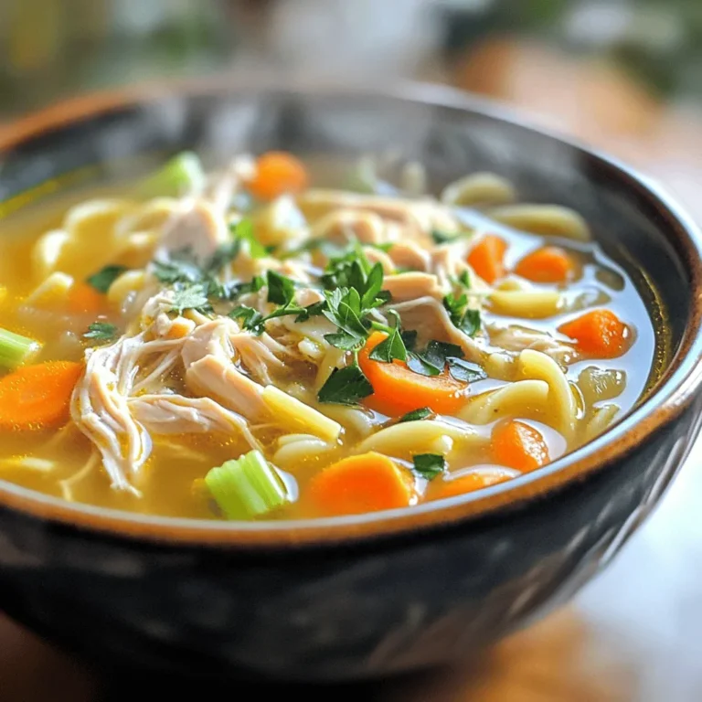 - 1 lb boneless, skinless chicken thighs - 2 medium carrots, sliced - 2 celery sticks, diced - 1 medium onion, chopped - 3 cloves garlic, minced For this recipe, I love using chicken thighs. They stay juicy and flavorful. You can also use chicken breasts if you prefer. Fresh veggies add color and taste. Carrots, celery, and onion form a classic base. Garlic adds a nice kick and aroma. - 1 teaspoon dried thyme - 1 teaspoon dried rosemary - 1 bay leaf - Fresh parsley, chopped (for garnish) Herbs elevate the soup's flavor. Thyme and rosemary bring warmth and depth. The bay leaf adds a lovely subtlety. Don’t forget fresh parsley at the end. It adds freshness and makes your soup look pretty. - 8 cups low-sodium chicken broth - 2 cups egg noodles - 2 tablespoons olive oil - Salt and pepper to taste Low-sodium chicken broth is key. It allows you to control the saltiness. Olive oil helps sauté the veggies and adds richness. Egg noodles soak up the flavors well. Always taste and adjust the salt and pepper as needed. - Fresh parsley - Additional spices Garnishes make a dish special. Fresh parsley adds a pop of color. You can also sprinkle in some extra spices if you like. A pinch of red pepper flakes can add heat for those who enjoy a kick. You can find the Full Recipe at the end for all the steps! Preparing the vegetables Start by washing and chopping your vegetables. Slice your carrots into thin rounds. Dice the celery sticks into small pieces. Chop the onion into small bits. Mince the garlic cloves finely. This prep makes your soup more tasty and colorful. Searing the chicken Next, heat two tablespoons of olive oil in a large pot over medium heat. Once hot, add the chopped onion. Sauté for about 3-4 minutes until it is soft and clear. Then, add the minced garlic, sliced carrots, and diced celery. Stir these for another 5 minutes until they soften a bit. Push the veggies to the sides of the pot. Place 1 pound of boneless, skinless chicken thighs in the center. Sear the chicken for 2-3 minutes on each side until it turns golden brown. This step locks in the flavors. Sautéing and adding ingredients After searing the chicken, pour in 8 cups of low-sodium chicken broth. Add 1 teaspoon of dried thyme, 1 teaspoon of dried rosemary, and 1 bay leaf. Sprinkle in salt and pepper to taste. Bring this mixture to a boil. The aroma will start to fill your kitchen! Simmering the soup Once it boils, lower the heat to a gentle simmer. Cover the pot and let it cook for 20-25 minutes. This allows the chicken to cook and the flavors to meld. Shredding chicken When the chicken is fully cooked, take it out of the pot. Let it cool for a few minutes. Use two forks to shred the chicken into bite-sized pieces. Adding noodles Return the shredded chicken to the pot. Add 2 cups of egg noodles and stir. Simmer for another 8-10 minutes until the noodles are soft. Taste your soup and adjust the salt and pepper if needed. Don’t forget to remove the bay leaf before serving! Garnish each bowl with fresh chopped parsley for a bright touch. Enjoy your Homemade Chicken Noodle Soup! For a complete guide, check out the Full Recipe. - Choosing the right chicken: I recommend using boneless, skinless chicken thighs. They stay moist and tender. Thighs bring rich flavor to the soup. If you prefer, you can also use chicken breasts, but they may dry out. - Importance of low-sodium broth: Using low-sodium chicken broth helps control salt levels. You can always add salt later, but you can't take it out once added. This broth also lets the flavors of the chicken and veggies shine through. - Alternative vegetables: You can mix in other veggies. Try adding peas, corn, or spinach. These add color and nutrients. Experiment with what you have in your fridge. - Gluten-free noodles: If you need a gluten-free option, use rice noodles or gluten-free pasta. They work well in the soup and still taste great. - Pairing with bread: Serve your soup with bread. A warm, crusty baguette or soft rolls makes a perfect match. Dipping bread in the soup adds a cozy touch. - Recommended side dishes: Consider a simple side salad or steamed vegetables. These pair well and add balance to your meal. You can also enjoy it with a light fruit salad for a refreshing finish. {{image_2}} You can make low-calorie changes to your soup. Use skinless chicken breasts instead of thighs. This cuts fat but keeps it tasty. You can also switch to whole wheat noodles for extra fiber. For a lighter version, use vegetable broth instead of chicken broth. If you are looking for vegetarian adaptations, try using chickpeas or lentils. These add protein and texture. You can replace chicken with tofu or seitan as well. Add your favorite veggies to make it heartier. To give your soup some spice, add red pepper flakes or cayenne pepper. This will make the soup warm and exciting. You can also try adding a splash of hot sauce for a kick. Using different herbs can change the taste too. Fresh basil or cilantro can give a fresh twist. You might also like to add a bit of lemon zest to brighten the flavors. I love making memory meals. This soup is a great way to bond with kids. You can let them help with simple tasks, like adding noodles or herbs. For simplified flavors, keep it mild. Skip strong spices and stick to salt and pepper. Use fun shapes of pasta to make it more appealing. Kids love a little playfulness in food. To store leftovers, let the soup cool down first. Pour it into an airtight container. This keeps the soup fresh and tasty. You can store it in the fridge for up to four days. Make sure it's sealed well to avoid any fridge odors. For freezing, use a freezer-safe container. Leave some space at the top for expansion. This soup can last in the freezer for up to three months. When you're ready to eat it, thaw it in the fridge overnight. This keeps it safe and helps the flavor stay strong. To reheat your soup, you can use the stove or microwave. On the stove, heat it gently over medium heat. Stir often to avoid burning. If using the microwave, heat in short bursts, stirring in between. This helps keep the noodles from getting too soft. Always check the temperature before serving. You want it hot but not boiling. Enjoy your comforting bowl of chicken noodle soup! Homemade chicken noodle soup lasts about 3 to 4 days in the fridge. Store it in an airtight container. Make sure to cool it down before putting it away. If you want to keep it longer, freeze it. It can last up to 3 months in the freezer. Yes, you can use rotisserie chicken. It saves time and adds flavor. Just shred the chicken and add it to the soup. This is a great way to make the soup faster when you are busy. Many side dishes pair well with chicken noodle soup. Here are some popular choices: - Crusty bread - Grilled cheese sandwich - Simple green salad - Crackers or breadsticks These sides add more texture and flavor to your meal. You can make chicken noodle soup in a slow cooker. Just follow these steps: 1. Add all the ingredients except the noodles to the slow cooker. 2. Cook on low for 6 to 8 hours or on high for 3 to 4 hours. 3. After cooking, shred the chicken and return it to the pot. 4. Add the egg noodles and cook for an additional 30 minutes on high. This method makes it easy and hands-off, perfect for busy days. For the full recipe, check the cooking instructions above. In summary, you learned about key ingredients for great chicken noodle soup, from fresh chicken and veggies to pantry staples and garnishes. I shared step-by-step instructions for preparation, cooking, and the final touches. You got tips on cooking, substitutions, and serving ideas. Variations included health-conscious and kid-friendly options. Finally, we covered storage and FAQs to make your soup last. Now it's time for you to create your own delicious version. Enjoy the warmth and flavor of homemade soup!