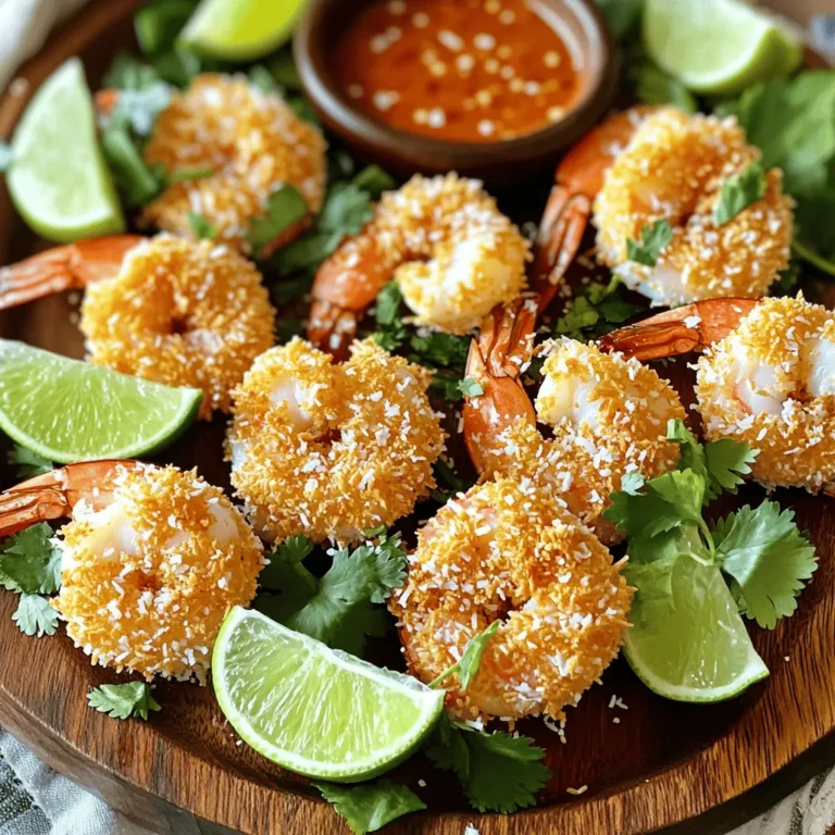 - 1 pound large shrimp, peeled and deveined - 1 cup shredded coconut (sweetened or unsweetened) - 1 cup panko breadcrumbs - 1/2 cup all-purpose flour - 2 large eggs - 1 teaspoon garlic powder - 1 teaspoon paprika - Salt and pepper to taste - Oil for frying (coconut oil or vegetable oil) Gathering the right ingredients is key to making easy coconut shrimp. The shrimp should be large, peeled, and deveined for the best results. You can use sweetened or unsweetened shredded coconut based on your taste. Panko breadcrumbs add crunch, while all-purpose flour helps the coating stick. The two eggs will bind everything together. For seasoning, garlic powder and paprika add flavor. Don't forget salt and pepper to enhance the taste. Choose coconut oil or vegetable oil for frying; both will give a nice crispiness. You can find the full recipe with step-by-step instructions to create this delicious dish. Cooking is all about using good ingredients. This makes the shrimp not just tasty but also fun to make. Enjoy the process! - Place flour in one bowl. - Beat eggs in another bowl. - Mix panko breadcrumbs with shredded coconut, garlic powder, paprika, salt, and pepper in a third bowl. Setting up your breading station is key. It makes the process smooth and fun. Each bowl plays its own role in making the shrimp crispy and tasty. The flour helps the egg stick, the egg binds the crumbs, and the coconut-panko mix gives that perfect crunch. - Rinse the shrimp and pat dry with paper towels. - Coat shrimp in flour, then eggs, and finally the coconut-panko mixture. Start by rinsing the shrimp. This step ensures they are clean and ready to cook. Dry them well with paper towels. Next, coat them first in flour. This helps the egg stick. Then dip them in the eggs. Finally, roll them in the coconut-panko mix. Press gently to get a nice layer on each shrimp. - Heat oil in a frying pan over medium heat. - Fry shrimp for 2-3 minutes on each side until golden brown. Heat about 1/4 inch of oil in a large frying pan. Wait until the oil shimmers. This shows it’s hot enough. Carefully add the shrimp to the pan. Fry for about 2-3 minutes on each side. Look for a golden brown color. This means they are crispy and ready. Once cooked, place them on paper towels to drain excess oil. This cooking method gives you that delightful crunch. It's the perfect way to enjoy your shrimp! For the complete recipe, check out the Full Recipe. To make your shrimp crispy, fry in batches. This keeps the oil hot and helps each shrimp cook well. Overcrowding the pan can lead to soggy shrimp. Be patient and fry just a few at a time. Next, watch the oil temperature. Heat oil until it shimmers but not too hot that it burns the shrimp. Use a thermometer if you have one. A steady medium heat is key to that perfect crunch. These coconut shrimp shine with a sweet chili sauce or mango salsa on the side. The sweet dip pairs perfectly with the crispy shrimp. You can also try a spicy sauce for a kick. Add lime wedges and fresh cilantro to your plate. The lime adds a fresh zing, while cilantro gives a pop of color. These simple additions make your dish look and taste even better. For the full recipe, check out the complete guide. {{image_2}} You can spice up your coconut shrimp with a few easy tweaks. First, add cayenne pepper or chili powder for a kick. This adds a nice heat that contrasts with the sweet coconut. You can also play with different types of breadcrumbs. Try plain breadcrumbs, seasoned ones, or even crushed crackers. Each choice gives a unique crunch. Coconut shrimp is versatile. Serve it as an appetizer, main dish, or snack. For a fun touch, pair it with dipping sauces. Sweet chili sauce is a classic choice, but you could also use spicy aioli. A citrus vinaigrette adds a fresh twist. Each dip changes the flavor profile, making each bite exciting. Enjoy experimenting with these ideas! For the full recipe, check out the details above. To keep your coconut shrimp fresh, cool them completely. Place them in an airtight container. This method helps to keep them from getting soggy. You can refrigerate your shrimp for up to 2 days. Make sure to eat them within this time for the best taste. When it’s time to enjoy your leftover shrimp, you have options. For the best texture, use the oven. Preheat it to 375°F (190°C). Place the shrimp on a baking sheet and heat for about 10 minutes. This method makes them crispy again. If you're in a hurry, you can use the microwave. Place the shrimp on a microwave-safe plate and cover them with a paper towel. Heat in short bursts of 30 seconds. Check often to avoid overcooking. Though this method is faster, it may not keep the shrimp crispy. For full details on how to make this delicious dish, check out the Full Recipe. Yes, but thaw thoroughly before preparing. Frozen shrimp can work well if you defrost them first. To thaw, place shrimp in the fridge overnight or run them under cold water for quick results. This step ensures the shrimp cook evenly and stay juicy. You can use regular breadcrumbs or crushed cornflakes for a different texture. Both options give a nice crunch. Regular breadcrumbs will be finer, while crushed cornflakes add a fun twist. Choose based on what you have at home. Use gluten-free flour and breadcrumbs. Many brands offer great gluten-free options. This way, you can enjoy crispy coconut shrimp without any gluten. Always check the labels to ensure they are safe for your dietary needs. We covered how to make tasty coconut shrimp with simple steps. You learned about required ingredients, cooking tips, and serving ideas. Remember to prep well for a crispy finish. You can adjust flavors and serve this dish in many ways. Enjoy experimenting with your coconut shrimp, and don't forget to store leftovers properly. Whether it's a snack or a full meal, this dish is sure to impress!