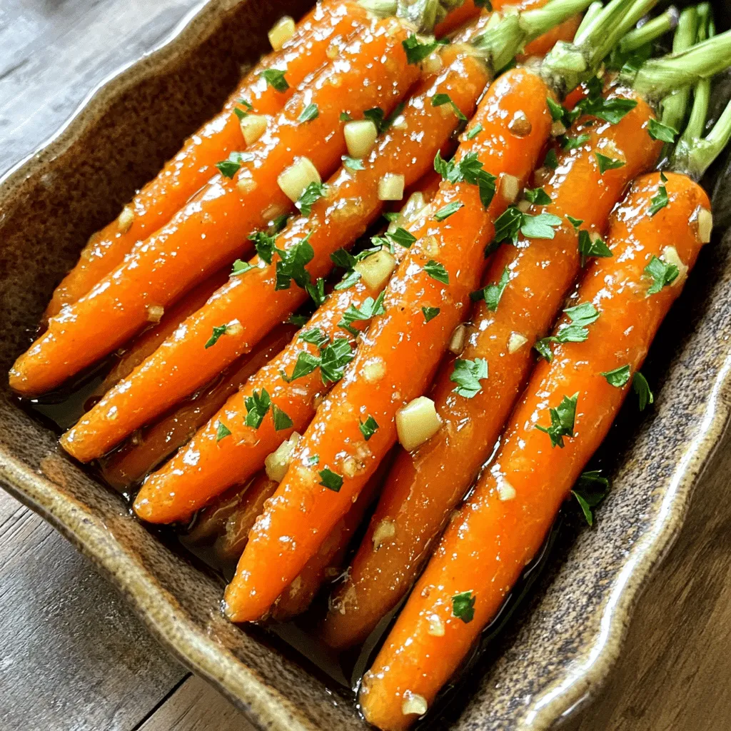 To make honey garlic glazed carrots, you need the following items: - 1 lb baby carrots (or regular carrots, peeled and sliced) - 3 tablespoons honey - 2 tablespoons olive oil - 3 cloves garlic, minced - 1 tablespoon soy sauce (low sodium preferred) - 1 teaspoon fresh ginger, grated - Salt and pepper to taste - Fresh parsley, chopped (for garnish) These ingredients work together to create a sweet and savory flavor that enhances the carrots. When choosing carrots, look for these signs of freshness: - Bright color: Choose carrots that are vibrant and rich in color. - Firm texture: They should feel hard and not bend easily. - No blemishes: Avoid carrots with soft spots or signs of decay. Fresh carrots will give you the best taste and crunch in your dish. If you don't have some ingredients on hand, here are a few swaps you can try: - Maple syrup instead of honey for a different sweet flavor. - Coconut oil can replace olive oil for a unique taste. - Garlic powder can work if you are out of fresh garlic. These changes can still give you tasty honey garlic glazed carrots. For the complete recipe, check out the Full Recipe section. Start by washing your carrots. If you use regular carrots, peel them first. Cut them into even pieces. This helps them cook at the same rate. Baby carrots can go right into the bowl. They look cute and cook quickly. Aim for uniform size for even roasting. In a large bowl, combine honey, olive oil, minced garlic, soy sauce, and grated ginger. Use a whisk to mix them well. This creates a sweet, sticky glaze. The garlic adds a nice kick, while the ginger brings warmth. Make sure everything blends together nicely. Preheat your oven to 400°F (200°C). Line a baking sheet with parchment paper. This makes cleanup easy. Place the carrots on the sheet in a single layer. Pour any leftover glaze over the carrots. Roast for 25 to 30 minutes. Toss them halfway through for even cooking. The carrots should come out tender and caramelized. Finish by seasoning with salt and pepper. Garnish with fresh parsley for a pop of color. This dish is a sweet and savory delight. Check the full recipe for more details. For the best honey garlic glazed carrots, start with fresh, crisp carrots. Baby carrots work great, but regular ones can shine too. If you use regular carrots, slice them evenly for even cooking. This ensures every piece cooks at the same rate. Coat the carrots well in the honey-garlic mixture. This glaze is key to that sweet and savory flavor. Toss them halfway through roasting for a nice caramelization. Adjust the sweetness to match your taste. If you like it sweeter, add a bit more honey. If you prefer a stronger garlic flavor, add more minced garlic. A dash of soy sauce brings a nice salty balance. You can also add fresh ginger for a zing. Just remember to taste as you go. This way, you can find that perfect blend of flavors. Honey garlic glazed carrots pair well with many dishes. Serve them alongside roasted meats for a complete meal. They also shine with grilled fish or chicken. For a vegetarian option, try them with quinoa or rice. Garnish with fresh parsley for a pop of color. You can find the full recipe for these tasty carrots online to create this delightful dish. {{image_2}} You can add fresh herbs to your honey garlic glazed carrots for a new twist. Try thyme or rosemary. These herbs bring a fresh taste that pairs well with the sweetness of honey. Just chop a tablespoon of fresh herbs and mix them in with the glaze. The herbs will add depth and aroma to the dish. Carrots are great, but you can mix in other veggies. Sweet potatoes, parsnips, or bell peppers work well. Cut these into similar sizes as the carrots. This way, they cook evenly. Toss them in the honey garlic mix just like the carrots. You’ll enjoy a colorful and tasty side dish. If you like a kick, try adding red pepper flakes. Start with a pinch and taste. You can always add more if you want. The heat balances the sweet glaze perfectly. This version gives your dish an exciting flavor. It's a fun twist that keeps things interesting. Explore these variations to find your favorite! You can mix and match based on what you have at home or your mood. For the full recipe, refer to the Sweet & Sticky Honey Garlic Carrots section. After enjoying your honey garlic glazed carrots, let them cool completely. Place them in an airtight container. Make sure to keep them in the fridge. They stay fresh for about three to five days. If you want to keep them longer, consider freezing. To reheat, use a microwave-safe dish. Cover the carrots with a damp paper towel. Heat for one to two minutes, stirring halfway. You can also reheat them on the stove. Add a splash of water to keep them moist. Heat on low, stirring gently until warmed through. You can freeze the glazed carrots for up to three months. First, let them cool completely. Spread them on a baking sheet in a single layer. Freeze for about two hours until solid. Then transfer them to a freezer bag. Remove as much air as possible before sealing. This helps prevent freezer burn. When you're ready to eat, thaw them in the fridge overnight before reheating. For more details, check the Full Recipe. To make honey garlic glazed carrots vegan, simply swap honey for maple syrup. Maple syrup gives a sweet and rich flavor. Use the same amount as honey in the recipe. The rest of the ingredients remain the same. This change keeps the dish tasty and vegan-friendly. Yes, you can use different types of carrots! Regular carrots, baby carrots, or even rainbow carrots work well. Just peel and slice them to make sure they cook evenly. The size and shape don’t matter as long as they are all similar. Different carrots add unique colors and flavors to the dish. Honey garlic glazed carrots pair well with many dishes. They go great with roasted chicken or grilled salmon. You can also serve them alongside rice or quinoa for a healthy meal. Try adding them to a veggie platter or as part of a holiday feast. Their sweet and savory taste makes them a perfect side dish. For more ideas, check out the Full Recipe. This blog post covered how to make honey garlic glazed carrots. We discussed the best ingredients, tips for choosing fresh carrots, and possible substitutes. I shared step-by-step instructions to prepare, whisk, and roast your carrots perfectly. You learned useful tips to adjust flavors and some fun variations, including a spicy option. Lastly, I explained how to store, reheat, and freeze leftovers. Delicious honey garlic glazed carrots can elevate any meal, so enjoy experimenting!