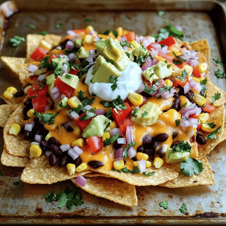 To start, gather the main ingredients for your loaded veggie nachos. Here’s what you need: - 1 large bag of tortilla chips - 1 cup black beans, drained and rinsed - 1 cup corn kernels (fresh or frozen) - 1 red bell pepper, diced - 1 yellow bell pepper, diced - 1 small red onion, finely chopped - 1 jalapeño, sliced (optional) - 1 cup shredded cheese (cheddar and mozzarella blend) These ingredients mix together for a colorful and tasty nacho base. The black beans add fiber and protein. The corn gives a sweet crunch. The bell peppers and onion add flavor and color. You can customize your nachos with these optional toppings: - 1 avocado, diced - 1/2 cup Greek yogurt or sour cream - 1/4 cup fresh cilantro, chopped - 2 tablespoons lime juice - Salt and pepper to taste - Hot sauce (optional, for serving) Adding avocado brings creaminess. Greek yogurt or sour cream adds tang. Fresh cilantro adds a burst of freshness. Lime juice brightens the flavors. Choosing the right cheese is key to delicious nachos. I often use a blend of cheddar and mozzarella. Cheddar gives a sharp taste. Mozzarella melts beautifully. You can also try pepper jack for a spicy kick. For the full recipe, check out the [Full Recipe] section. This ensures you have all the details you need to create your loaded veggie nachos. Enjoy experimenting with flavors! Start by preheating your oven to 350°F (175°C). This step is key for melting the cheese just right. Grab a large baking sheet and spread the tortilla chips in a single layer. Make sure they don’t overlap. This helps each chip get nice and crunchy. In a mixing bowl, combine the black beans, corn, diced red and yellow bell peppers, and red onion. If you like some heat, add in the jalapeño slices. Squeeze in the lime juice, and season with salt and pepper. Mix all the ingredients well until combined. This veggie mix adds flavor and color to your nachos. Once your veggie mix is ready, evenly distribute it over the tortilla chips. This step ensures every chip gets a taste of that fresh veggie goodness. Now, sprinkle a generous amount of shredded cheese on top. Place the baking sheet in your preheated oven. Bake for about 10 to 12 minutes. Keep an eye on it until the cheese is melted and bubbly. After removing it from the oven, let the nachos cool for a minute. Top them with diced avocado, a dollop of Greek yogurt or sour cream, and a sprinkle of fresh cilantro. Enjoy your loaded veggie nachos! For the complete guide, check the Full Recipe. To make your nachos shine, season the veggie mix well. Use salt and pepper to taste. You can also add chili powder or cumin for a kick. A sprinkle of garlic powder boosts the flavor too. Just mix these in with the beans and veggies. This step takes your nachos from good to great! Layering is key for crunchy nachos. Start with a layer of tortilla chips. Then, add a generous scoop of your veggie mix. Sprinkle cheese on top before adding more chips and veggies. This creates a crunchy base and keeps the chips from getting soggy. Repeat this until you run out of ingredients. To prevent soggy nachos, serve them right after baking. Use fresh chips for a crispier bite. Avoid adding toppings like sour cream too early. Wait until just before serving to add those toppings. This keeps everything fresh and crunchy. If you follow these tips, your nachos will be a hit! For the full recipe, check out the detailed instructions above. {{image_2}} You can use many cheeses for loaded veggie nachos. Cheddar gives a sharp taste. Mozzarella melts well and adds creaminess. Pepper jack brings some heat to your dish. You might also try feta for a tangy twist. Mixing these cheeses can create a rich flavor. Choose your favorites based on your taste. Adding protein makes nachos more filling. Tofu works well for a plant-based option. Just cube the tofu and sauté it with some spices. Chicken adds a savory touch. Cook it with taco seasoning for extra flavor. Either option will boost the nutrition and taste of your nachos. For those who like spice, add more peppers. Sliced jalapeños are a classic choice. You can also use serrano or habanero for more heat. Roasting peppers before adding them gives a smoky taste. If you want a milder spice, consider sweet peppers. Adjust the heat to suit your crowd. After you enjoy your loaded veggie nachos, you may have some left. Store them in an airtight container. This keeps them fresh for about two days. Avoid stacking them too high to prevent sogginess. Keep any toppings, like avocado or yogurt, separate. This way, they stay fresh and tasty. To heat leftover nachos, place them on a baking sheet. Preheat your oven to 350°F (175°C). Bake for about 5-7 minutes. This helps the cheese melt again and keeps the chips crunchy. You can also use a microwave, but watch out! It can make the chips soft. Heat in short bursts, checking often. You can freeze some of the ingredients for later use. Black beans and corn freeze well. Place them in freezer bags and remove as much air as possible. This keeps them fresh for up to three months. Just remember, nachos do not freeze well. They lose their crunchy texture when thawed. Use the full recipe to enjoy fresh nachos whenever you want! Yes, you can prepare some parts ahead. Cook the veggie mix and store it in the fridge. You can also cut the toppings like avocado and cilantro. When you are ready to eat, just layer everything on the chips and bake. This saves time and makes serving easy. The best vegetables for nachos include: - Bell peppers (red and yellow) for sweetness - Red onion for sharpness - Corn for crunch - Jalapeños for heat (if you like spice) You can also add black beans for protein and fiber. Feel free to mix and match your favorites! To make nachos healthier, try these tips: - Use whole grain tortilla chips for more fiber. - Load up on veggies like spinach, mushrooms, or zucchini. - Swap regular cheese for low-fat cheese or a plant-based option. - Replace sour cream with Greek yogurt for added protein. These changes keep the taste delicious while boosting nutrition. For the full recipe, check the details above! Loaded veggie nachos are fun and tasty. We covered the main ingredients, step-by-step prep, and tips for crunch. Plus, we explored many delicious variations that make nachos exciting. Remember to store leftovers wisely for the best taste later. By following these methods, you’ll make nachos everyone loves. Enjoy the flavors and creativity these nachos bring to your table. Dive in, and happy cooking!