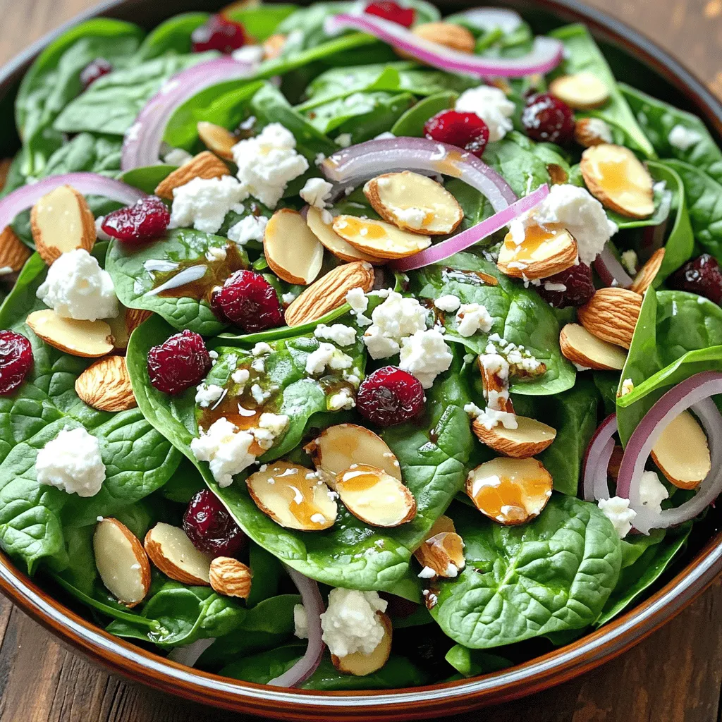 To make a great spinach and almond salad, you need fresh and tasty items. Here’s what I use: - 4 cups fresh spinach, washed and dried - 1 cup sliced almonds, toasted - 1/2 cup dried cranberries - 1/2 cup feta cheese, crumbled - 1/4 red onion, thinly sliced These ingredients blend well together. Spinach is full of vitamins. Almonds add a nice crunch. Dried cranberries bring sweetness, while feta adds creaminess. Red onion gives a slight bite to the mix. The dressing makes this salad shine. For my favorite dressing, I use: - 1/4 cup olive oil - 2 tablespoons balsamic vinegar - 1 tablespoon honey - Salt and pepper to taste This dressing is simple yet delicious. The olive oil gives a smooth texture. Balsamic vinegar adds tanginess. Honey brings a hint of sweetness. Salt and pepper round out the flavors. You whisk them all together until mixed well. Want to make this salad your own? You can add a few extras. Here are some ideas: - Grilled chicken for protein - Avocado for creaminess - Quinoa for added texture Feel free to mix and match these options. They can make your salad even better. For the full recipe, check out the details above. To start, you need to prepare your ingredients. First, wash and dry 4 cups of fresh spinach. This step keeps your salad crisp. Next, toast 1 cup of sliced almonds in a dry skillet over medium heat. Stir them for about 3-4 minutes until they turn golden brown. This brings out their nutty flavor. Let the almonds cool before adding them to the salad. Slice 1/4 of a red onion thinly. This adds a nice crunch and flavor. Lastly, measure out 1/2 cup of dried cranberries and 1/2 cup of crumbled feta cheese. Now it's time to assemble the salad. In a large bowl, combine the spinach, toasted almonds, dried cranberries, crumbled feta, and sliced red onion. Make sure to mix these ingredients well. This salad is colorful and full of texture. You’ll love how the sweet cranberries balance with the salty feta. For the dressing, take a small bowl. Whisk together 1/4 cup of olive oil, 2 tablespoons of balsamic vinegar, and 1 tablespoon of honey. Add salt and pepper to taste. This dressing adds a tangy and sweet flavor. Pour the dressing over the salad mixture. Gently toss everything until the ingredients are coated. Enjoy this delicious Spinach and Almond Salad right away! For the full recipe, check out the detailed instructions above. Toasting almonds brings out their flavor. Use a dry skillet over medium heat. Stir them often for even browning. It takes about 3-4 minutes. Watch closely to avoid burning. Once they turn golden, take them off the heat. Let them cool before adding to your salad. This step makes a big difference in taste. Fresh spinach adds color and nutrients. When choosing spinach, look for bright green leaves. Avoid any that look wilted or yellow. Wash the leaves gently under cold water. Dry them well using a salad spinner or paper towels. Store spinach in a sealed bag in the fridge. Use it within a few days for the best taste. Serving your salad can be fun. Use a large platter for gatherings. For individual servings, use small bowls. This makes it easy for guests to enjoy. You can add extra toppings like cranberries or feta for a special touch. Drizzle the dressing just before serving. This keeps the salad fresh and crisp. For a twist, serve it with grilled chicken or shrimp. It adds protein and makes it a full meal. For the full recipe, check the earlier section. {{image_2}} You can easily make a vegan version of this salad. Simply skip the feta cheese. Instead, add avocado for creaminess. You can also toss in some nutritional yeast. It gives a cheesy flavor without dairy. This version keeps the salad light and healthy. You’ll love the crunch from the almonds and the sweetness from the cranberries. For a keto-friendly spin, we can swap out the dried cranberries. Use fresh berries instead. This change cuts down on sugar and carbs. You can also use a creamy dressing made with avocado oil and lemon juice. This keeps your meal low in carbs but still full of flavor. The toasted almonds add a satisfying crunch to each bite. Want to make this salad more filling? Add grilled chicken on top. It adds protein and makes the salad a complete meal. You could also use shrimp or tofu for variety. Each option brings its own flavor and texture. Simply slice your protein and layer it on the salad before serving. This step makes the dish more hearty and satisfying. For the full recipe, check out the delicious details above! You can store your spinach and almond salad in the fridge. First, keep the salad in a sealed container. If you have leftover dressing, store it separate. This helps keep the salad fresh and crunchy. Choose airtight containers for the best results. Glass containers work well and won't stain. If you pick plastic, make sure it is BPA-free. You can also use a salad spinner with a lid for easy storage. Try to eat the leftovers within two days. The spinach can wilt and lose its taste after that. If you notice any brown spots, it's time to toss the salad. For the best flavor, use the Full Recipe for fresh servings! Yes, you can! Other nuts like walnuts or pecans work well. They add a nice crunch and flavor. Use what you have on hand. Just remember to toast them for extra taste. Toasting brings out the best in nuts. So, feel free to get creative with your choice. Spinach is a superfood! It is low in calories but packed with nutrients. It has high levels of vitamins A and C. These vitamins help keep your skin and eyes healthy. Spinach also contains iron, which is good for your blood. Plus, it has fiber to help digestion. Eating spinach supports heart health and may lower blood pressure. Add it to your diet for a big boost! The dressing lasts about a week in the fridge. Store it in a sealed container for best results. If you see any separation, just give it a quick shake before using. This dressing is easy to make and keeps well. You can enjoy it on other salads too! For the full recipe, check out the Spinach and Almond Salad. This post covered how to create a tasty spinach and almond salad. We explored key ingredients, easy steps, and smart tips. You learned about dressings, storage, and variations. No matter your diet, this salad fits well. Remember to have fun with it! Use fresh ingredients for the best taste. Enjoy your healthy meals and feel great!