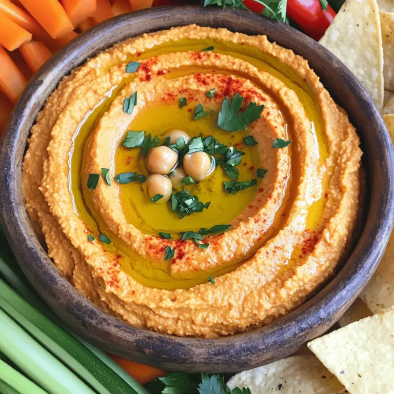 - 1 cup canned chickpeas, drained and rinsed - 1 large roasted red pepper (jarred or homemade) - 2 tablespoons tahini - 2 tablespoons olive oil In this recipe, chickpeas serve as the base. They bring protein and fiber. Roasted red pepper adds a sweet and smoky flavor. It gives the hummus a vibrant color. Tahini provides creaminess and a nutty taste. Olive oil enhances the texture and richness. - 1 garlic clove, minced - 1 tablespoon lemon juice - 1/2 teaspoon cumin - Salt to taste Garlic adds a zesty kick. Lemon juice brightens the flavor. Cumin brings warmth, while salt enhances all the tastes. You can adjust these to suit your taste. Feel free to skip or add more as you wish. - Fresh parsley - Paprika or extra olive oil Garnish your hummus for a fresh look. Chopped parsley adds color and a hint of earthiness. Sprinkling paprika gives a pop of flavor and visual appeal. A drizzle of olive oil on top makes it shine. To make roasted red pepper hummus, start by gathering your ingredients. You need canned chickpeas, a roasted red pepper, tahini, olive oil, garlic, lemon juice, cumin, and salt. Place all these ingredients into a food processor. Next, blend the mixture until it is smooth. You may have to scrape down the sides to ensure everything blends well. This step helps mix all the flavors together. If your hummus is too thick, you can add water. Do this one tablespoon at a time. Blend after each addition until you reach the right consistency. It should be creamy but not runny. Tasting is key! After blending, take a moment to taste your hummus. If it needs more flavor, add more salt or lemon juice. Adjusting the seasoning is crucial for a tasty dip. Now it's time to serve your delicious hummus. It pairs wonderfully with pita chips or fresh vegetables. For a nice touch, drizzle some olive oil on top of the hummus. You can also sprinkle chopped fresh parsley for extra color. When plating, consider using a shallow dish. This way, it looks appealing and is easy to scoop. Enjoy your roasted red pepper hummus with friends or family! For the full recipe, check [Full Recipe]. Roasting your own red peppers makes a big difference. Homemade roasted peppers have a smoky, deep flavor. You can easily roast them by placing them over a flame or in the oven until the skin is charred. After that, peel off the skin and slice them up. If you’re short on time, store-bought roasted peppers work well too. Using quality olive oil and tahini is key. Good olive oil adds richness and depth to your hummus. The same goes for tahini; fresh tahini has a nice, nutty flavor. Look for brands that use high-quality sesame seeds. To get smooth hummus, start with well-processed chickpeas. Blend them first before adding other ingredients. This lets them break down and mix well. Adding a bit of water slowly also helps. Start with one tablespoon at a time. Blend until you reach your desired creaminess. Be sure to add ingredients in the right order. Start with chickpeas, and then add roasted peppers, tahini, and olive oil. This method helps to blend everything more evenly. For storage, use an airtight container. This keeps your hummus fresh for about a week in the fridge. If you see it thickening, don’t worry! Just add a little water and mix it well again. This will bring back its smooth texture. If you want to use hummus later, you can freeze it too. Just put it in a freezer-safe container. It can last up to three months. When ready to use, thaw it in the fridge overnight. Mix it well before serving. For the full recipe, check out the detailed instructions above. {{image_2}} You can spice up your roasted red pepper hummus in fun ways. For a kick, try adding jalapeños. This spicy roasted red pepper hummus will wake up your taste buds. If you want a fresh twist, mix in herbs like basil or cilantro. These greens add a nice flavor and bright color. If you're out of chickpeas, don't worry! You can swap them for white beans. This change gives a smooth texture and a different taste. You can also use different nuts instead of tahini. Almonds or cashews work well. Just blend them until smooth, and enjoy the new flavor. Hummus is not just for dipping! Spread it in sandwiches or wraps for a tasty lunch. It adds creaminess and flavor. You can also serve it as a dip on charcuterie boards. Pair it with crackers, cheese, and fruits for a fun snack. For the full recipe, check out [Full Recipe]. To keep your roasted red pepper hummus fresh, use airtight containers. Glass jars work well, but plastic containers are also fine. Make sure the lid seals tightly to keep air out. Store the hummus in the fridge for up to five days. This way, you can enjoy it for snacks or meals throughout the week. You can freeze hummus if you want to keep it longer. Place it in a freezer-safe container, leaving some space at the top. This space allows the hummus to expand. It lasts in the freezer for about three months. When you're ready to eat it, take it out and let it thaw in the fridge overnight. After thawing, blend it for a smoother texture if needed. Add a little olive oil or water to revive it. Check your hummus for signs of spoilage before eating. If you see mold, throw it out. A sour smell or off taste is another sign it has gone bad. To help maintain freshness, always use clean utensils when scooping out hummus. This helps prevent bacteria from getting in. Enjoy your roasted red pepper hummus knowing it’s safe and tasty! For the full recipe, check out the instructions above. Homemade roasted red pepper hummus lasts about a week in the fridge. Store it in an airtight container to keep it fresh. If you want to keep it longer, you can freeze it. It can stay good for up to three months in the freezer. Just make sure to thaw it in the fridge before serving. Yes, you can use dried chickpeas. Start by soaking them overnight in water. After soaking, cook them until they are soft. This process can take about 1 to 2 hours. Once cooked, drain and rinse them before adding to your hummus. Dried chickpeas can add a richer flavor and texture. You can serve roasted red pepper hummus with many tasty options. Great dippers include: - Pita chips - Fresh vegetables like carrots, cucumbers, or bell peppers - Pretzels - Crackers - Toasted bread or baguette slices This dip is also lovely spread on sandwiches or wraps. Yes, roasted red pepper hummus is healthy. It is high in protein and fiber from chickpeas. Tahini adds healthy fats, while olive oil provides more heart-healthy benefits. The red pepper adds vitamins A and C. Just keep an eye on how much you eat, as it can be calorie-dense. Enjoy it as part of a balanced diet. Roasted red pepper hummus is simple to make. You need key ingredients like chickpeas and roasted peppers. Optional flavors, like garlic and lemon, can boost taste. Remember to adjust for creamy texture. Consider trying different variations for fun. Store leftovers correctly to keep them fresh. This dip is not only tasty but also healthy. Enjoy it with pita or veggies. Now, you can impress anyone with your homemade hummus!