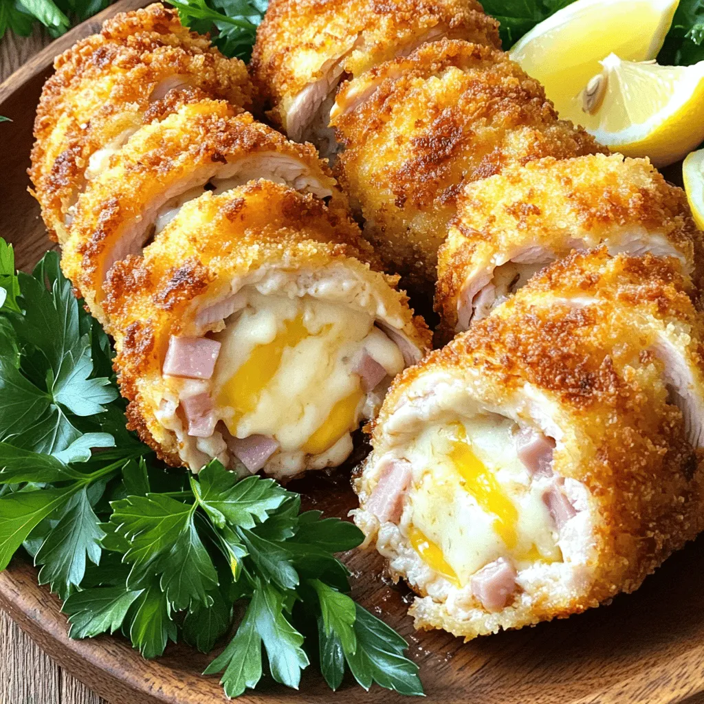 To make easy chicken cordon bleu, gather these simple ingredients: - 4 boneless, skinless chicken breasts - 4 slices of Swiss cheese - 4 slices of ham (smoked or honey) - 1 cup all-purpose flour - 2 large eggs, beaten - 1 cup breadcrumbs (panko for extra crunch) - 1 teaspoon garlic powder - 1 teaspoon paprika - Salt and pepper to taste - Olive oil or cooking spray for frying You can swap out some ingredients if you need to. Here are a few ideas: - Use cheddar cheese instead of Swiss for a sharper taste. - Substitute turkey or chicken ham for a lighter option. - Use whole wheat flour for a healthier breading option. - Try almond flour for a gluten-free version. To ensure your chicken cordon bleu tastes great, keep these tips in mind: - Choose fresh chicken breasts. They should feel firm and not slimy. - Buy high-quality cheese and ham for the best flavor. - Store your meat in the fridge until you're ready to cook. - Use fresh breadcrumbs for better texture. You can make them at home by toasting bread. Cooking with fresh ingredients will improve your dish's taste and quality. Enjoy your culinary adventure with this easy chicken cordon bleu recipe! For the full recipe, check out the details above. To start, gather your ingredients. You need four chicken breasts, ham, and Swiss cheese. Place each chicken breast between two sheets of plastic wrap. This keeps the mess down. Use a meat mallet or rolling pin to pound the chicken gently. Aim for an even thickness of about 1/2 inch. This step helps the chicken cook evenly. Next, season both sides with salt, pepper, garlic powder, and paprika. This adds great flavor. Now, let’s get to the breading. Set up a breading station. Use three bowls: one for flour, one for beaten eggs, and one for breadcrumbs. Dip each chicken roll first in flour. Then, coat it in the egg mixture. Finally, cover it with breadcrumbs. Press gently to make sure they stick. This creates a nice, crispy outer layer when cooked. You have two cooking options: frying or baking. For frying, heat a skillet over medium heat. Add enough olive oil to cover the bottom. Once the oil is hot, add the chicken rolls seam side down. Fry for about 3-4 minutes on each side. Look for a golden brown color. After frying, transfer the chicken to a baking dish. Preheat your oven to 350°F (175°C) for baking. Bake for 15-20 minutes. Make sure the chicken reaches an internal temperature of 165°F (75°C). This ensures it’s fully cooked. Remember to remove the toothpicks before serving. Let the chicken rest for a few minutes to keep it juicy. For a complete guide, check the Full Recipe. To get that perfect crisp on your chicken cordon bleu, use panko breadcrumbs. They give a great crunch. After breading, let the chicken sit for a few minutes. This helps the coating stick better during cooking. When frying, make sure your oil is hot. This way, the chicken will brown nicely without soaking up too much oil. One common mistake is not pounding the chicken evenly. If it's too thick, it won't cook all the way. Be careful with the amount of filling. If you overstuff, the rolls may burst while cooking. Lastly, don’t skip the baking step. Frying alone won't fully cook the chicken or melt the cheese inside. You can add more flavor to your chicken cordon bleu. Try mixing herbs like thyme or basil into the breadcrumbs. A splash of lemon juice can brighten the dish. For a twist, use different cheeses like pepper jack or gouda. Experiment with smoked ham or prosciutto for a unique taste. For the full recipe, check out the Crispy Chicken Cordon Bleu. {{image_2}} If you want a meat-free dish, try eggplant or zucchini. Slice these veggies thin and pound them flat. Use the same spices as before. For filling, use spinach and ricotta cheese. This gives a creamy taste that pairs well with the crispy coating. You can also use tofu for a protein boost. Just make sure to press it first to remove excess water. Swiss cheese is classic, but you can mix it up! Try mozzarella for a gooey texture. Cheddar adds a sharp flavor that many love. For the meat, turkey or chicken ham works great. You can even use prosciutto for a fancy twist. Each choice changes the dish's taste, making it fun to experiment. Want to change things a bit? Add herbs to the breadcrumbs like parsley or thyme. This gives a fresh taste. You can also stuff your chicken with sun-dried tomatoes or jalapeños for a spicy kick. For a sweet twist, try adding a thin layer of fruit preserves like apricot or fig between the cheese and ham. These creative ideas make your Easy Chicken Cordon Bleu unique and exciting. For the full recipe, you can check back earlier in this article. After you enjoy your chicken cordon bleu, let it cool. Place the leftovers in an airtight container. Store it in the fridge for up to three days. This keeps the chicken fresh and tasty for later meals. To reheat, you can use the oven or a microwave. If using the oven, set it to 350°F (175°C). Place the chicken in a baking dish and cover it with foil. Heat for about 15-20 minutes until warm. For the microwave, place the chicken on a microwave-safe plate. Heat for 1-2 minutes, checking often. This helps to keep the cheese melty and the chicken juicy. If you want to store chicken cordon bleu for longer, freezing is great. Wrap each piece tightly in plastic wrap, then place it in a freezer bag. Remove as much air as possible to prevent freezer burn. It can last up to three months in the freezer. When ready to eat, thaw it in the fridge overnight before reheating. This keeps flavors intact and ensures a delicious meal later. For the full recipe, check the above sections. Easy Chicken Cordon Bleu goes well with many sides. Here are some great options: - Steamed vegetables: Broccoli or green beans add color and nutrients. - Mashed potatoes: Creamy potatoes balance the crispy chicken. - Rice pilaf: A light, fluffy rice dish complements the meal well. - Side salad: Fresh greens with a light dressing offer a refreshing crunch. Yes, you can prepare Easy Chicken Cordon Bleu in advance. Here’s how: - Prepare the chicken rolls: Follow the recipe but stop before frying or baking. - Store in the fridge: Wrap the rolls tightly in plastic wrap or foil. They can last for up to 24 hours. - Cook when ready: Just fry and bake them when you’re ready to serve. This saves time and keeps them fresh. To know if your chicken is done, check these points: - Use a meat thermometer: Insert it into the thickest part of the chicken. It should read 165°F (75°C). - Check the juices: When you cut into the chicken, the juices should run clear, not pink. - Touch the chicken: Fully cooked chicken feels firm and not soft. These tips help ensure you serve delicious and safe chicken every time. For more details, check out the Full Recipe. This guide covered everything you need for Easy Chicken Cordon Bleu. We explored key ingredients and their best substitutes. I shared steps for preparing, breading, and cooking, plus tips for great texture. We also looked at variations for different diets and preferences. Finally, I provided storage methods and answered common questions. Enjoy making this dish your own. With these tips, you’re set for a tasty meal. Happy cooking!