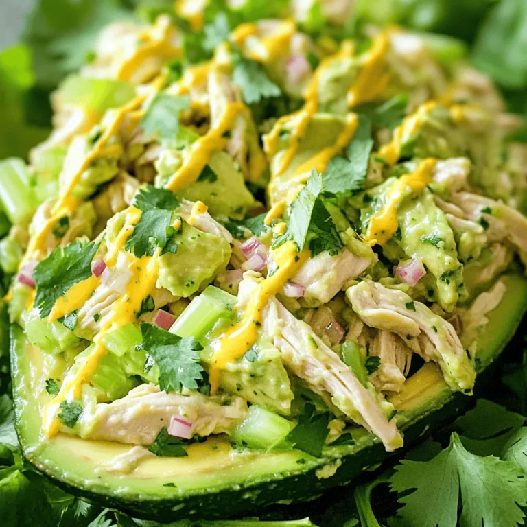 - 2 cups cooked chicken, shredded or diced - 1 ripe avocado, mashed - 1/4 cup Greek yogurt - 1 tablespoon Dijon mustard - 1 tablespoon lemon juice - 1/2 cup celery, finely chopped - 1/4 cup red onion, finely chopped - Salt and pepper to taste - Fresh cilantro or parsley, for garnish To make a great creamy avocado chicken salad, you need these key ingredients. First, you need cooked chicken. I often use leftover chicken, but rotisserie chicken works well too. Shredded or diced chicken gives the salad a nice texture. Next, grab a ripe avocado. This will add creaminess and healthy fats. Mash it up in a bowl; it should be smooth but still have some chunks. Then, mix in Greek yogurt. It gives the salad a tangy flavor and makes it creamy without too much fat. Dijon mustard adds a nice kick. Just a tablespoon brightens up the dish. Lemon juice is important too; it keeps the avocado from browning and adds freshness. For some crunch, finely chopped celery is perfect. It adds a nice bite to the salad. Red onion gives it a slight sweetness and depth. Finally, season with salt and pepper to taste. You can adjust these to your liking. When ready to serve, sprinkle fresh cilantro or parsley on top. It adds color and a fresh flavor. You can find the full recipe for creamy avocado chicken salad in this article. - Combine shredded chicken and mashed avocado in a large bowl. - Add Greek yogurt, Dijon mustard, and lemon juice; mix until creamy. - Fold in celery and red onion, stirring gently. Start by shredding or dicing your cooked chicken. You can use leftover chicken or rotisserie chicken for speed. Next, grab a ripe avocado. Mash it well to create a smooth base. Now, add the Greek yogurt. This gives the salad a nice creaminess. Then, stir in the Dijon mustard for a subtle kick and fresh lemon juice for brightness. Mix everything together until you get a creamy texture. Next, fold in finely chopped celery and red onion. These add crunch and flavor. Be gentle when stirring so you keep some texture in your salad. - Season with salt and pepper to taste. - Chill for 30 minutes (optional). - Serve on greens, in sandwiches, or lettuce wraps. Once mixed, taste the salad. Add salt and pepper to suit your liking. You can chill it for 30 minutes. This helps the flavors blend nicely. When ready to serve, you can enjoy it on a bed of greens. It’s also great in sandwiches or wrapped in lettuce. For a pretty finish, garnish with fresh cilantro or parsley. For the full recipe, check out the details above. - Use ripe avocados for creaminess. Ripe avocados make your salad smooth and rich. Look for avocados that yield slightly when you press them. - Chill for better flavor melding. Letting the salad chill for 30 minutes brings the flavors together. This makes every bite more delicious. - Adjust seasonings to personal preference. Taste your salad and add salt or pepper. You can make it just right for your taste. - Serve with whole grain bread or in lettuce wraps. This salad is great on whole grain bread or wrapped in crisp lettuce. Both options add texture and flavor. - Pair with chips or a side of fruit. Crunchy chips or fresh fruit make nice sides. They complement the salad well. - Garnish ideas: nuts or seeds for crunch. Add nuts or seeds on top. They give extra crunch and a tasty twist to your creamy avocado chicken salad. For the complete recipe, check out the [Full Recipe]. {{image_2}} - You can swap Greek yogurt for sour cream or mayo. This change adds a different taste and texture. - For ease, use rotisserie chicken instead of cooking your own. It saves time and is still tasty. - Diced apples or grapes can add a sweet crunch. They make the salad even more fun to eat. - Want a twist? Incorporate spices like cumin or paprika. They can add depth to your dish. - If you like heat, add jalapeños for a spicy kick. They bring excitement to your salad. - Fresh herbs can change the flavor. Try basil, dill, or chives for variety. Feel free to mix and match these ideas. Each variation can bring something new to the table. For the full recipe, check out the detailed steps above. Enjoy your cooking! - Store in an airtight container in the fridge for up to 3 days. - Best enjoyed fresh or within a day of preparation. Keeping your creamy avocado chicken salad fresh is easy. Use a good container to seal in the flavors. The salad tastes great right after you make it, but it holds up well for a short time. If you keep it in the fridge, it can still taste nice for a couple of days. Just remember that the avocado may brown a bit, but it won't affect the taste much. - Can be frozen but may affect texture; consume within 1 month. - Thaw in the refrigerator before consuming. If you want to save some for later, freezing is an option. However, it can change the texture. The creamy avocado might not feel the same after thawing. To freeze, place the salad in a freezer-safe container. Just make sure it’s sealed well. When you're ready to eat it, take it out and put it in the fridge to thaw. This way, it will be safe to eat, and you can enjoy it again. You can easily make this salad dairy-free. Just substitute Greek yogurt with dairy-free alternatives like coconut yogurt or cashew cream. These options keep the creaminess you want. They also add a nice flavor to the salad. Yes, you can use canned chicken for this recipe. It’s a quick and easy alternative. Just drain the chicken well before adding it to the mix. This saves you time and still gives you a delicious meal. There are many tasty side dishes to pair with this salad. Consider serving it with a fruit salad, whole grain bread, or crunchy vegetable sticks. These sides add color and texture to your meal. Plus, they make it more filling and fun! This blog post shared a simple, tasty chicken salad recipe. You learned about the main and additional ingredients, plus step-by-step instructions for making the dish. Tips and tricks helped you perfect your salad, while variations opened up ways to customize it. Don’t forget to store leftovers properly for maximum freshness. With these ideas, you can create a delicious meal that fits your taste and needs. Enjoy making this salad and sharing it with others!