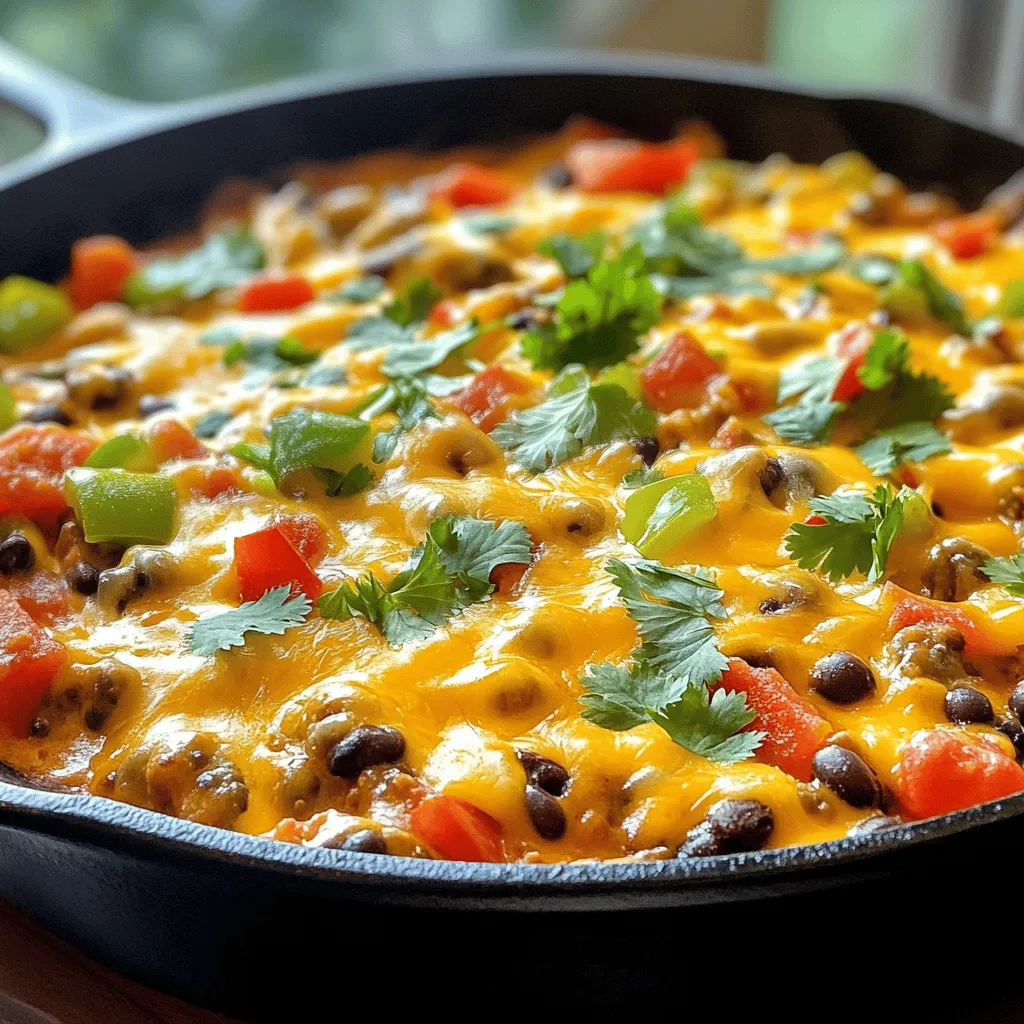 - 1 lb ground beef or ground turkey - 1 medium onion, finely chopped - 2 cloves garlic, minced - 1 bell pepper, diced - 1 can (15 oz) black beans, drained and rinsed - 1 can (15 oz) corn, drained - 1 cup diced tomatoes, fresh or canned I love using ground beef for that classic taste, but ground turkey works great too. The onion and bell pepper add sweetness and crunch. Don’t forget the garlic; it gives a nice kick. Black beans and corn bring in fiber and color, making the dish both tasty and vibrant. - 1 packet taco seasoning - Salt and pepper to taste The taco seasoning is key here. It adds all those bold flavors we love in tacos. A pinch of salt and pepper will enhance all the other tastes. You can adjust these to fit your taste buds. - 1 cup shredded cheddar cheese - Fresh cilantro or green onions for garnish (optional) Cheddar cheese makes this dish extra cheesy and creamy. If you want a fresh touch, add cilantro or green onions. They brighten up the dish and add a nice pop! For the full recipe, check out [Full Recipe]. - Heating the olive oil: Start by grabbing a large skillet. Pour in 2 tablespoons of olive oil. Heat it over medium heat. You want the oil to shimmer, not smoke. This takes about a minute. - Sautéing the onions and garlic: Next, add 1 finely chopped onion to the oil. Let it cook for about 3-4 minutes. The onion should turn clear. Then, add 2 minced garlic cloves. Stir them in for another 2-3 minutes. You'll love the smell! - Browning the ground beef or turkey: Now, turn the heat up to medium-high. Add 1 pound of ground beef or turkey to the skillet. Break it apart with a spoon. Cook it until it’s brown, about 5-6 minutes. Make sure to stir often so it cooks evenly. - Adding the diced bell pepper: After the meat is browned, toss in 1 diced bell pepper. Any color works! Stir it in and let it cook for another 3 minutes until the pepper softens. - Mixing in taco seasoning and canned goods: Time to add flavor! Stir in 1 packet of taco seasoning. Then, add 1 can of drained black beans, 1 can of drained corn, and 1 cup of diced tomatoes. Mix everything well. - Simmering the mixture: Let the mixture simmer for about 5 minutes. This helps the flavors blend together nicely. - Melting cheese on top: Lower the heat now. Sprinkle 1 cup of shredded cheddar cheese evenly over the top. Cover the skillet with a lid. Wait for 2-3 minutes. The cheese will melt perfectly. - Adding seasonings to taste: Finally, season with salt and pepper to taste. Stir gently to mix everything together. Your Easy Cheesy Taco Skillet is ready to enjoy! For the full recipe, check out the complete instructions above. - Choosing the right meat: Use ground beef for a rich taste. Ground turkey offers a lighter option. Both work well in this dish. Choose what fits your diet best. - How to avoid sogginess: Drain canned goods like black beans and corn well. This keeps the skillet from getting watery. You want a nice, thick texture, not a soup. - Best practices for sautéing: Heat the olive oil well before adding onions. This helps to caramelize them and add depth to the flavor. Stir often for even cooking. - Tips for cheese melting: Cover the skillet after adding cheese. This traps heat and helps the cheese melt evenly. Use a mix of cheeses for a richer taste. - Adding spices for extra heat: If you like spice, add chili powder or cayenne pepper. Start with a little, then taste and add more if needed. This gives your dish a nice kick. - Suggestions for additional toppings: Top with fresh cilantro or green onions for brightness. You can also add avocado or sour cream for creaminess. These extras make every bite special. For a full recipe, check the Easy Cheesy Taco Skillet. Enjoy cooking! {{image_2}} If you want a meat-free dish, use plant-based meat or beans. Both options taste great and keep the meal hearty. For those who avoid dairy, try dairy-free cheese. Many brands offer excellent alternatives that melt nicely. Add southwestern spices for an extra kick. Try cumin, paprika, or chili powder to enhance the taste. You can also mix in jalapeños for a spicy twist. Fresh herbs like cilantro or parsley can brighten the dish. This cheesy taco skillet pairs well with rice or tortilla chips. Both options add a nice crunch and balance the flavors. You can also use it as a filling for wraps or tacos. Just scoop the mixture into your favorite tortilla for a quick meal. For the full recipe, check the earlier section. To keep your Easy Cheesy Taco Skillet fresh, let it cool first. Transfer it to an airtight container. This helps prevent moisture loss and keeps flavors intact. Store it in the fridge for up to three days. If you won’t eat it within that time, consider freezing it. For longer storage, freezing works well. Portion the skillet into smaller containers. Make sure to leave some space at the top, as food expands when frozen. It will stay good for about three months. When you're ready to enjoy it again, thaw it in the fridge overnight. Reheat it on the stove or in the microwave until it’s hot. Pre-cooking some ingredients makes meal prep easy. You can brown the meat and chop the veggies ahead of time. Store them separately in the fridge. This cuts down your cooking time on busy nights. If you have leftovers, think about repurposing them. Use the taco mix in burritos, on nachos, or even in a salad. This keeps meals fun and fresh! Yes, you can make this dish ahead of time. Cook the Easy Cheesy Taco Skillet, then cool it down. Store it in an airtight container in the fridge for up to three days. When you're ready to eat, just reheat it on the stovetop or microwave until warm. This dish pairs well with several sides. Try serving it with: - Rice or quinoa for a hearty option - Tortilla chips for a crunchy bite - A fresh side salad for a light touch - Sour cream and salsa for extra flavor These sides add variety and make your meal more exciting. To lower the fat and calories, consider these tips: - Swap ground beef for ground turkey or chicken. - Use low-fat cheese or reduce the amount of cheese. - Add more vegetables like zucchini or spinach. - Choose low-sodium canned goods to cut back on salt. These changes keep the taste while making it lighter. Absolutely! To create a meat-free version, you can: - Use plant-based ground meat instead of beef. - Increase the amount of black beans or add lentils. - Use extra veggies like mushrooms or bell peppers. These options keep it delicious and filling. If you don't have taco seasoning, here are some good substitutes: - Mix chili powder, cumin, and paprika for a spicy kick. - Use garlic powder, onion powder, and oregano for flavor. - Add cayenne pepper for heat, if desired. These alternatives let you customize the flavor as you like. For the complete dish, check the Full Recipe. This Easy Cheesy Taco Skillet blends simple ingredients and flavors for a tasty meal. You can use ground beef or turkey, fresh veggies, and canned goods. Sauté the ingredients, mix in seasonings, and top with cheese. Explore variations, tips, and storage advice to enjoy this dish now and later. Cooking can be fun and creative. So, have fun with your taco skillet and make it your own!
