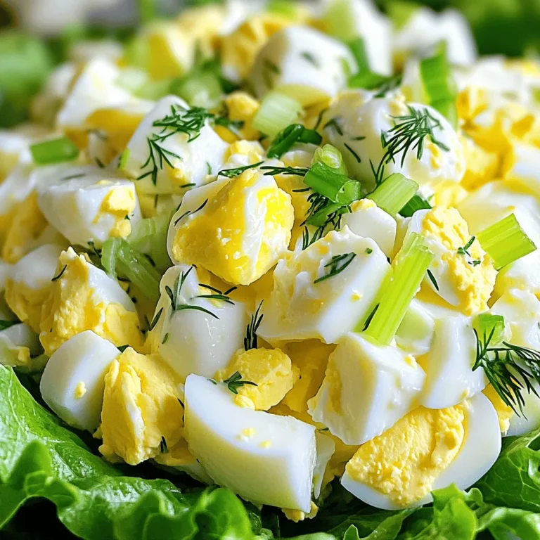 To make a tasty egg salad, gather these ingredients: - 6 large eggs - 1/4 cup mayonnaise - 1 tablespoon Dijon mustard - 1 tablespoon lemon juice - 1/4 cup celery, finely chopped - 1/4 cup green onions, finely chopped - 2 tablespoons fresh dill, chopped - 1 tablespoon fresh parsley, chopped - Salt and pepper to taste - 2 teaspoons capers, rinsed and roughly chopped (optional) - Fresh lettuce leaves, for serving You can switch some ingredients if you like. Here are a few ideas: - Use Greek yogurt instead of mayonnaise for a lighter option. - Swap Dijon mustard for yellow mustard if you prefer a milder taste. - Try adding avocado for a creamy texture and healthy fats. - Replace fresh herbs with dried herbs in smaller amounts. To make this egg salad, you will need: - A saucepan for boiling eggs - A mixing bowl for combining ingredients - A knife and cutting board for chopping - A spoon for mixing - An ice bath bowl for cooling eggs - Serving plates or lettuce leaves for presentation You can find the full recipe [here](#). To start, you need to boil the eggs. Place six large eggs in a saucepan. Cover the eggs with water. Turn on the heat to medium-high. Wait for the water to boil. Once it boils, cover the pot and turn off the heat. Let the eggs sit for 12 minutes. This method cooks them just right. After 12 minutes, move the eggs to an ice bath. The ice bath cools the eggs quickly. Leave them in the cold water for about five minutes. After cooling, gently tap each egg on the counter to crack the shell. Peel the eggs under running water. This makes peeling easier and less messy. Now it's time to mix! Take the peeled eggs and chop them into bite-sized pieces. In a large mixing bowl, add the chopped eggs. Then, include 1/4 cup of mayonnaise, 1 tablespoon of Dijon mustard, and 1 tablespoon of lemon juice. Next, add 1/4 cup of finely chopped celery and 1/4 cup of finely chopped green onions. For a fresh taste, add 2 tablespoons of chopped dill and 1 tablespoon of chopped parsley. If you like, toss in 2 teaspoons of rinsed and chopped capers. Gently fold everything together. Be careful not to mash the eggs too much. Finally, season the mixture with salt and pepper to taste. Adjust the flavors as needed. For a lovely presentation, spoon the egg salad onto fresh lettuce leaves. This makes a light and tasty option. You can also serve it on your favorite bread as a sandwich. Try different bread types for variety. You can add sliced tomatoes or pickles for extra flavor. For a fun twist, consider using wraps instead of bread. Enjoy your creamy herb-infused egg salad! For the complete recipe, refer to the Full Recipe section. To make great egg salad, cook your eggs just right. Start by placing the eggs in a pot. Cover them with cold water. Heat the pot on medium-high until it boils. Once boiling, cover the pot and turn off the heat. Let the eggs sit for 12 minutes. This method makes them perfect every time. After 12 minutes, cool the eggs in an ice bath. This stops the cooking and makes peeling easy. If you have leftover egg salad, store it in an airtight container. It should last up to three days in the fridge. When you’re ready to eat it, check for freshness. If it smells bad or looks off, don’t eat it. Always use clean utensils to scoop out the salad. This helps keep it fresh longer. To make your egg salad pop, try adding extra herbs or spices. Fresh dill and parsley add a nice touch. You might also add a splash of hot sauce for some heat. Don't forget about salt and pepper; they bring out the flavors. Mix well but gently to keep the eggs from mashing. For more ideas, check out the Full Recipe for variations! {{image_2}} You can make your egg salad even better by adding veggies. Try adding chopped bell peppers for crunch. Grated carrots add sweetness and color. You can also mix in diced pickles or olives for a tangy kick. These additions not only enhance flavor but also boost nutrition. Feel free to get creative! You can serve egg salad in many tasty ways. One popular method is as a sandwich. Use whole grain bread for a healthier choice. You can also wrap the salad in a tortilla for a quick lunch. For a lighter option, serve it on crisp lettuce leaves. Each style gives a unique twist to your meal. The classic recipe is great on its own, but seasonings can elevate it. Try adding a pinch of paprika for warmth. A dash of hot sauce can bring heat if you like spice. Fresh herbs like chives or cilantro can also add brightness. These simple changes keep the dish exciting and flavorful. Explore these variations to find what you love! For the full recipe, check out the Creamy Herb-Infused Egg Salad section. To keep your egg salad fresh, store it in an airtight container. This helps prevent air from spoiling the taste. Use glass or plastic containers with tight lids. If you plan to serve it later, don’t mix in any extras, like lettuce, until you're ready. This keeps everything crisp and tasty. Egg salad can stay fresh in the fridge for up to three days. Make sure to check it each day. If you have extra egg salad, freezing is not recommended. The texture will change and become watery. It’s best to make only what you need. Always check for signs that your egg salad may have gone bad. Look for changes in color or an odd smell. If it feels slimy, it’s time to toss it. When in doubt, throw it out to stay safe. To hard-boil eggs, place them in a pot. Cover the eggs with water. Heat the pot on medium-high until the water boils. Once boiling, cover the pot and remove it from heat. Let the eggs sit for 12 minutes. This method ensures even cooking, and the eggs are easy to peel. Egg salad stays fresh in the fridge for about three to five days. Store it in an airtight container to keep it safe. Always check for any off smells or changes in texture before eating. I do not recommend freezing egg salad. Freezing changes the texture of the eggs and mayonnaise. When thawed, it may become watery and unappetizing. It's best to enjoy egg salad fresh. Egg salad pairs well with many foods. You can serve it on bread, crackers, or lettuce. It also goes great with pickles, chips, or fresh veggies. For a heartier meal, add it to a salad. To make egg salad healthier, use Greek yogurt instead of mayonnaise. You can add more veggies, like spinach or diced peppers. Reducing the amount of mayo or mustard also helps. For the full recipe, check out the creamy herb-infused egg salad! In this blog post, we explored how to make delicious egg salad. We covered the ingredients, tools, and step-by-step instructions. You learned tips for perfect cooking and flavor enhancement. We also shared storage info and how to adapt the recipe. With these insights, you can easily create your own tasty egg salad. Experiment with variations and enjoy the process! Your egg salad will impress everyone.