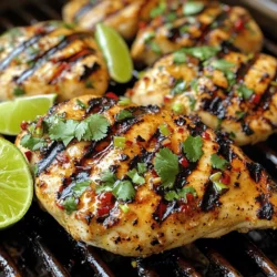 - 4 boneless, skinless chicken breasts - 3 tablespoons olive oil - Juice of 2 limes - Zest of 1 lime - 2 tablespoons chili powder - 1 teaspoon smoked paprika - 2 cloves garlic, minced - 1 teaspoon ground cumin - Salt and pepper to taste - Fresh cilantro, chopped, for garnish - Lime wedges, for serving When you pick your chicken, look for fresh, firm breasts with no discoloration. For the limes, choose ones that feel heavy for their size. This means they are juicy. If you're looking for swaps, you can use lime juice from a bottle, but fresh is best. If you want less spice, cut back on chili powder or use paprika only. For a different flavor, lemon juice works well too. This list from the Full Recipe will help you create a tasty dish that's juicy and flavorful! To make the marinade, start with a large bowl. Add 3 tablespoons of olive oil, the juice of 2 limes, and the zest of 1 lime. Next, mix in 2 tablespoons of chili powder, 1 teaspoon of smoked paprika, and 2 cloves of minced garlic. Don’t forget 1 teaspoon of ground cumin, plus salt and pepper to taste. This mix gives the chicken a bold flavor. Marinating the chicken is key. Let it soak in the marinade for at least 1 hour. If you can, leave it overnight. This extra time allows the flavors to really sink in and makes the chicken more tender. Before grilling, heat your grill to medium-high. While it heats up, take the chicken out of the marinade. Let any extra marinade drip off. Discard the leftover marinade to avoid any food safety issues. Place the chicken on the hot grill. Cook each side for about 6-7 minutes. You want the internal temperature to reach 165°F (75°C). This ensures the chicken is safe to eat and juicy. Look for nice grill marks, too. For serving, slice the grilled chicken into pieces. Fresh cilantro adds a nice touch on top. Serve with lime wedges for added zest. Pair it with a light salad or grilled veggies for a balanced meal. Use a nice platter to show off your dish. A colorful presentation makes it even more inviting. Check out the Full Recipe for all the details you need to create this dish! To keep your chicken juicy, do not overcook it. Grill the chicken for 6-7 minutes per side. Use a meat thermometer to check for doneness. The internal temperature should reach 165°F (75°C). Let the chicken rest for 5 minutes after grilling. This allows the juices to settle back into the meat. For the best flavor, marinate the chicken for at least 1 hour. If you have time, marinate it overnight. This longer time helps the flavors soak in better. You can also try different marinades, like adding honey or extra spices for a unique twist. Using a gas or charcoal grill works best for grilling chicken. A meat thermometer is essential to check the chicken's doneness. For easy cleanup, line your grill with foil. This helps catch drips and makes washing up a breeze. For the full recipe, check out Chili Lime Grilled Chicken . {{image_2}} You can change the spice level to fit your taste. For mild chicken, use less chili powder. If you want heat, add more chili powder or even cayenne pepper. Citrus is another fun area to explore. Instead of lime, try lemon or orange juice. Each citrus adds a unique twist to the dish. Lime gives a fresh zing, while lemon offers a crisp flavor. Orange adds sweetness, balancing the spice well. Do you not have a grill? No problem! You can bake the chicken in the oven. Set it to 400°F (200°C). Place the chicken in a baking dish and cook for about 25-30 minutes. It will be just as juicy! If you want to cook indoors, use a grill pan on your stove. Heat it over medium-high heat and add a little oil. Cook each side for about 7-8 minutes. This method gives nice grill marks, too. This dish can fit many diets. To make it gluten-free, use gluten-free chili powder. Check labels to be sure. For low-carb or keto diets, the recipe is already a great choice! Just pair it with low-carb veggies like zucchini or bell peppers. You can enjoy a flavorful meal without the carbs. For the full recipe, check out the Chili Lime Grilled Chicken ! To keep your chili lime grilled chicken fresh, allow it to cool first. Place the chicken in airtight containers. This helps avoid air and moisture. Store your containers in the fridge. They will keep your chicken juicy for up to four days. You can freeze grilled chicken for later use. Wrap each piece tightly in plastic wrap, then put it in a freezer bag. This keeps out air and ice crystals. When you're ready to eat, thaw the chicken in the fridge overnight. Reheat it gently in the oven or microwave. This helps keep the flavor and juice intact. Understanding how long your chicken lasts is key. In the fridge, grilled chicken stays good for about four days. If you freeze it, it can last up to four months. After that, it may lose flavor or texture. Always check for any signs of spoilage before eating. What is the best way to grill chicken? To grill chicken well, start with a clean, hot grill. Preheat it to medium-high heat. Use a light oil to prevent sticking. Place the chicken breasts on the grill, and don't move them for a few minutes. This helps get nice grill marks. Cook each side for about 6-7 minutes. Always check the internal temperature. It should reach 165°F (75°C) for safety. How long should chicken marinate for maximum flavor? For the best flavor, marinate the chicken for at least 1 hour. If you have time, let it soak overnight. This allows the flavors to soak deep into the meat. The lime juice and spices will make it very tasty. Caloric content and macros for Chili Lime Grilled Chicken Chili Lime Grilled Chicken has about 250 calories per serving. It has 30 grams of protein, 10 grams of fat, and 0 grams of carbs. This makes it a great choice for a healthy meal. Health benefits of the ingredients used The ingredients in this dish offer many health benefits. Chicken is a great source of lean protein. Lime juice adds vitamin C, which helps your immune system. Olive oil contains healthy fats that support heart health. Spices like chili powder and cumin have antioxidants, which are good for you. What to serve with chili lime grilled chicken? Chili lime grilled chicken pairs well with rice, beans, or a fresh salad. You can also serve it with grilled veggies for a colorful plate. Consider adding avocado or a corn salsa for extra flavor. Can this dish be made ahead of time? Yes, you can make this dish ahead of time. Grill the chicken and store it in the fridge. It stays fresh for about 3 days. You can reheat it on the grill or in the oven. For the Full Recipe of Chili Lime Grilled Chicken , check the earlier section. You now have all the steps to make the perfect Chili Lime Grilled Chicken. We've covered every ingredient, prep tip, and cooking method. Remember to marinate well for the best taste. Use fresh ingredients and adjust spice levels to suit your taste. Store any leftovers properly to retain flavor. This dish is easy to tweak for various diets, making it a great choice for all. Enjoy your cooking, explore new flavors, and make every meal a treat!