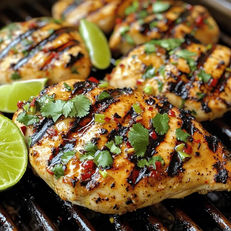 - 4 boneless, skinless chicken breasts - 3 tablespoons olive oil - Juice of 2 limes - Zest of 1 lime - 2 tablespoons chili powder - 1 teaspoon smoked paprika - 2 cloves garlic, minced - 1 teaspoon ground cumin - Salt and pepper to taste - Fresh cilantro, chopped, for garnish - Lime wedges, for serving When you pick your chicken, look for fresh, firm breasts with no discoloration. For the limes, choose ones that feel heavy for their size. This means they are juicy. If you're looking for swaps, you can use lime juice from a bottle, but fresh is best. If you want less spice, cut back on chili powder or use paprika only. For a different flavor, lemon juice works well too. This list from the Full Recipe will help you create a tasty dish that's juicy and flavorful! To make the marinade, start with a large bowl. Add 3 tablespoons of olive oil, the juice of 2 limes, and the zest of 1 lime. Next, mix in 2 tablespoons of chili powder, 1 teaspoon of smoked paprika, and 2 cloves of minced garlic. Don’t forget 1 teaspoon of ground cumin, plus salt and pepper to taste. This mix gives the chicken a bold flavor. Marinating the chicken is key. Let it soak in the marinade for at least 1 hour. If you can, leave it overnight. This extra time allows the flavors to really sink in and makes the chicken more tender. Before grilling, heat your grill to medium-high. While it heats up, take the chicken out of the marinade. Let any extra marinade drip off. Discard the leftover marinade to avoid any food safety issues. Place the chicken on the hot grill. Cook each side for about 6-7 minutes. You want the internal temperature to reach 165°F (75°C). This ensures the chicken is safe to eat and juicy. Look for nice grill marks, too. For serving, slice the grilled chicken into pieces. Fresh cilantro adds a nice touch on top. Serve with lime wedges for added zest. Pair it with a light salad or grilled veggies for a balanced meal. Use a nice platter to show off your dish. A colorful presentation makes it even more inviting. Check out the Full Recipe for all the details you need to create this dish! To keep your chicken juicy, do not overcook it. Grill the chicken for 6-7 minutes per side. Use a meat thermometer to check for doneness. The internal temperature should reach 165°F (75°C). Let the chicken rest for 5 minutes after grilling. This allows the juices to settle back into the meat. For the best flavor, marinate the chicken for at least 1 hour. If you have time, marinate it overnight. This longer time helps the flavors soak in better. You can also try different marinades, like adding honey or extra spices for a unique twist. Using a gas or charcoal grill works best for grilling chicken. A meat thermometer is essential to check the chicken's doneness. For easy cleanup, line your grill with foil. This helps catch drips and makes washing up a breeze. For the full recipe, check out Chili Lime Grilled Chicken . {{image_2}} You can change the spice level to fit your taste. For mild chicken, use less chili powder. If you want heat, add more chili powder or even cayenne pepper. Citrus is another fun area to explore. Instead of lime, try lemon or orange juice. Each citrus adds a unique twist to the dish. Lime gives a fresh zing, while lemon offers a crisp flavor. Orange adds sweetness, balancing the spice well. Do you not have a grill? No problem! You can bake the chicken in the oven. Set it to 400°F (200°C). Place the chicken in a baking dish and cook for about 25-30 minutes. It will be just as juicy! If you want to cook indoors, use a grill pan on your stove. Heat it over medium-high heat and add a little oil. Cook each side for about 7-8 minutes. This method gives nice grill marks, too. This dish can fit many diets. To make it gluten-free, use gluten-free chili powder. Check labels to be sure. For low-carb or keto diets, the recipe is already a great choice! Just pair it with low-carb veggies like zucchini or bell peppers. You can enjoy a flavorful meal without the carbs. For the full recipe, check out the Chili Lime Grilled Chicken ! To keep your chili lime grilled chicken fresh, allow it to cool first. Place the chicken in airtight containers. This helps avoid air and moisture. Store your containers in the fridge. They will keep your chicken juicy for up to four days. You can freeze grilled chicken for later use. Wrap each piece tightly in plastic wrap, then put it in a freezer bag. This keeps out air and ice crystals. When you're ready to eat, thaw the chicken in the fridge overnight. Reheat it gently in the oven or microwave. This helps keep the flavor and juice intact. Understanding how long your chicken lasts is key. In the fridge, grilled chicken stays good for about four days. If you freeze it, it can last up to four months. After that, it may lose flavor or texture. Always check for any signs of spoilage before eating. What is the best way to grill chicken? To grill chicken well, start with a clean, hot grill. Preheat it to medium-high heat. Use a light oil to prevent sticking. Place the chicken breasts on the grill, and don't move them for a few minutes. This helps get nice grill marks. Cook each side for about 6-7 minutes. Always check the internal temperature. It should reach 165°F (75°C) for safety. How long should chicken marinate for maximum flavor? For the best flavor, marinate the chicken for at least 1 hour. If you have time, let it soak overnight. This allows the flavors to soak deep into the meat. The lime juice and spices will make it very tasty. Caloric content and macros for Chili Lime Grilled Chicken Chili Lime Grilled Chicken has about 250 calories per serving. It has 30 grams of protein, 10 grams of fat, and 0 grams of carbs. This makes it a great choice for a healthy meal. Health benefits of the ingredients used The ingredients in this dish offer many health benefits. Chicken is a great source of lean protein. Lime juice adds vitamin C, which helps your immune system. Olive oil contains healthy fats that support heart health. Spices like chili powder and cumin have antioxidants, which are good for you. What to serve with chili lime grilled chicken? Chili lime grilled chicken pairs well with rice, beans, or a fresh salad. You can also serve it with grilled veggies for a colorful plate. Consider adding avocado or a corn salsa for extra flavor. Can this dish be made ahead of time? Yes, you can make this dish ahead of time. Grill the chicken and store it in the fridge. It stays fresh for about 3 days. You can reheat it on the grill or in the oven. For the Full Recipe of Chili Lime Grilled Chicken , check the earlier section. You now have all the steps to make the perfect Chili Lime Grilled Chicken. We've covered every ingredient, prep tip, and cooking method. Remember to marinate well for the best taste. Use fresh ingredients and adjust spice levels to suit your taste. Store any leftovers properly to retain flavor. This dish is easy to tweak for various diets, making it a great choice for all. Enjoy your cooking, explore new flavors, and make every meal a treat!