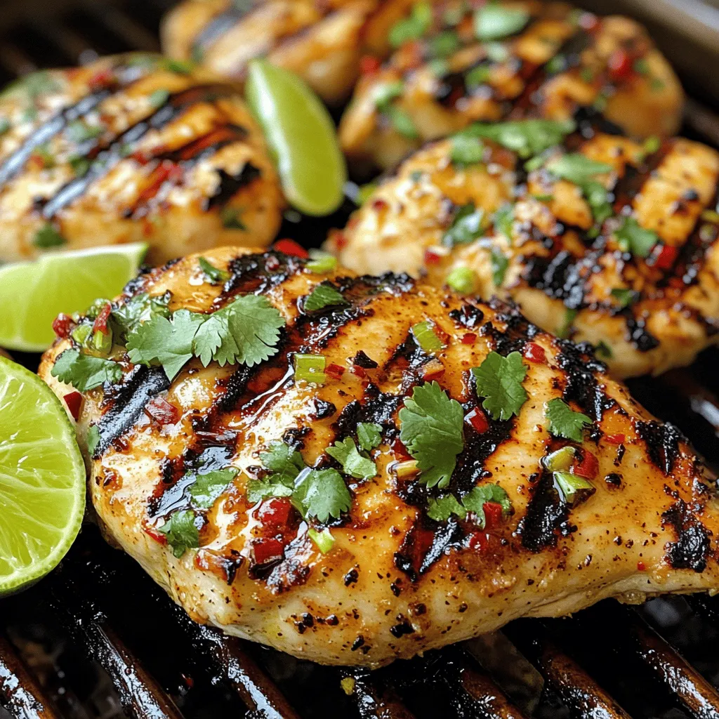 - 4 boneless, skinless chicken breasts - 3 tablespoons olive oil - Juice of 2 limes - Zest of 1 lime - 2 tablespoons chili powder - 1 teaspoon smoked paprika - 2 cloves garlic, minced - 1 teaspoon ground cumin - Salt and pepper to taste - Fresh cilantro, chopped, for garnish - Lime wedges, for serving When you pick your chicken, look for fresh, firm breasts with no discoloration. For the limes, choose ones that feel heavy for their size. This means they are juicy. If you're looking for swaps, you can use lime juice from a bottle, but fresh is best. If you want less spice, cut back on chili powder or use paprika only. For a different flavor, lemon juice works well too. This list from the Full Recipe will help you create a tasty dish that's juicy and flavorful! To make the marinade, start with a large bowl. Add 3 tablespoons of olive oil, the juice of 2 limes, and the zest of 1 lime. Next, mix in 2 tablespoons of chili powder, 1 teaspoon of smoked paprika, and 2 cloves of minced garlic. Don’t forget 1 teaspoon of ground cumin, plus salt and pepper to taste. This mix gives the chicken a bold flavor. Marinating the chicken is key. Let it soak in the marinade for at least 1 hour. If you can, leave it overnight. This extra time allows the flavors to really sink in and makes the chicken more tender. Before grilling, heat your grill to medium-high. While it heats up, take the chicken out of the marinade. Let any extra marinade drip off. Discard the leftover marinade to avoid any food safety issues. Place the chicken on the hot grill. Cook each side for about 6-7 minutes. You want the internal temperature to reach 165°F (75°C). This ensures the chicken is safe to eat and juicy. Look for nice grill marks, too. For serving, slice the grilled chicken into pieces. Fresh cilantro adds a nice touch on top. Serve with lime wedges for added zest. Pair it with a light salad or grilled veggies for a balanced meal. Use a nice platter to show off your dish. A colorful presentation makes it even more inviting. Check out the Full Recipe for all the details you need to create this dish! To keep your chicken juicy, do not overcook it. Grill the chicken for 6-7 minutes per side. Use a meat thermometer to check for doneness. The internal temperature should reach 165°F (75°C). Let the chicken rest for 5 minutes after grilling. This allows the juices to settle back into the meat. For the best flavor, marinate the chicken for at least 1 hour. If you have time, marinate it overnight. This longer time helps the flavors soak in better. You can also try different marinades, like adding honey or extra spices for a unique twist. Using a gas or charcoal grill works best for grilling chicken. A meat thermometer is essential to check the chicken's doneness. For easy cleanup, line your grill with foil. This helps catch drips and makes washing up a breeze. For the full recipe, check out Chili Lime Grilled Chicken . {{image_2}} You can change the spice level to fit your taste. For mild chicken, use less chili powder. If you want heat, add more chili powder or even cayenne pepper. Citrus is another fun area to explore. Instead of lime, try lemon or orange juice. Each citrus adds a unique twist to the dish. Lime gives a fresh zing, while lemon offers a crisp flavor. Orange adds sweetness, balancing the spice well. Do you not have a grill? No problem! You can bake the chicken in the oven. Set it to 400°F (200°C). Place the chicken in a baking dish and cook for about 25-30 minutes. It will be just as juicy! If you want to cook indoors, use a grill pan on your stove. Heat it over medium-high heat and add a little oil. Cook each side for about 7-8 minutes. This method gives nice grill marks, too. This dish can fit many diets. To make it gluten-free, use gluten-free chili powder. Check labels to be sure. For low-carb or keto diets, the recipe is already a great choice! Just pair it with low-carb veggies like zucchini or bell peppers. You can enjoy a flavorful meal without the carbs. For the full recipe, check out the Chili Lime Grilled Chicken ! To keep your chili lime grilled chicken fresh, allow it to cool first. Place the chicken in airtight containers. This helps avoid air and moisture. Store your containers in the fridge. They will keep your chicken juicy for up to four days. You can freeze grilled chicken for later use. Wrap each piece tightly in plastic wrap, then put it in a freezer bag. This keeps out air and ice crystals. When you're ready to eat, thaw the chicken in the fridge overnight. Reheat it gently in the oven or microwave. This helps keep the flavor and juice intact. Understanding how long your chicken lasts is key. In the fridge, grilled chicken stays good for about four days. If you freeze it, it can last up to four months. After that, it may lose flavor or texture. Always check for any signs of spoilage before eating. What is the best way to grill chicken? To grill chicken well, start with a clean, hot grill. Preheat it to medium-high heat. Use a light oil to prevent sticking. Place the chicken breasts on the grill, and don't move them for a few minutes. This helps get nice grill marks. Cook each side for about 6-7 minutes. Always check the internal temperature. It should reach 165°F (75°C) for safety. How long should chicken marinate for maximum flavor? For the best flavor, marinate the chicken for at least 1 hour. If you have time, let it soak overnight. This allows the flavors to soak deep into the meat. The lime juice and spices will make it very tasty. Caloric content and macros for Chili Lime Grilled Chicken Chili Lime Grilled Chicken has about 250 calories per serving. It has 30 grams of protein, 10 grams of fat, and 0 grams of carbs. This makes it a great choice for a healthy meal. Health benefits of the ingredients used The ingredients in this dish offer many health benefits. Chicken is a great source of lean protein. Lime juice adds vitamin C, which helps your immune system. Olive oil contains healthy fats that support heart health. Spices like chili powder and cumin have antioxidants, which are good for you. What to serve with chili lime grilled chicken? Chili lime grilled chicken pairs well with rice, beans, or a fresh salad. You can also serve it with grilled veggies for a colorful plate. Consider adding avocado or a corn salsa for extra flavor. Can this dish be made ahead of time? Yes, you can make this dish ahead of time. Grill the chicken and store it in the fridge. It stays fresh for about 3 days. You can reheat it on the grill or in the oven. For the Full Recipe of Chili Lime Grilled Chicken , check the earlier section. You now have all the steps to make the perfect Chili Lime Grilled Chicken. We've covered every ingredient, prep tip, and cooking method. Remember to marinate well for the best taste. Use fresh ingredients and adjust spice levels to suit your taste. Store any leftovers properly to retain flavor. This dish is easy to tweak for various diets, making it a great choice for all. Enjoy your cooking, explore new flavors, and make every meal a treat!