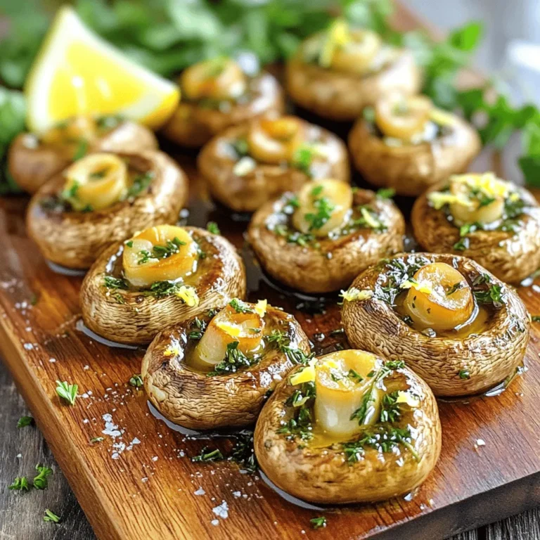 - 1 lb small cremini or button mushrooms - 4 tablespoons olive oil - 4 cloves garlic, minced - Fresh herbs (thyme, rosemary, parsley) - Lemon zest and seasoning When choosing mushrooms, look for firm ones. They should feel smooth and not slimy. A good mushroom has a nice, rich color. Avoid ones with dark spots or wrinkles. If you can, go for organic mushrooms. They often taste better and are better for you. Organic farms use fewer chemicals, which is good for our planet. You need a baking sheet to roast the mushrooms. A good-sized mixing bowl helps mix all the ingredients together. Make sure you have parchment paper to line the baking sheet. This will make cleanup easy. You don’t want to scrub stuck-on bits after cooking! First, preheat your oven to 400°F (200°C). This temperature gives the mushrooms a nice roast. While the oven heats, clean your mushrooms. Use a damp cloth to wipe them. This keeps them fresh and ready for cooking. To coat the mushrooms well, use a large mixing bowl. Add the cleaned mushrooms, olive oil, minced garlic, thyme, rosemary, parsley, lemon zest, salt, and pepper. Toss everything together. Make sure each mushroom is covered. This helps the flavors mix well. If you see clumps, break them apart. An even coat makes a big difference in taste. Spread the mushrooms on a baking sheet in a single layer. This is key for even cooking. If they pile up, they won’t roast well. Place them in the oven and roast for 20-25 minutes. Remember to stir them halfway through. This helps them brown all over. When they are done, they should be tender and golden brown. Enjoy your garlic herb roasted mushrooms! For the full recipe, check the earlier section. Timing is key. Preheat your oven to 400°F (200°C). This high heat helps mushrooms brown nicely. Roast them for about 20 to 25 minutes. Stir halfway through to make sure they cook evenly. To check for doneness, look for a golden color. The mushrooms should be tender but not mushy. If they look dry, they may need a little more oil. You want them juicy and bursting with flavor. To boost flavor, try adding spices. A pinch of smoked paprika or red pepper flakes adds a nice kick. You can also use different oils. Instead of olive oil, try avocado oil for a unique taste. Experiment with other herbs too. Basil or oregano can add a fresh twist. Mixing flavors can create a new favorite. Serve these mushrooms warm for the best taste. Place them on a large platter for sharing. For a fancy touch, use small ramekins. Garnish with extra parsley for color. A squeeze of lemon juice brightens the dish. This adds freshness and balances the rich flavors. Enjoy the beauty of your creation! For the full recipe, check out the detailed steps above. {{image_2}} You can use many types of mushrooms for this dish. Portobello mushrooms are large and meaty. They add a nice texture. Shiitake mushrooms have a rich, earthy flavor. They can make the dish taste even better. Oyster mushrooms are delicate and have a mild taste. You can mix and match these mushrooms for a fun twist on the classic recipe. Feel free to change up the herbs. If you want a different flavor, try basil or dill. You can also use sage or tarragon for a unique taste. Fresh herbs work best, but dried herbs are fine too. Just remember to use less dried herbs, as they are stronger in flavor. This dish is easy to make vegan or gluten-free. Use vegetable broth instead of chicken broth for added flavor. For a gluten-free option, check that your oil and seasonings are gluten-free. You can also add nuts or seeds for extra crunch and protein. This way, anyone can enjoy the garlic herb roasted mushrooms! For the full recipe, check out the complete details above. Store leftover garlic herb roasted mushrooms in an airtight container. Keep them in the fridge for up to three days. This helps maintain their flavor and texture. If you notice any moisture, use a paper towel to absorb it. This will keep your mushrooms fresh longer. For freezing, let the mushrooms cool completely. Spread them on a baking sheet in a single layer. Freeze them for about one hour until firm. Then, transfer the mushrooms to a freezer-safe bag or container. They can last up to three months in the freezer. This method keeps them from sticking together. To reheat, you have two good options: the oven or the microwave. For the oven, preheat to 350°F (175°C). Spread the mushrooms on a baking sheet and heat for about 10 minutes. This keeps them crispy. For the microwave, place them in a microwave-safe dish. Heat for 30 seconds, then check. If they need more time, add 15-second intervals until warm. The oven gives better texture, but the microwave is quick! Enjoy these tips, and feel free to explore the [Full Recipe] for more details! Yes, you can use other herbs! Rosemary, thyme, and parsley work great together. If you want a twist, try basil or oregano. Dill gives a fresh taste while sage adds warmth. Feel free to mix and match based on your taste! Garlic roasted mushrooms can last up to 5 days in the fridge. Store them in an airtight container to keep them fresh. Always check for any signs of spoilage before using leftovers. Yes, you can prep garlic herb roasted mushrooms ahead of time! Clean and coat the mushrooms, then store them in the fridge for up to 24 hours. When ready to cook, just pop them in the oven. They reheat well, too. You can warm them in the oven or microwave. These mushrooms pair well with many dishes! Serve them as a side with grilled chicken or steak. They also complement pasta dishes nicely. For a vegetarian option, try them with quinoa or a fresh salad. They add a burst of flavor to any meal! For the full recipe of garlic herb roasted mushrooms, check out the detailed instructions above! To make garlic herb roasted mushrooms, you need just a few ingredients. Here’s a quick look at the key steps. - 1 lb small cremini or button mushrooms, cleaned - 4 tablespoons olive oil - 4 cloves garlic, minced - 1 teaspoon fresh thyme leaves, chopped - 1 teaspoon fresh rosemary, chopped - 1 teaspoon fresh parsley, chopped - Salt and black pepper to taste - Zest of 1 lemon 1. Preheat the Oven: Start by heating your oven to 400°F (200°C). This step is crucial for even roasting. 2. Mix Ingredients: In a bowl, mix the cleaned mushrooms with olive oil and garlic. Add the herbs, lemon zest, salt, and pepper. Toss everything well to coat the mushrooms. 3. Prepare the Baking Sheet: Line a baking sheet with parchment paper. This makes cleanup easy and helps the mushrooms roast evenly. 4. Roast the Mushrooms: Spread the mushrooms out on the baking sheet in a single layer. Roast them for 20-25 minutes. Stir halfway to ensure they cook evenly. 5. Check for Doneness: The mushrooms should be tender and golden brown when they are ready. If they need more flavor, taste and adjust the seasoning. You can find the full recipe in the earlier sections. Enjoy your flavorful side dish! In this article, we explored how to make delicious Garlic Herb Roasted Mushrooms. You learned about the ingredients, fresh mushroom selection, and needed equipment. I shared step-by-step instructions, tips for perfect roasting, and flavor variations. We also covered storage tips and answered common questions. Now you can enjoy tasty, roasted mushrooms anytime. The tips and tricks you learned will help you create a great dish. Get cooking and enjoy!