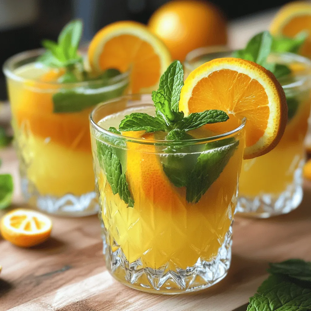 Fresh ginger root is the star of this drink. It adds a spicy kick. Ginger helps with digestion and can ease sickness. Use about 1 inch of ginger. Peel it and grate it for the best flavor. Citrus fruits bring bright flavors and vitamins. I use 2 juicy oranges and 1 lemon. They are high in vitamin C. This vitamin boosts your immune system. Juice them right before using for the freshest taste. I add a tablespoon of honey for sweetness. You can swap it with maple syrup for a vegan option. Turmeric is also important. It has health benefits and adds a warm color. Use 1 teaspoon. A pinch of black pepper helps your body absorb turmeric better. Lastly, fresh mint leaves make a lovely garnish. For the full recipe, check out the complete details. First, grab your fresh ginger root. Peel and grate about one inch. Next, take a small saucepan and add one cup of water. Bring it to a simmer over medium heat. Once it’s simmering, add the grated ginger and one teaspoon of turmeric powder. Stir the mixture well. Let it simmer for about five to seven minutes. This helps the flavors blend together nicely. After that, remove the saucepan from the heat. Strain the mixture into a large bowl or pitcher. Discard the ginger pulp. Now, you have a fragrant ginger and turmeric infusion ready for the next step. Now, it’s time to bring in the bright flavors of citrus. Juice two fresh oranges and one lemon. Make sure to remove any seeds. Add the freshly squeezed juices to your ginger and turmeric infusion. Mix everything together well. This adds a refreshing zing to the drink. The citrus not only tastes great but also boosts your immune health. Next, it’s time to sweeten your drink. Stir in one tablespoon of honey or maple syrup until it fully dissolves. This adds a lovely sweetness that balances the tanginess of the citrus. Don’t forget to add a pinch of black pepper. This small addition helps your body absorb the benefits of turmeric. If you like your drink cold, chill it in the refrigerator for about 15 to 20 minutes. You can also serve it warm if you prefer. For a nice presentation, serve in clear glass cups and garnish with fresh mint leaves. Optionally, add a slice of orange on the rim for a fun touch. Enjoy your Ginger Citrus Immune Booster! Juicing citrus fruits is easy with a few simple steps. First, roll the oranges and lemons on the counter. This helps to break down the fibers. Next, cut them in half. Use a manual juicer or a reamer for best results. Strain the juice to remove seeds. Enjoy fresh juice for a bright flavor. It adds a zesty kick to your Ginger Citrus Immune Booster. Fresh mint adds a cool taste to your drink. Start by rinsing the mint leaves under cold water. Pat them dry gently. Tear the leaves with your hands to release oils. You can muddle them in the bottom of your glass before serving. This method makes the mint flavor pop. Garnish your drink with a few whole leaves for a lovely look. Honey is a great sweetener, but you have options. Maple syrup is vegan and adds a rich taste. Agave nectar is another choice, with a mild flavor. Coconut sugar has a unique caramel note. Each sweetener offers different health benefits. Choose what you like best! They all blend well in the Ginger Citrus Immune Booster. {{image_2}} You can make this drink even better by adding grapefruit or lime. Grapefruit adds a tangy kick. It also gives you vitamin C. Lime brings a zesty flavor that brightens your drink. Simply replace some of the oranges with these fruits. The balance is key, so taste as you mix. You’ll find a new favorite twist! Want to make this drink healthier? Add superfoods! Chia seeds can boost fiber and omega-3s. Just use one tablespoon and mix it in. You can also add spirulina for added vitamins. This green powder is packed with nutrients. Just be careful! A little goes a long way. Superfoods can turn your Ginger Citrus Immune Booster into a powerhouse drink. Do you like heat? Try adding jalapeño! It gives your drink a spicy kick. Just slice a small piece and add it to the ginger infusion. Let it simmer for a few minutes. This adds warmth and depth. Jalapeño also has health benefits, like boosting metabolism. It’s a fun way to make your immune booster unique. For the complete recipe, check out the Full Recipe section! Store any leftover Ginger Citrus Immune Booster in a clean, airtight container. This helps keep the drink fresh. Always use glass or BPA-free plastic. Avoid metal containers, as they can change the flavor. When stored correctly, your Ginger Citrus Immune Booster will last about 3 to 5 days in the refrigerator. The flavors may change slightly over time, but it will still be good to drink. You can freeze the Ginger Citrus Immune Booster for longer storage. Pour it into ice cube trays for easy use later. Once frozen, transfer the cubes to a zip-top bag. They’ll last for about 2 to 3 months in the freezer. Just thaw and enjoy when you need a health boost! Ginger is known for its strong anti-inflammatory properties. It helps reduce nausea and aids digestion. Citrus fruits, like oranges and lemons, are rich in vitamin C. This vitamin boosts your immune system and fights infections. Together, they create a powerhouse drink that supports your overall health. Yes, you can easily make this recipe vegan. Just use maple syrup instead of honey. This small swap keeps the drink sweet and plant-based. All other ingredients are already vegan-friendly. You can enjoy this immune booster without any animal products. You can change this recipe in many ways. Try adding more ginger for a spicier kick. If you like it sweeter, add more maple syrup. You can also mix in other juices, like grapefruit or lime, for a different flavor. Experimenting is fun and keeps the drink fresh. - What other ingredients can help boost immunity? Many other ingredients can help strengthen your immune system. Here are a few ideas: - Garlic adds flavor and has strong immune-boosting properties. - Honey is not just sweet; it also has antibacterial effects. - Spinach is full of vitamins and minerals that support health. - Berries are rich in antioxidants, making them great for your body. These ingredients can enhance your Ginger Citrus Immune Booster and make it even healthier. Check out the Full Recipe for more details! This recipe is a simple way to boost your health. You learned about fresh ginger, citrus fruits, and additional ingredients like honey and turmeric. Following the steps, you can create a tasty immune booster. Remember to use tips for juicing and flavoring to make your drink special. Storage info helps you keep leftovers fresh for later. Stay curious and try different variations to find what you love. With this knowledge, you can support your health in a fun way. Enjoy your tasty drink and its health benefits!