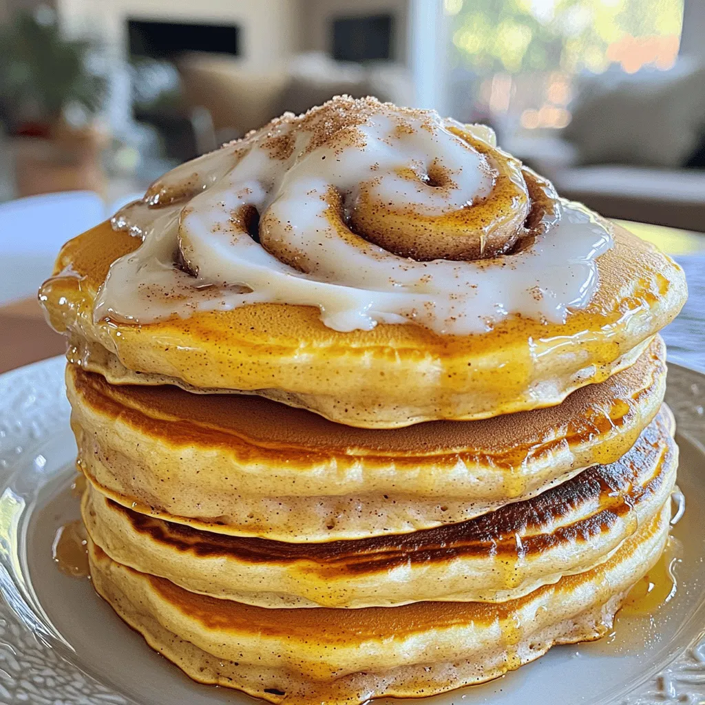 - 1 cup all-purpose flour - 2 tablespoons granulated sugar - 2 teaspoons baking powder - 1/2 teaspoon baking soda - 1/4 teaspoon salt - 1 cup buttermilk - 1 large egg - 2 tablespoons unsalted butter, melted - 1 teaspoon vanilla extract - 1/4 cup brown sugar, packed - 1 tablespoon ground cinnamon - 2 tablespoons unsalted butter, softened - 1/2 cup cream cheese, softened - 1/4 cup powdered sugar - 1 tablespoon milk - 1/2 teaspoon vanilla extract These ingredients create a sweet and rich breakfast. Each element plays a key role. The buttermilk gives a nice tang and fluffiness. The cinnamon swirl adds that classic cinnamon roll flavor. Finally, the cream cheese glaze brings it all together. You can find the Full Recipe for detailed steps to make this delicious treat. First, we need to mix our cinnamon swirl. In a small bowl, combine the brown sugar and ground cinnamon. Stir them until they blend well. Next, add the softened butter. Mix it all together until it forms a smooth paste. This swirl adds a sweet touch to your pancakes. Now, let’s move on to the pancake batter. In a large bowl, whisk together the flour, granulated sugar, baking powder, baking soda, and salt. In another bowl, mix the buttermilk, egg, melted butter, and vanilla extract. Pour the wet mix into the dry mix. Stir gently until just combined. It’s okay to have a few lumps. Avoid overmixing; this keeps the pancakes fluffy. Next, we need to heat our skillet. Preheat a non-stick skillet over medium heat. Lightly grease it with butter or cooking spray. Now, pour about 1/4 cup of batter onto the skillet for each pancake. Take a spoon and swirl a teaspoon of the cinnamon mixture on top. Cook until bubbles appear on the surface, about 2-3 minutes. Then, flip the pancake and cook for another 1-2 minutes until golden brown. For the full recipe, check out the details above. Enjoy your delicious cinnamon roll pancakes! To get the best pancake texture, focus on the batter. You want it thick but pourable. Mix the dry and wet ingredients until just combined. If you overmix, your pancakes can turn tough. A few lumps in the batter are okay. Resting the batter for 5 to 10 minutes helps too. This allows the flour to absorb the liquid. The pancakes will be softer and fluffier. Creating a beautiful cinnamon swirl is key. Use a squeeze bottle to control the swirl. This helps you create neat, tight spirals. If you don’t have a squeeze bottle, a zip-top bag works. Fill the bag with the cinnamon mixture and snip a corner. Squeeze gently as you swirl it onto the pancake batter. This adds visual appeal and flavor. Top your pancakes with a variety of flavors. Maple syrup is a classic choice, but try different sauces too. Fresh fruit like berries or bananas adds freshness. You can also sprinkle extra cinnamon sugar on top. For a rich touch, drizzle the cream cheese glaze. Each bite becomes a sweet delight with these toppings. {{image_2}} You can boost the flavor of your cinnamon roll pancakes. Adding a splash of vanilla makes them taste richer. You might also try a pinch of nutmeg for warmth. Different sugars can change the flavor too. For a unique twist, use light brown sugar instead of granulated sugar. You can even experiment with coconut sugar for a subtle caramel note. If you need gluten-free pancakes, swap all-purpose flour with a gluten-free mix. Make sure the mix contains a binding agent like xanthan gum. For those avoiding dairy, use almond milk or oat milk instead of buttermilk. You can replace the egg with a flaxseed meal or applesauce for a dairy-free option. Toppings can turn your pancakes into a fun treat. Fresh fruits like bananas or berries add brightness. Nuts like walnuts or pecans provide crunch and flavor. For a special touch, consider whipped cream or even a scoop of ice cream. Both options make the dish feel like dessert for breakfast. [Full Recipe] To store leftover pancakes, place them in an airtight container. Make sure they cool first. You can keep them in the fridge for up to three days. For reheating, just pop them in the microwave for about 30 seconds. Alternatively, you can use a skillet over low heat for a minute or two. This keeps them fluffy and warm. To freeze pancakes, stack them with parchment paper in between each one. Place the stack in a freezer-safe bag or container. They can last up to two months in the freezer. When you want to eat them, take out the desired number. Thaw them overnight in the fridge, then reheat in the microwave or skillet. They will taste fresh and delicious! Cinnamon roll pancakes are best eaten fresh but will last a bit. The pancakes can stay in the fridge for about three days. The cream cheese glaze lasts about a week in the fridge. Check for any changes in smell or color to spot spoilage. If you see mold, throw it out. Always trust your senses! Cinnamon roll pancakes combine two beloved treats. They blend fluffy pancakes with sweet cinnamon rolls. The taste is warm and comforting. The cinnamon swirl adds a delightful twist. The cream cheese glaze makes them even better. This dish is perfect for breakfast or brunch. You’ll impress family and friends with this tasty treat. Yes, you can prepare this dish ahead of time. You can make the pancake batter a day in advance. Store it in the fridge to keep it fresh. You can also cook the pancakes, let them cool, and then store them. Just place them in an airtight container. When you’re ready, reheat them gently on a skillet or in the microwave. This saves time on busy mornings! You can spot perfectly cooked pancakes with a few easy signs. Look for bubbles forming on the surface. This usually takes about 2-3 minutes. When the edges look set, it’s time to flip. Cook the other side until golden brown, roughly 1-2 minutes more. A good pancake should feel soft but firm when you touch it. Absolutely! You can change the glaze to fit your taste. Try adding a splash of lemon juice for a tart kick. You can also mix in some maple syrup for extra sweetness. For a chocolate twist, add cocoa powder. Get creative! The glaze is a great way to make each pancake special. Serving sides can enhance your breakfast. Fresh fruit, like strawberries or bananas, pairs well. Bacon or sausage adds a savory touch. You can also serve yogurt for a creamy balance. If you love nutty flavors, sprinkle some chopped nuts on top. Enjoy your meal with a hot cup of coffee or tea! This blog post has guided you through making delicious cinnamon roll pancakes. We covered key ingredients, step-by-step instructions, and helpful tips for the perfect texture. I shared variations and storage tips to help you enjoy these treats anytime. Remember, these pancakes are a fun twist on breakfast favorites. Try them with fresh fruits or a creative glaze. With practice, you’ll impress everyone at your table. Enjoy your cooking journey!