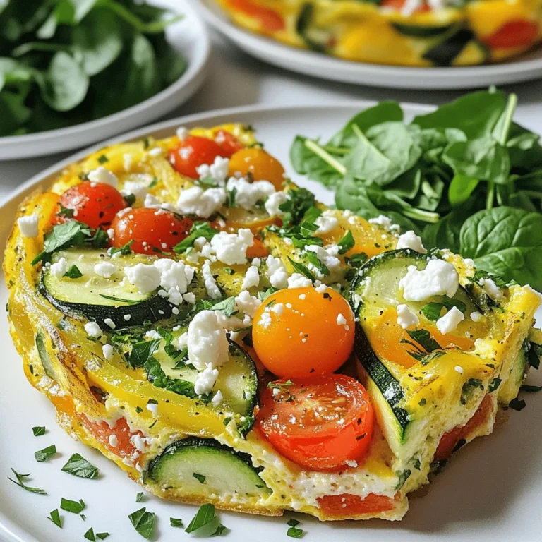 To make a delicious veggie frittata, you need a few simple ingredients. Here’s what you will gather: - 6 large eggs - 1 cup spinach, chopped - ½ bell pepper, diced (any color) - ½ cup cherry tomatoes, halved - ¼ cup onion, finely chopped - ½ cup zucchini, diced - 1 tablespoon olive oil - ¼ cup feta cheese, crumbled - Salt and pepper to taste - Fresh herbs (parsley or basil) for garnish These fresh ingredients bring flavor and color to your dish. Eggs serve as the base, while the veggies add texture and nutrition. Feta cheese gives a nice salty bite, and fresh herbs brighten the taste. Using seasonal produce can enhance the dish. You can choose your favorite vegetables too. This frittata is versatile and lets you express your style in the kitchen. For the full recipe, check out "Garden Delight Veggie Frittata." 1. First, preheat your oven to 375°F (190°C). This step gets the oven ready for baking. 2. Next, grease a 9-inch oven-safe skillet. You can use cooking spray or a little olive oil to coat the bottom. 1. Heat the olive oil in the skillet over medium heat. 2. Add the chopped onion and diced bell pepper. Sauté them for about 3 to 4 minutes until they soften. 3. Then, add the diced zucchini and halved cherry tomatoes. Cook these for another 2 to 3 minutes until they start to soften. 4. Finally, stir in the chopped spinach. Cook until it wilts, about 1 to 2 minutes. 1. In a large bowl, whisk together the eggs. Season them with salt and pepper to taste. Set this aside. 2. Spread the veggie mixture evenly across the bottom of your skillet. 3. Pour the egg mixture over the veggies, making sure everything is covered. 4. Sprinkle the crumbled feta cheese on top. 5. Now, transfer the skillet to the preheated oven. Bake for about 15 to 20 minutes. The frittata is done when the eggs are set and the top is lightly golden. You can find the complete recipe in "Garden Delight Veggie Frittata." Enjoy your cooking adventure! - Use fresh vegetables for best flavor. Fresh veggies make your frittata bright and tasty. - Ensure even cooking by spreading veggies in the skillet. This helps them cook at the same rate. Toss them lightly before adding the eggs. - Garnish with herbs for presentation. Fresh parsley or basil adds color and taste. A little goes a long way. - Pair with mixed greens or a simple salad. This adds crunch and freshness to your meal. A light drizzle of olive oil enhances the dish's flavor. These tips keep your frittata delicious and appealing. Enjoy your cooking adventure! {{image_2}} You can mix up the frittata with different ingredients. If you want a change from zucchini, try using mushrooms or kale instead. Both add great flavor and texture. You can also switch out the cheese. Goat cheese or cheddar works wonderfully. Each cheese brings its own taste, making the dish unique. To boost the flavor, add fresh herbs like thyme or oregano. These herbs will give the frittata a nice aroma. Want some heat? Sprinkle in chili flakes or paprika. This little addition can change the whole dish. It makes it exciting and full of flavor. So, feel free to get creative with your veggie frittata! Store your veggie frittata in an airtight container. It will stay fresh for up to 3 days. This makes it easy for meal prep or quick snacks during the week. Just remember to let it cool before sealing it up. This helps keep moisture in check. When you want to enjoy your frittata again, reheating is simple. You can reheat slices in the oven or the microwave. If using the oven, set it to 350°F (175°C) and warm for about 10 minutes. In the microwave, heat in 30-second bursts. Be careful not to overcook it. Overcooking can make the eggs tough and rubbery. A quick warm-up will keep it fluffy and tasty. Enjoy every bite of your delicious creation! A veggie frittata generally lasts up to 3 days when stored properly. Store it in an airtight container. This keeps it fresh and safe to eat. Check for any signs of spoilage before consuming. If it smells off or looks strange, it's best to toss it. Yes, you can make a frittata ahead of time and store it. This makes meal prep easy and quick. Prepare your frittata on a Sunday, and enjoy it throughout the week. Just make sure to cool it down before storing. This helps keep the flavor intact. Cut the frittata into wedges and serve it warm or at room temperature. This dish is versatile. You can serve it for breakfast, lunch, or dinner. Pair it with a light salad or some crusty bread for a complete meal. For the detailed recipe, refer to "Garden Delight Veggie Frittata." You learned how to make a tasty veggie frittata with simple steps. We covered the ingredients, cooking tips, and variations to suit your taste. You can store it for up to three days, making it a great meal prep option. Enjoy this dish warm or at room temperature. Remember, cooking is about trying new things. Enjoy your time in the kitchen and get creative with flavors!
