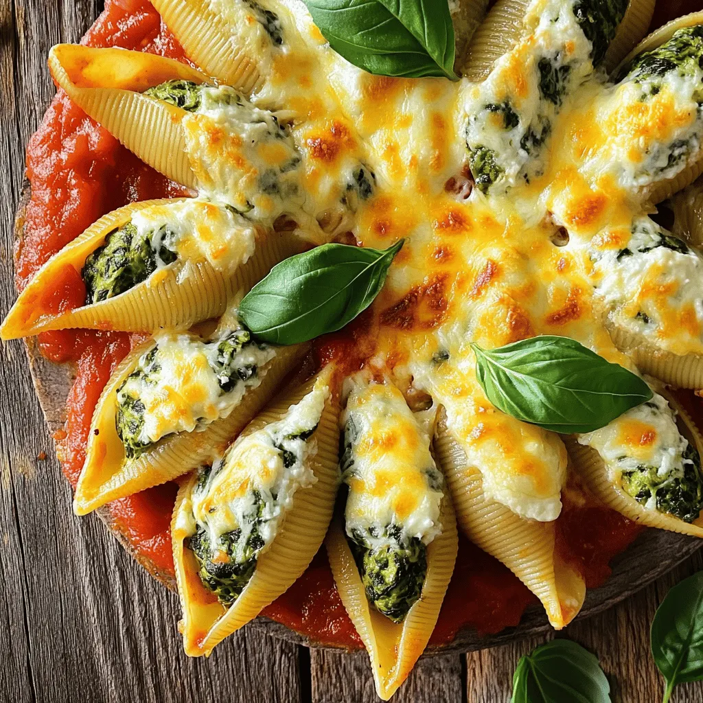 - Jumbo pasta shells - Fresh spinach - Ricotta cheese - Shredded mozzarella cheese - Grated Parmesan cheese - Egg - Garlic powder - Onion powder - Salt and pepper - Marinara sauce - Fresh basil leaves Gathering the right ingredients is key to making Cheesy Spinach Stuffed Shells. You need jumbo pasta shells to hold the filling. Fresh spinach adds a burst of color and nutrients. Ricotta cheese gives a creamy base. Shredded mozzarella cheese melts beautifully on top. Grated Parmesan cheese adds a rich flavor. You will also need an egg to bind the filling. Garlic powder and onion powder bring depth to the taste. Salt and pepper enhance all the flavors. Marinara sauce serves as a tasty base for the shells. Finally, fresh basil leaves make for a lovely garnish. - Baking dish - Mixing bowl - Spoon or piping bag - Aluminum foil Having the right tools makes cooking easier. A baking dish is perfect for holding all the stuffed shells. A mixing bowl helps you combine all the filling ingredients. A spoon or piping bag is useful for filling the pasta shells neatly. Aluminum foil covers the dish while it bakes, locking in moisture. For the full recipe, be sure to check the complete guide. 1. Preheat your oven to 375°F (190°C). This helps the dish cook evenly. 2. Cook the jumbo pasta shells according to the package instructions until they are al dente. This means they should be firm but not hard. Drain them and set aside to cool. 1. In a large bowl, combine the chopped spinach, ricotta cheese, half of the mozzarella cheese, grated Parmesan cheese, egg, garlic powder, onion powder, salt, and pepper. Mix until smooth and well blended. The spinach adds a fresh taste, while the cheeses make it creamy. 2. Carefully fill each pasta shell with the cheesy spinach mixture. You can use a spoon or a piping bag for this. Make sure to pack them well for maximum flavor. 1. Spread half of the marinara sauce on the bottom of a large baking dish. This keeps the shells moist. 2. Arrange the stuffed shells in a single layer over the sauce. Make sure they are not too crowded. 3. Top the stuffed shells with the remaining marinara sauce and sprinkle the other half of the mozzarella cheese evenly on top. 4. Cover the dish with aluminum foil and bake for 20 minutes. This helps the cheese melt nicely. 5. After 20 minutes, remove the foil and bake for an additional 10 minutes. This will make the cheese bubbly and golden. 6. Once baked, let the dish cool for a few minutes. Garnish with fresh basil leaves before serving. This adds a nice touch and flavor. For the full recipe, check out the detailed instructions above. Enjoy your meal! To get the right filling, mix the spinach, cheeses, and egg well. This makes a smooth, creamy texture. Use a spoon or piping bag to fill each shell. This helps avoid mess and keeps the filling inside. For the pasta shells, cook them until they are al dente. This means they should be firm but not hard. Drain them carefully so they don’t break. Rinse with cold water to stop the cooking. This also helps them cool down faster. Pair your cheesy spinach stuffed shells with a fresh salad. A simple green salad with a light vinaigrette works well. You can also serve garlic bread on the side. It soaks up the marinara sauce nicely. Garnish with fresh basil leaves for a pop of color and taste. You might also sprinkle extra Parmesan cheese on top. This adds a nice, salty flavor that complements the dish. To prepare in advance, you can make the filling and cook the pasta shells ahead of time. Store them in the fridge until you’re ready to assemble. This can save time on busy days. For leftovers, store the stuffed shells in an airtight container. They stay fresh for up to three days. To reheat, place them in the oven at 350°F (175°C) for about 20 minutes. This keeps them warm and tasty. You can also use a microwave, but the oven gives you better texture. You can find the full recipe in the article. {{image_2}} You can swap out some ingredients for different diets. If you want a dairy-free option, use cashew cheese or tofu instead of ricotta. Nutritional yeast adds a cheesy flavor without dairy. If you want more protein, try adding cooked chicken or turkey. You can also mix in vegetables like mushrooms, bell peppers, or zucchini for added nutrition. Spicing up the filling can make your dish unique. Add a pinch of red pepper flakes for heat. Fresh herbs like parsley or thyme can brighten the flavor. For sauces, marinara is classic, but you can try Alfredo or pesto. Each sauce changes the dish's vibe and adds new flavors. You can give your stuffed shells an Italian twist by using Italian sausage in the filling. This adds a savory kick. For a fusion idea, try using curry powder in the filling for a fun twist. Top it with a coconut cream sauce instead of marinara. These changes create a fun new taste while staying true to the stuffed shell concept. For a full recipe, check out the detailed instructions and tips for making these delicious cheesy spinach stuffed shells. Store any leftovers in an airtight container. This keeps them fresh. You can enjoy them for up to three days. Make sure to cool them down before sealing. This helps avoid moisture build-up. To freeze, follow these steps: 1. Let the stuffed shells cool completely. 2. Place them in a single layer on a baking sheet. 3. Freeze them for about two hours until firm. 4. Transfer the shells to a freezer-safe bag. 5. Label the bag with the date and type of dish. For best results, eat them within three months. When you want to enjoy them again, thaw in the fridge overnight. You can reheat stuffed shells in two ways: - Oven: Preheat the oven to 350°F (175°C). Place the shells in a baking dish. Cover with foil to keep them moist. Bake for about 20-25 minutes. - Microwave: Place shells on a microwave-safe plate. Heat for 2-3 minutes, checking halfway through. This method is quick but may not keep them as crispy. Both methods work well, but the oven gives better texture. Enjoy your cheesy spinach stuffed shells warm! For the full recipe, check out the complete guide. You should bake Cheesy Spinach Stuffed Shells for about 30 minutes. First, cover the dish with foil and bake for 20 minutes. Then, remove the foil and bake for another 10 minutes. This gives the cheese a nice, bubbly finish. Yes, you can prepare Cheesy Spinach Stuffed Shells ahead of time. Just fill the shells and place them in a baking dish. Cover it and store in the fridge for up to 24 hours. When ready to bake, add a few extra minutes to the cooking time. A classic marinara sauce works great with these shells. You can use store-bought or homemade sauce. If you like, try a spicy marinara for extra kick or a roasted garlic sauce for a different flavor. Absolutely! Feel free to mix and match cheeses. You can add feta for a tangy taste or cheddar for a sharper flavor. Just keep the same amounts to maintain the filling's texture. Yes, you can freeze Cheesy Spinach Stuffed Shells. Just prepare them as you normally would. Wrap the dish tightly and store it in the freezer for up to three months. When ready to eat, thaw in the fridge and bake as normal. For the full recipe, check out the earlier section. In this post, we explored the tasty recipe for Cheesy Spinach Stuffed Shells. We covered the key ingredients, recommended tools, and shared step-by-step instructions. I shared tips for cooking, serving, and meal prepping, along with fun variations. Lastly, we discussed storage options and answered some common questions. Cooking can be simple and fun. I hope these tips inspire you to try this dish! Enjoy every bite you create!
