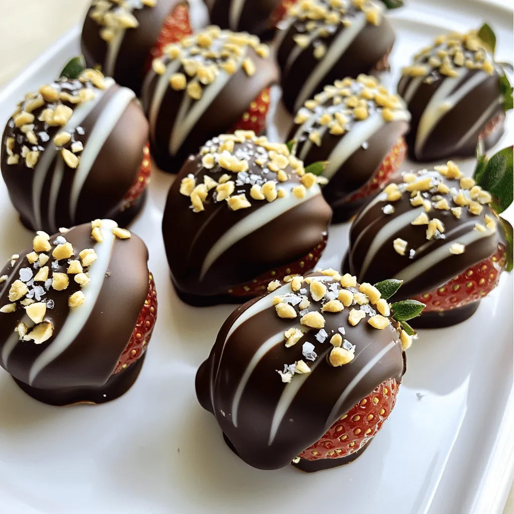 - Fresh strawberries - Dark chocolate - White chocolate - Coconut oil - Sea salt - Crushed nuts To make chocolate-covered strawberry bites, start with fresh strawberries. Choose ripe, firm berries for the best flavor. Rinse them gently and dry them well. Any water will stop the chocolate from sticking. You will need dark chocolate for a rich taste. I recommend at least 70% cocoa for depth. You can also use white chocolate for a sweet contrast. Adding coconut oil to the dark chocolate helps it melt smoothly. For garnishes, sea salt adds a nice touch. It balances the sweetness. Crushed nuts give a crunchy bite. They also add flavor. You can mix and match these ingredients based on your taste. Follow the Full Recipe for more details. Enjoy your sweet treat! Start by washing your strawberries under cool water. This step is key. Rinse them well to remove dirt and pesticides. After washing, dry them carefully with a clean towel. Any water left on the strawberries can stop the chocolate from sticking. Make sure they are completely dry. You can melt chocolate using a microwave or a double boiler. For the microwave, place dark chocolate and a bit of coconut oil in a bowl. Heat it in short bursts of 30 seconds. Stir after each burst until smooth. This keeps the chocolate from burning. If you use a double boiler, simmer water in a pot. Put chocolate in a bowl above the pot. Stir until melted and silky. Hold each strawberry by its stem. Dip it into the melted chocolate. Make sure to coat it evenly. Let any extra chocolate drip off. Place the strawberry on a baking sheet lined with parchment paper. Space them out well. This way, they won’t stick together. For added flair, melt the white chocolate in the same way. Once melted, transfer it to a piping bag. If you don’t have one, use a sandwich bag with a small corner cut off. Drizzle the white chocolate over each dipped strawberry. Create a zigzag pattern for style. After decorating, place the baking sheet in the fridge. Let the chocolate set for about 30 minutes. This makes the chocolate firm and ready to eat. When set, transfer your chocolate-covered strawberry bites to a nice platter. You can keep them in the fridge until you’re ready to serve. Enjoy this delightful treat! To melt chocolate well, use low heat. Avoid burning chocolate by microwaving in short bursts. Start with 30 seconds, then stir. If it’s not melted, heat for another 15 seconds. You can also use a double boiler. This method uses steam for gentle melting. If you want a smoother finish, add a small amount of coconut oil. However, if you don’t have coconut oil, use vegetable oil. It works just as well for a nice shine. Pick ripe strawberries for the best taste. Look for bright red, firm berries with green leaves. Make sure they are dry before dipping. Moisture makes the chocolate slide off. In spring and summer, strawberries are in season. They taste sweeter and are easier to find. You can find good ones in winter, too, but they may not be as sweet. For a smooth coating, dip the strawberry swiftly. Hold it by the stem and swirl it in the chocolate. This helps the chocolate cover evenly. Let any excess chocolate drip off before placing it on the baking sheet. If your chocolate hardens, don’t worry! You can re-melt it. Just place it back in the microwave for 15-second bursts until it’s smooth again. This way, you can fix your chocolate without wasting any. {{image_2}} You can change the chocolate used for dipping. Milk chocolate gives a sweet taste. Dark chocolate adds a rich flavor. I prefer dark chocolate for its deep taste. It balances the sweetness of strawberries. White chocolate offers a creamy twist. You can mix white chocolate with dark for a fun look. Get creative with toppings! Sprinkles can make your bites festive. Chopped nuts add crunch, and coconut flakes give a tropical vibe. You can also add flavor with extracts. A drop of peppermint can make it fresh and cool. Serve your chocolate-covered strawberry bites in fun ways. They look great on dessert platters. Add them to a charcuterie board for a sweet touch. You can even pair them with dipping sauces. A chocolate or caramel sauce can enhance the flavor. Explore more ideas in the Full Recipe for chocolate-covered strawberry bites! To keep your chocolate-covered strawberry bites fresh, store them in the fridge. The best temperature is around 35-40°F (1-4°C). Use an airtight container to protect them from moisture and odors. I recommend using a shallow container, as it allows for easy stacking and minimizes movement. If using parchment paper, place it between layers to avoid sticking. You can freeze chocolate-covered strawberries for longer storage. First, place them on a baking sheet in a single layer. Freeze for about an hour until solid. Then, transfer them to a freezer-safe bag. Remove as much air as you can to prevent freezer burn. To serve, move them to the fridge for a few hours or overnight. This way, they will thaw gently without losing texture or taste. Enjoy your chocolate-covered strawberry bites anytime! Chocolate-covered strawberries last about 1 to 2 days in the fridge. They taste best fresh. In the freezer, they can last up to 2 months. However, freezing may change their texture. For the best taste, enjoy them right after making. Yes, you can use other fruits! Some great options are bananas, pineapples, and apples. Each fruit brings a different flavor. Just make sure they are dry before dipping. This helps the chocolate stick better. Dark chocolate is rich and bold. It pairs well with many fruits. Milk chocolate is sweeter and creamier. White chocolate adds a sweet and creamy touch. Each type offers a unique flavor. Choose based on your taste. You can find pre-made chocolate-covered strawberries at many stores. Check local bakeries, grocery stores, or specialty shops. Online, retailers like Amazon and gourmet food sites often have them. Just make sure to read reviews for quality. Making chocolate-covered strawberries is simple and fun. You learned about the best ingredients, like fresh strawberries and different types of chocolate. Each step, from washing to storing, matters for great taste. Remember, your choice of chocolate and toppings can change the flavor. Don't be afraid to try new ideas. With these tips, you can impress friends and family. Enjoy your delicious treats, knowing you made them yourself!