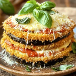 To make a tasty Eggplant Parmesan Bake, gather these ingredients: - 2 medium eggplants, sliced into 1/4-inch rounds - 3 cups marinara sauce (homemade or store-bought) - 2 cups shredded mozzarella cheese - 1 cup grated Parmesan cheese - 2 cups all-purpose flour - 1 cup breadcrumbs (preferably Italian style) - 3 large eggs, beaten - 1 tablespoon dried oregano - 1 tablespoon fresh basil, chopped (or 1 teaspoon dried) - Salt and pepper to taste - Olive oil for brushing You’ll need a few tools to make this dish: - A sharp knife for slicing eggplants - A cutting board for prep work - Three bowls for the breading station - A large skillet for frying - A 9x13 inch baking dish for layering - Aluminum foil to cover the dish while baking - Measuring cups and spoons to ensure accuracy Quality matters when it comes to flavor. Here are some tips: - Choose firm, shiny eggplants with no blemishes. - Use fresh herbs for a bright taste. Dried herbs work too but may lack depth. - Select high-quality marinara sauce for the best flavor. Homemade sauce can really shine. - Opt for fresh mozzarella for a gooey texture. Pre-shredded cheese is convenient but may not melt as well. - Use fresh Parmesan cheese, grated right before use, for maximum flavor. When you gather the right ingredients, your Eggplant Parmesan Bake will shine. For the complete recipe, check out the Full Recipe section above. Start by prepping your eggplants. Slice two medium eggplants into 1/4-inch rounds. This size helps them cook evenly. Sprinkle salt over the slices and let them sit for 30 minutes. This step draws out excess moisture and bitterness. Rinse the slices and pat them dry with a clean towel. Next, set up your breading station. You need three bowls: one with 2 cups of all-purpose flour, one with 3 beaten eggs, and the last with 1 cup of breadcrumbs mixed with 1 tablespoon of dried oregano, 1 tablespoon of fresh basil (or 1 teaspoon of dried), salt, and pepper to taste. Now, it's time to coat the eggplant slices. Dip each slice into the flour and shake off the extra. Next, dip it into the beaten eggs, coating it well. Finally, coat it in the breadcrumb mixture. Make sure each piece is fully covered. Heat a large skillet over medium heat and add a drizzle of olive oil. Once the oil is hot, add the breaded eggplant slices in batches. Cook them until golden brown, about 3-4 minutes on each side. Transfer the cooked slices to a plate lined with paper towels to absorb excess oil. For the baking part, grab a 9x13 inch baking dish. Spread a thin layer of marinara sauce on the bottom. Layer half of the eggplant slices over the sauce. Then, add half of the marinara sauce, followed by half of the mozzarella cheese, and half of the Parmesan cheese. Repeat these layers with the remaining eggplant, marinara sauce, mozzarella, and Parmesan. Cover the baking dish with aluminum foil, making sure it doesn't touch the cheese. Bake in the preheated oven at 375°F (190°C) for 30 minutes. After 30 minutes, remove the foil and bake for another 15-20 minutes. You want the cheese to be bubbly and golden. Let the dish cool for 10 minutes before slicing. Enjoy this rich and flavorful Eggplant Parmesan Bake with family and friends! For the full recipe, check out the main section. When picking eggplant, look for smooth, shiny skin. Choose firm eggplants without soft spots. The color should be deep purple, almost black. Smaller eggplants often taste better than larger ones. If you can, smell the stem; it should smell fresh. This helps ensure you get the best flavor. To get the best texture, slice the eggplant thin. A quarter-inch thickness works great. Salt the slices, letting them sit for 30 minutes. This step pulls out excess moisture and bitterness. Rinse and dry them well. Fry them until golden brown in olive oil. This gives you a crisp outer layer. Layering the eggplant with marinara and cheese keeps it moist. Bake until the cheese bubbles for a perfect finish. When serving, cut the bake into neat squares. Place each square on a plate and add fresh basil for color. A sprinkle of extra Parmesan cheese makes it look fancy. You can serve it with garlic bread or a fresh salad. This balance of flavors makes each bite special. For a twist, pair it with a light red wine. Enjoy every flavorful layer! {{image_2}} You can make this dish even more veggie-packed. Try adding layers of spinach or zucchini for extra nutrition. You can also replace the eggplant with mushrooms. They soak up flavors well and add a nice texture. To make this bake gluten-free, swap the breadcrumbs and flour. Use gluten-free breadcrumbs and almond flour instead. They work great and still give a nice crunch. You can also use crushed nuts for a unique twist. Want to kick up the flavor? Add roasted garlic to the marinara sauce. It brings a rich taste that pairs well with the eggplant. You can also mix in some red pepper flakes for heat. Fresh herbs like thyme or rosemary can add depth, too. Don't forget to check the Full Recipe for more ideas. After you enjoy your eggplant Parmesan bake, let it cool completely. Place any leftovers in an airtight container. Store in the fridge for up to four days. If you want to keep it longer, freezing is a great option. Reheat the leftovers in the oven for best results. Preheat your oven to 350°F (175°C). Place the bake in an oven-safe dish. Cover it with foil to keep it moist. Heat for about 20-25 minutes. You can also use a microwave, but it may not heat evenly. If you go this route, heat in 1-minute intervals until warm. To freeze eggplant Parmesan bake, first cool it completely. Cut it into smaller portions for easy reheating later. Wrap each portion tightly in plastic wrap, then in aluminum foil. Store these in a freezer-safe bag or container. This dish can last in the freezer for up to three months. When you’re ready to eat, thaw it in the fridge overnight and reheat as mentioned above. Enjoy your delicious eggplant Parmesan bake from the Full Recipe! Yes, you can use other cheeses in this recipe. I often mix mozzarella with provolone for a sharper taste. If you enjoy a stronger flavor, try adding fontina or gouda. You can also use ricotta for a creamy layer. Just remember to keep the texture in mind. The cheese should melt well and blend with the eggplant. To add some heat, sprinkle crushed red pepper flakes into the marinara sauce. You can also use spicy sausage in the layers. Another option is to mix diced jalapeños into the eggplant layers. Adjust the spice to your taste and keep it balanced with the cheese. Eggplant Parmesan Bake pairs well with simple sides. A fresh green salad adds brightness. Garlic bread is a great choice for soaking up sauce. You can also serve it with steamed vegetables for a healthy touch. Try a light pasta dish as well, like spaghetti aglio e olio, to keep it Italian. For the full recipe, check out the recipe section. This blog post covered how to make a great eggplant dish. I shared the best ingredients, tools, and tips for perfect results. Choosing quality ingredients helps with taste and texture. I also provided step-by-step instructions, variations, and storage tips. Remember, cooking is fun and creative. Don’t be afraid to try new flavors or methods. Enjoy your time in the kitchen! Every dish is a chance to learn. You can impress friends and family with your skills.