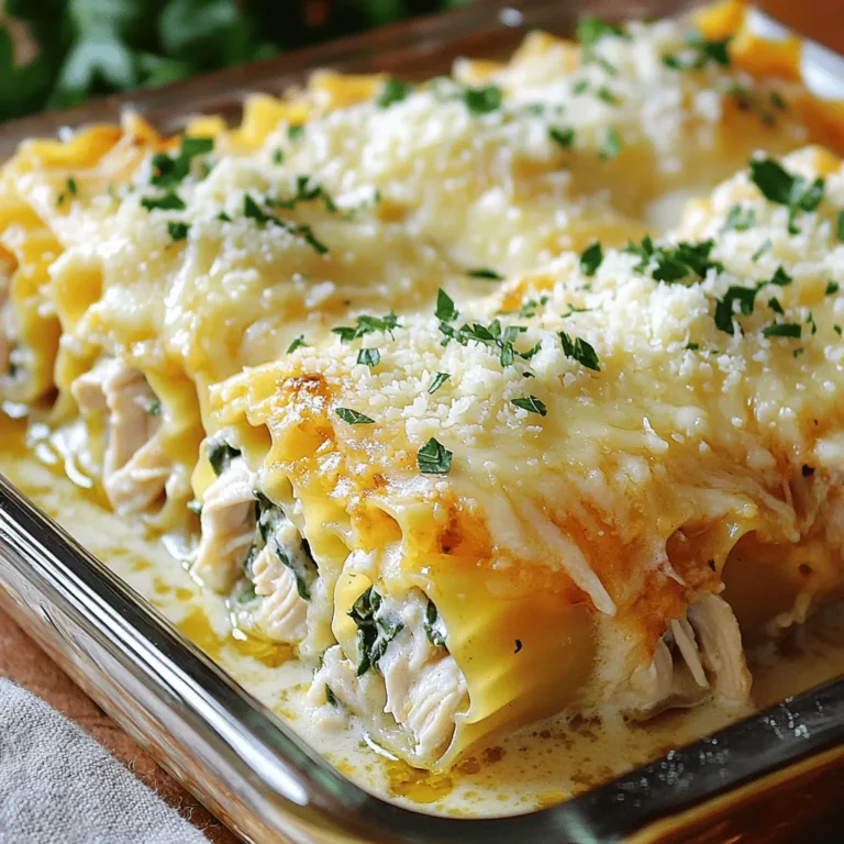 To make Chicken Alfredo Lasagna Roll Ups, you need simple ingredients. This recipe combines creamy Alfredo sauce with hearty chicken and cheese. It’s easy to follow and perfect for dinner. - 8 lasagna noodles - 2 cups cooked chicken, shredded - 1 cup ricotta cheese - 1 cup mozzarella cheese, shredded - 1/2 cup Parmesan cheese, grated - 2 cups Alfredo sauce (store-bought or homemade) - 1 cup spinach, fresh or thawed from frozen, chopped - 1 teaspoon garlic powder - Salt and pepper to taste - Fresh parsley, chopped (for garnish) Each ingredient plays a role in flavor and texture. The chicken gives protein, while the cheeses add creaminess. Spinach adds color and nutrients. You can swap some ingredients if needed. Use ground turkey instead of chicken for a lighter option. Cottage cheese can replace ricotta for a different taste and texture. If you want a dairy-free version, try a plant-based cheese. You can also use zucchini noodles for a gluten-free meal. These changes will keep the dish tasty and fun! First, you need to preheat your oven. Set it to 375°F (190°C). This will get it hot and ready for your lasagna roll-ups. While the oven warms, bring a large pot of salted water to a boil. Once boiling, add the lasagna noodles. Cook them according to the package instructions until they are al dente, which means firm but not hard. This usually takes about 8 to 10 minutes. After cooking, drain the noodles in a colander. Lay them flat on a clean kitchen towel to help them cool and avoid sticking. Now it's time to make the filling. In a mixing bowl, combine your shredded cooked chicken, ricotta cheese, half of the mozzarella cheese, and grated Parmesan cheese. Add the chopped spinach, garlic powder, salt, and pepper. Mix all these ingredients well until they blend into a smooth filling. You want it to be creamy and flavorful. This filling is the heart of your roll-ups, so make sure it tastes good! To assemble the roll-ups, spread a thin layer of Alfredo sauce on the bottom of a 9x13 inch baking dish. Take one lasagna noodle and place a generous amount of the chicken filling along its length. Carefully roll the noodle up from one end. Place the roll seam-side down into the baking dish. Repeat this with the remaining noodles and filling until they are all in the dish. Once all the roll-ups are in place, pour the remaining Alfredo sauce evenly over them. Finally, sprinkle the rest of the mozzarella cheese on top. This will create a delicious, cheesy crust when baked. To make perfect roll-ups, start with cooked noodles. Lay them flat on a towel to cool. This prevents sticking. Spread the filling evenly along the noodle. Leave space at the edges. Roll the noodle tightly from one end. Place the seam side down in the dish. Repeat this for all the noodles. When baked, they will hold well together. Sticky noodles can be a hassle. To avoid this, cook the noodles just until al dente. This means they should be firm but not hard. After cooking, rinse them in cold water. This stops the cooking process. Then lay them flat on a towel. Keep them separate to prevent sticking. Garnishing adds a nice touch. I love to use fresh parsley for a pop of color. Simply chop the parsley and sprinkle it on top. You can also add extra grated Parmesan cheese for flavor. Serve the roll-ups warm. Pair them with a side salad or garlic bread for a complete meal. Enjoy your delicious Chicken Alfredo Lasagna Roll Ups! For the complete recipe, check out the full recipe section. {{image_2}} You can easily make a vegetarian version of Chicken Alfredo Lasagna Roll Ups. Instead of chicken, use a mix of veggies. Spinach, mushrooms, and zucchini work well. You can also add bell peppers for extra flavor. Just sauté the vegetables before mixing them with the cheeses. This gives a fresh taste that everyone will enjoy. If you like spicy food, add some heat! Mix red pepper flakes into the Alfredo sauce. You can also add diced jalapeños to the filling. For a smoky touch, try chipotle powder. Adjust the spice level to your taste. This adds a fun twist to the creamy dish. For a gluten-free version, use gluten-free lasagna noodles. Many brands offer tasty options that cook just like regular noodles. Check the package for cooking times. You can also use zucchini slices instead of noodles. This makes a lighter dish that is still satisfying. Just layer the sauce and filling as you would with noodles. To store leftover Chicken Alfredo Lasagna Roll Ups, let them cool first. Place them in an airtight container. You can keep them in the fridge for up to four days. If you want to save some for later, freezing is a great option. When you’re ready to eat the leftovers, you can reheat them easily. Preheat your oven to 350°F (175°C). Place the roll-ups on a baking sheet. Cover them with foil to keep them moist. Heat for about 20 minutes or until warm. You can also use the microwave. Just place them on a microwave-safe plate and heat for 2-3 minutes. Freezing is a smart way to enjoy these roll-ups later. After you assemble the roll-ups, you can freeze them before baking. Wrap each roll-up tightly in plastic wrap and place them in a freezer bag. They can last up to three months. When you’re ready to bake, thaw them overnight in the fridge before cooking. This will help them cook evenly. For best results, follow the baking instructions from the Full Recipe after thawing. Yes, you can use homemade Alfredo sauce. In fact, it can add a special touch. Just make sure it is creamy and well-seasoned. If you need a quick sauce, store-bought works great too. Just choose a brand you like. The best way to reheat these roll-ups is in the oven. Preheat your oven to 350°F (175°C). Place the roll-ups in a baking dish. Cover them with foil to keep them moist. Heat for about 20 minutes or until warm. You can also use the microwave. Heat on medium power for about 2-3 minutes. Check to make sure they are hot all the way through. Leftovers of Chicken Alfredo Lasagna Roll Ups last for about 3 to 4 days in the fridge. Make sure to store them in an airtight container. This keeps the flavors fresh and prevents drying out. If you want to keep them longer, consider freezing them. In this blog post, we explored how to make delicious Chicken Alfredo Lasagna Roll-Ups. You learned about key ingredients, step-by-step instructions, and handy tips. We discussed variations for different diets, and how to store extra roll-ups effectively. As you try this recipe, remember that cooking is fun and creative. Don’t be afraid to experiment and make it your own. Enjoy every bite of your tasty creation!