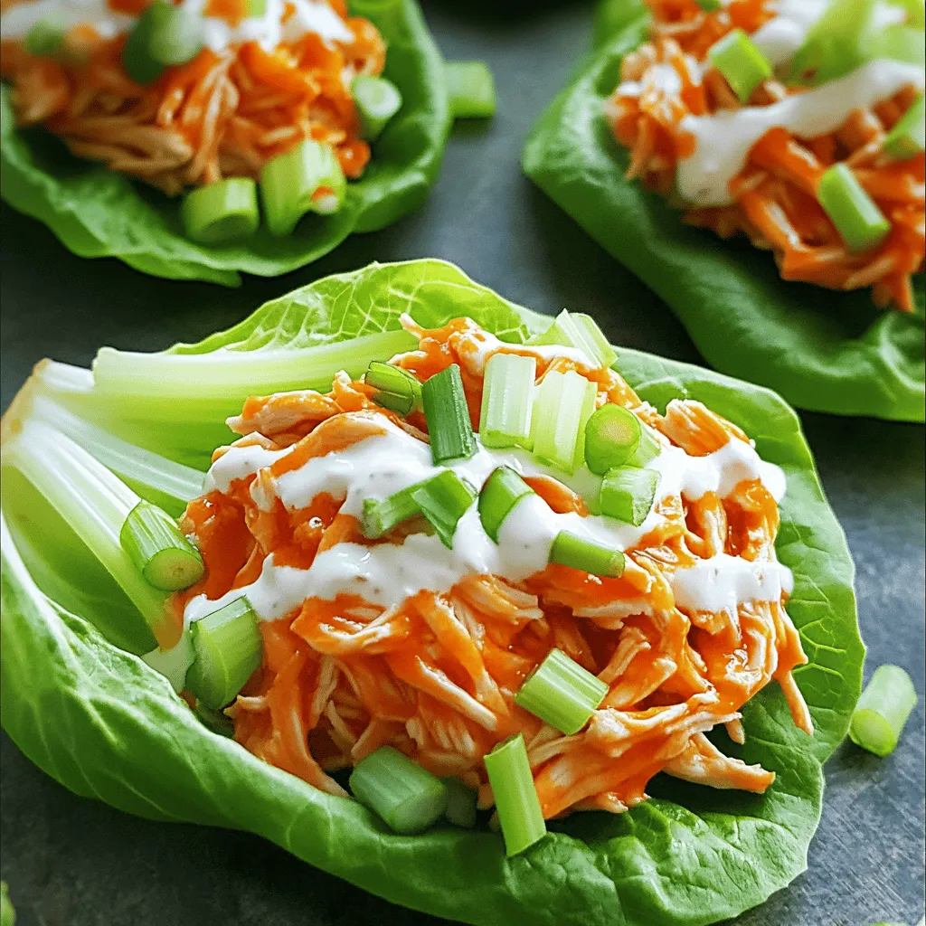 - 1 lb (450g) boneless, skinless chicken breasts - 1/2 cup buffalo sauce - 1 tablespoon olive oil - 1 teaspoon garlic powder - 1 teaspoon onion powder - 1/2 teaspoon smoked paprika - Salt and pepper to taste - 1 head of iceberg or butter lettuce - 1/2 cup ranch or blue cheese dressing - 1/4 cup green onions, chopped - 1/4 cup celery, finely diced - Optional: fresh parsley, chopped Each ingredient plays a role in making the dish flavorful and healthy. The chicken provides protein, while the buffalo sauce adds heat. The olive oil keeps everything moist. For seasonings, garlic powder and onion powder give depth, and smoked paprika adds a unique twist. You can adjust salt and pepper to your taste. Next, the lettuce acts as a crunchy wrap, making it fun to eat. Dressings like ranch or blue cheese add creaminess and contrast to the spicy chicken. The green onions and celery provide freshness and crunch. Fresh parsley can brighten the dish with color and flavor. For the full recipe, check the details above. Cooking Buffalo Chicken Lettuce Wraps is simple and fun. Let’s dive right into the steps! - Heat one tablespoon of olive oil in a large skillet. - Add 1 pound of shredded chicken. Season it with garlic powder, onion powder, smoked paprika, salt, and pepper. - Cook for about five minutes, stirring often. This step ensures the chicken absorbs all the tasty spices. - Now, pour in 1/2 cup of buffalo sauce. - Stir the sauce into the chicken until it’s all coated. - Let it cook for another three to five minutes. This warms the chicken and blends the flavors. Taste it and adjust seasonings if needed. - While the chicken cooks, take a head of iceberg or butter lettuce. Carefully separate the leaves and rinse them gently. - Spoon your warm buffalo chicken mixture into the center of each lettuce leaf. - Drizzle your choice of ranch or blue cheese dressing over the top. - For extra crunch, add chopped celery and green onions. - If you like, sprinkle some fresh parsley on top for a nice touch. This dish is quick to make and packed with flavor. You can find the Full Recipe for detailed instructions on each step! To make the best buffalo chicken, season it evenly. I sprinkle the garlic powder, onion powder, smoked paprika, salt, and pepper all over the chicken. This way, every bite is packed with flavor. After cooking, shred the chicken while it's hot. Shredding gives it the perfect texture. You want it juicy and tender for the wraps. Want more heat? Add extra buffalo sauce or a dash of hot sauce. Start with a little. You can always add more. If buffalo sauce is too spicy, try a milder sauce like barbecue. You can even mix ranch with your buffalo sauce for a creamy twist. When it comes to lettuce, I love iceberg for its crunch. Iceberg is sturdy and holds the chicken well. Butter lettuce offers a softer bite. It’s great for wraps too. To handle lettuce leaves, wash them gently and dry them well. This keeps them from tearing when you fill them. {{image_2}} You can change the sauce to fit your taste. If you want more heat, try sriracha. For sweetness, honey mustard works great. Both add a fun twist to your wraps. If you want a different protein, use turkey instead of chicken. You can also try tofu for a vegetarian option. Tofu absorbs flavors well and gives a nice texture. To make your wraps even crunchier, add some chopped bell peppers or shredded carrots. Nuts and seeds like chopped almonds or sunflower seeds are great toppings too. They add a nice crunch and extra flavor. To keep your leftover chicken mixture fresh, store it in an airtight container. Make sure to cool it down first. If you have leftover lettuce, store the leaves separately. This way, they stay crisp and fresh longer. For reheating, place the buffalo chicken in a skillet over medium heat. Stir it often for even heating. You can add a splash of water or more buffalo sauce to keep it moist. Avoid using the microwave, as it can make the chicken chewy. Yes, you can freeze buffalo chicken! To freeze, place the cooled mixture in a freezer-safe bag. Remove as much air as you can before sealing. When you're ready to eat, let it thaw in the fridge overnight. Reheat it on the stove for the best results. You can serve many tasty sides with Buffalo Chicken Lettuce Wraps. Here are some ideas: - Fresh veggie sticks like carrots and celery - Crispy sweet potato fries - A light salad with a zesty dressing - Homemade potato chips for crunch - A cooling yogurt dip to balance the spice These sides complement the wraps and add variety to your meal. Yes, you can prep some parts ahead. Here are some tips: - Cook the chicken and store it in the fridge. - Wash and dry the lettuce leaves and keep them in a container. - Cut veggies like celery and green onions for easy assembly. Assemble the wraps just before serving for the best taste. The spice level depends on the buffalo sauce you use. You can adjust it: - For milder wraps, use less buffalo sauce. - Mix in a bit of honey for sweetness. - Add more sauce if you like it hot. Tailor the spice to fit your taste. You can find the detailed instructions and ingredients in the Full Recipe. Enjoy making this fun and tasty meal! Buffalo Chicken Lettuce Wraps are easy and fun to make. You learned about the ingredients, step-by-step cooking, and tips. The options for sauces and proteins add variety. Always store leftovers properly for the best taste. You can make these wraps spicy or mild. With this guide, you can prepare a tasty meal for any event. Enjoy the fresh flavors and crunchy textures! These wraps are sure to be a hit. Happy cooking!