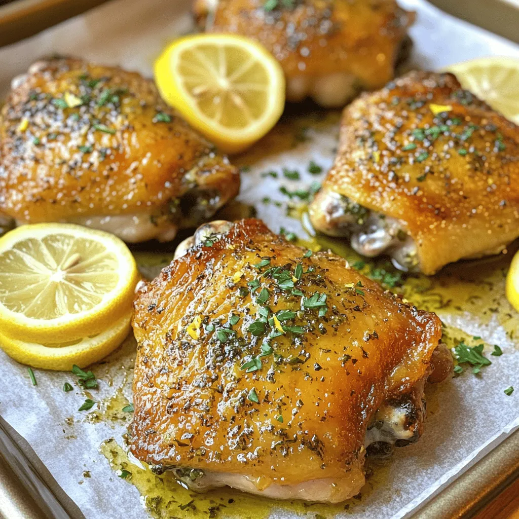 For this baked lemon herb chicken, you need a few simple yet tasty items: - 4 bone-in, skin-on chicken thighs - 3 tablespoons olive oil - 2 lemons (zest and juice of one, slices of the other) - 4 cloves garlic, minced - 1 tablespoon fresh rosemary, chopped - 1 tablespoon fresh thyme, chopped - 1 teaspoon paprika - Salt and pepper to taste Each ingredient plays a key role. The chicken thighs bring flavor and moisture. The olive oil helps with browning and adds richness. Lemons give bright, zesty notes. Garlic adds depth, while the herbs bring freshness. Paprika adds a mild kick, and salt and pepper balance everything. To elevate your dish, consider these fresh herbs and garnishes: - Fresh parsley for garnish Using fresh parsley not only adds color but also a nice, bright flavor to your dish. You can also add other herbs like basil or cilantro if you like. They will change the flavor in fun ways. Feel free to explore and customize. You can even mix in some chopped olives or capers for a briny twist. Enjoy the process and make it your own! For the full recipe, check the complete details. First, preheat your oven to 400°F (200°C). This step is key for cooking the chicken properly. While the oven heats, prepare the marinade. In a mixing bowl, combine these ingredients: - 3 tablespoons olive oil - Zest and juice of 1 lemon - 4 cloves garlic, minced - 1 tablespoon fresh rosemary, chopped - 1 tablespoon fresh thyme, chopped - 1 teaspoon paprika - Salt and pepper to taste Mix until smooth. This marinade packs a ton of flavor into the chicken. Marinating is important for juicy chicken. To get the best taste, pat the chicken thighs dry with paper towels. This helps the skin crisp up. Place the chicken in a large resealable bag or dish. Pour the marinade over the chicken. Make sure every piece is coated well. Seal the bag or cover the dish. For the best flavor, marinate in the refrigerator for at least 30 minutes. You can also marinate for up to 2 hours if you have the time. Once the chicken has marinated, take it out of the fridge. Arrange the chicken thighs skin side up on a baking sheet lined with parchment paper. This makes cleanup easier too! You can place lemon slices on and around the chicken for extra flavor. Bake in the preheated oven for 35-40 minutes. The skin should be golden brown and crispy. Use a meat thermometer to check that the internal temperature is 165°F (75°C). When done, let the chicken rest for 5 minutes before serving. This helps keep it juicy. Garnish with freshly chopped parsley for a bright finish. For the full recipe, check the earlier section. To get that crispy skin, you must dry the chicken thighs well. Use paper towels to remove any moisture. This step is key for a nice crunch when baked. For the oven, set it to 400°F (200°C). This high heat helps the skin turn golden and crispy. You can add more flavor with extra spices. Try using onion powder or cayenne pepper for a kick. Lemon slices also play a big role. Place them on and around the chicken. This adds flavor while cooking and looks great when served. Pair your chicken with simple side dishes. Roasted veggies or a fresh salad work well. For presentation, arrange the chicken on a nice platter. Add some fresh parsley on top for a pop of color. This not only looks good but also adds freshness to each bite. For the full recipe, check out the recipe section above. {{image_2}} You can switch up the herbs to change the taste. If you want a different flavor, try basil or oregano. They both add a nice touch. Fresh herbs often taste better than dried herbs, but dried can work too. Just use less since dried herbs are stronger. You can cook your chicken thighs in different ways. Grilling gives a nice smoky flavor. Baking is easy and keeps the chicken juicy. If you are short on time, try the Instant Pot or a slow cooker. Both methods cook the chicken quickly and keep it tender. Want to spice things up? You can add red pepper flakes for a kick. If you like citrus, try lime or orange. Each citrus brings its own taste. Mixing in different flavors can keep your meals exciting. To store leftover baked lemon herb chicken thighs, let them cool first. Place the chicken in an airtight container. This keeps it fresh and prevents odors from other foods. In the fridge, your leftovers last about three to four days. Always check for any off smells or changes in texture before eating. If you want to freeze your chicken, it's best to do this right away. Wrap the chicken tightly in plastic wrap or foil. Then, place it in a freezer-safe bag. This helps avoid freezer burn. Your chicken can stay good in the freezer for up to three months. When you’re ready to eat, thaw the chicken in the fridge overnight. This keeps it safe and tasty. Reheating chicken can be tricky. You want it warm but not dry. The best way to reheat is in an oven. Preheat it to 350°F (175°C). Place the chicken on a baking sheet and cover it with foil. This keeps moisture in. Heat for about 15-20 minutes or until hot. You can also use a microwave, but it might make the skin soft. If you prefer, reheat on a skillet for a few minutes to keep the skin crispy. To ensure your chicken is safe to eat, check the internal temperature. The chicken should reach 165°F (75°C). Use a meat thermometer to measure this. Insert it into the thickest part of the thigh, avoiding bone. Look for visual cues too. The skin should be golden brown and crispy. The juices should run clear when you cut into the thigh. If you see any pink, it needs more time in the oven. Yes, you can use boneless chicken thighs. They cook faster than bone-in thighs. To adjust cooking time, reduce it by about 10-15 minutes. Start checking for doneness a bit earlier. Boneless thighs can be just as tasty. However, they may lack some of the rich flavor that bone-in thighs provide. If using boneless, consider adding more spices or herbs to boost the flavor. If you need an oil substitute, try canola oil or avocado oil. Both work well in this recipe. They have a mild taste and high smoke point. Using another oil affects flavor and texture. Olive oil adds a nice depth, while canola oil keeps it light. Avocado oil can bring a slightly nutty flavor. Choose based on your taste and what you have on hand. This post covered how to prepare delicious baked chicken thighs. We explored main ingredients like chicken and marinade. We also discussed preparation, marinating, and baking techniques for perfect results. In the end, these easy steps and tips will help you enjoy tasty meals. Customize flavors and cooking methods to suit your taste. With a few adjustments and proper storage, your chicken dishes will be a hit!