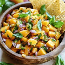 - 2 ripe peaches, diced - 1 small red onion, finely chopped - 1 jalapeño, seeded and minced - ¼ cup fresh basil leaves, chopped - 2 tablespoons lime juice - 1 teaspoon honey (optional) - Salt and pepper to taste Selecting the best peaches When choosing peaches, look for ones that are soft but not too mushy. A ripe peach has a sweet smell and a slight give when you press it. Avoid peaches with bruises or dark spots. Choosing fresh basil Fresh basil should look bright green and have no brown edges. Smell the leaves; they should have a strong, sweet scent. If the leaves are wilting, they may not be fresh. Tips for selecting onions and jalapeños Pick onions that are firm with no soft spots. A small onion adds a nice bite without being overpowering. For jalapeños, choose ones that are smooth and firm. The color should be bright green, which means they are fresh and spicy. For a detailed guide on how to make this salsa, check the Full Recipe. First, let’s prepare our ingredients. Start with the peaches. I like to use ripe peaches for a sweet taste. Dice the peaches into small pieces. This helps them mix well in the salsa. Next, finely chop the small red onion. The onion adds a nice crunch and flavor. Then, grab your jalapeño. Seed it and mince it finely. This step controls the heat level. If you want more spice, leave some seeds in. Finally, chop the fresh basil leaves. You can tear them for a rustic feel. Now, let’s mix everything together. In a medium mixing bowl, combine the diced peaches, chopped red onion, and minced jalapeño. This is where the magic begins! Add the chopped basil leaves to the bowl. Their fresh taste will brighten the salsa. Next, drizzle the lime juice over the mix. Lime juice adds a zesty kick that balances the sweetness. If you enjoy a hint of sweetness, now’s the time to add the teaspoon of honey. Gently toss everything together. Be careful not to mash the peaches! You want them to keep their shape. After mixing, season with salt and pepper to taste. Give it another gentle mix to spread the seasoning. Let the salsa sit for about 10 minutes. This allows the flavors to meld together. The waiting is worth it! You will enjoy a fresh and flavorful relish. For the full recipe, check out the complete instructions above. To make your Peach Basil Salsa truly shine, balance sweetness and acidity. The peaches bring a nice sweetness, while lime juice adds brightness. Adjust these to suit your taste. If you want more depth, try adding spices like cumin or smoked paprika. These spices will bring warmth and a unique twist. Serve your salsa in a colorful bowl for a bright look. Pair it with tortilla chips for a fun snack. You can also serve it alongside grilled chicken. This adds a fresh topping to your meal. For garnish, add more basil leaves on top. This makes the dish pop with color and freshness. If you want to prepare your salsa in advance, that’s a great idea! Simply chop and mix your ingredients a few hours before serving. This allows the flavors to blend nicely. For storage, keep your salsa in an airtight container in the fridge. It stays fresh and tasty for up to three days. Just remember to give it a gentle stir before serving again. For the full recipe, check the earlier section. {{image_2}} You can switch up your Peach Basil Salsa with different herbs. Try cilantro or mint for a fresh twist. Each herb gives a unique flavor that changes the whole dish. You can also use other fruits. Mangoes or nectarines work well, adding sweet notes. Pineapple brings a tropical vibe that is fun and bright. Want more heat? Add different peppers. Serrano or habanero peppers can ramp up the spice. Just remember to start small. You can also change the sweetness. Instead of honey, try agave nectar or maple syrup for a unique flavor. These options can make your salsa stand out even more. Peach Basil Salsa pairs well with many dishes. It’s great on grilled fish or chicken. You can also use it as a topping for tacos. This salsa adds color and flavor to any dish. Try it in salads for a refreshing crunch, or spread it on toast for a fun appetizer. For the full recipe, check out the detailed steps to make this vibrant salsa. To keep your Peach Basil Salsa fresh, use airtight containers. Glass jars work best. They seal tightly and help keep out air. Plastic containers are also fine, but make sure they close well. Store your salsa in the fridge right after making it. This keeps it cool and safe to eat. Peach Basil Salsa lasts about 3 to 5 days in the fridge. After that, it may start to lose flavor. Look for signs of spoilage. If the salsa smells sour or has a watery layer, it's time to toss it. Always trust your senses! Yes, you can freeze Peach Basil Salsa. Freezing keeps it fresh for about 2 to 3 months. To freeze, scoop the salsa into a freezer-safe bag. Press out as much air as you can before sealing. When you’re ready to eat it, thaw it in the fridge overnight. Stir it well before serving. The texture may change a bit, but the flavor will still be great. Peach Basil Salsa pairs well with many foods. Here are some great options: - Grilled chicken or fish - Tacos or burritos - Tortilla chips for dipping - A fresh green salad - Creamy goat cheese or feta Each pairing adds a unique flavor. The sweet and tangy salsa brightens up any meal. Yes, you can make this salsa vegan! Here’s how: - Replace honey with maple syrup or agave nectar. - Ensure your lime juice is fresh and not sweetened. - Use a different sweet fruit if you want extra sweetness, like mango. These swaps keep it tasty and plant-based. You can easily change the spice level in your salsa. Here are some tips: - For milder salsa, remove all the seeds from the jalapeño. - Add more diced peaches to balance the heat. - If you want it spicier, add more minced jalapeño. Taste as you go to find the perfect heat! Peach Basil Salsa is a fresh and tasty treat. You learned how to pick ripe peaches and fresh herbs. Preparing and mixing the ingredients is easy. Pair it with your favorite dishes for a burst of flavor. Remember, you can modify it by adding different fruits or peppers. This salsa stays fresh with good storage. Use these tips to enjoy your Peach Basil Salsa anytime. Now, it's time to get creative and enjoy!