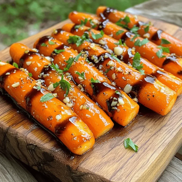To make balsamic glazed carrots, you will need: - 1 lb baby carrots (or regular carrots cut into thick slices) - 3 tablespoons balsamic vinegar - 2 tablespoons honey or maple syrup - 2 tablespoons butter (or olive oil for a vegan option) - 1 teaspoon garlic powder - ½ teaspoon salt - ¼ teaspoon black pepper - Fresh parsley, finely chopped for garnish You can switch some ingredients based on your taste or needs. - Carrots: Use regular carrots if you can't find baby carrots. - Sweetener: Maple syrup works well if you prefer a vegan option. - Fat: Replace butter with olive oil for a dairy-free dish. - Garlic Powder: Fresh minced garlic can add more flavor. Choosing the right carrots makes a big difference in taste. Here’s how to pick the best ones: - Color: Look for bright orange carrots. They should have a nice, vibrant hue. - Firmness: Select carrots that feel firm and crisp. Avoid soft or wrinkled ones. - Greens: If they have greens, they should look fresh and not wilted. - Size: Smaller carrots tend to be sweeter. But thicker carrots can also be tasty. For more on how to prepare these delightful carrots, check out the Full Recipe. Start by prepping your carrots. If you have regular carrots, peel them and cut them into thick rounds. If you use baby carrots, you can leave them whole. This step is key because it helps the carrots cook evenly. Fresh carrots work best, so look for ones that feel firm and bright. Now, let's cook the carrots. In a large skillet, bring about 1 inch of water to a boil. Once boiling, add the carrots. Cook them for about 5-7 minutes. You want them tender but still crisp. When done, drain the carrots and set them aside. This step helps to keep their bright color and fresh taste. Next, prepare the glaze. In the same skillet, lower the heat to medium. Melt the butter or heat olive oil if you prefer vegan. Add honey or maple syrup, balsamic vinegar, garlic powder, salt, and black pepper. Stir these ingredients well. This mix creates a rich, flavorful glaze. Once your glaze is ready, add the drained carrots back to the skillet. Toss them in the glaze so they get coated evenly. Cook for another 4-5 minutes, stirring occasionally. This allows the carrots to absorb the flavors and the glaze to thicken. To get the perfect glaze, watch the heat. If it’s too high, the glaze can burn. If it’s too low, it won't thicken. Stir often to prevent sticking. For a more robust flavor, let the glaze simmer a bit longer. This enhances the taste. You can also experiment by adding spices or herbs. A pinch of red pepper flakes can add a nice kick. For a fresh touch, try adding some finely chopped parsley as a garnish. This adds color and flavor to your dish. For the full recipe, check out the details above. Enjoy your delicious, balsamic glazed carrots! One common mistake is overcooking the carrots. They should stay crisp. Aim for just tender, not mushy. Another mistake is skipping the glaze. The sweet and tangy flavor makes the dish shine. Also, don’t rush the glazing process. Give it time for the sauce to thicken and coat the carrots well. To boost flavor, try adding fresh herbs. Thyme or rosemary work well with the glaze. You can also add a pinch of red pepper flakes for a spicy kick. If you love garlic, fresh minced garlic can replace garlic powder. For a twist, consider adding orange zest. It adds a bright, citrusy note that pairs perfectly with balsamic. You can cook carrots on the stovetop or in the oven. Stovetop cooking is quick and easy. You can control the glaze better this way. Simply boil, drain, and glaze. The oven method takes longer but adds a nice roasted flavor. Toss the carrots with the glaze and roast at 400°F for about 20 minutes. Both methods create a delicious dish. You can choose based on your time and taste preference. For the full recipe, check here: [Full Recipe]. {{image_2}} You can mix in other veggies to make this dish even better. Try adding sliced bell peppers, zucchini, or green beans. Each vegetable adds its own taste and texture. Just cut them to a similar size as the carrots. This way, they cook evenly. Want to spice things up? Add a pinch of red pepper flakes. This adds a nice heat. You can also switch the honey for brown sugar for more sweetness. Both options give you a different twist on the classic balsamic glaze. Experiment with flavors to find what you love! To keep it vegan, use olive oil instead of butter. Maple syrup can replace honey, making it sweet and tasty. Check your balsamic vinegar to ensure it’s gluten-free. This makes the dish friendly for many diets. It's a great way to share a meal with everyone! To keep your balsamic glazed carrots fresh, store them in an airtight container. Make sure the carrots cool down first. Place them in the fridge right away. They will last for up to 3 days. If you notice any moisture, use a paper towel to absorb it. This helps keep them crisp and tasty. Reheating balsamic glazed carrots is easy. You can use the microwave or the stovetop. For the microwave, put them in a bowl and cover it loosely. Heat for about 1-2 minutes. Stir halfway to make sure they warm evenly. If you use the stovetop, place them in a skillet over low heat. Stir often until they are hot again. This method keeps the glaze nice and sticky. Freezing cooked balsamic glazed carrots is possible, but they may lose some texture. To freeze, place them in a freezer bag. Squeeze out as much air as you can before sealing. They can stay frozen for up to 3 months. When you want to eat them, thaw them overnight in the fridge. Reheat using the stovetop method for the best taste. For the full recipe, check the original section above. Balsamic glazed carrots can last about 3 to 5 days in the fridge. Store them in an airtight container to keep them fresh. They may lose some crunch over time but still taste great. If you reheat them, they can regain some of their texture. Yes, you can use maple syrup or agave syrup. Both options work well and add a nice flavor. If you want a sugar substitute, try using a stevia blend. Adjust the amount to taste, as some sweeteners are stronger than honey. Balsamic glazed carrots go well with many dishes. They complement roasted chicken or pork very well. You can serve them with quinoa or rice for a healthy meal. They also work nicely in a salad with greens and nuts. For the full experience, try my recipe for balsamic glazed carrots. In this article, we covered key aspects of making balsamic glazed carrots. We explored ingredients, how to prepare and cook them, and tips for the best results. We noted common mistakes and offered ways to enhance flavors. You can also try fun variations, like adding other veggies or making it vegan. Storing leftovers properly helps you enjoy these carrots longer. Now you know how to create this tasty dish. Use these tips to impress your friends and family!