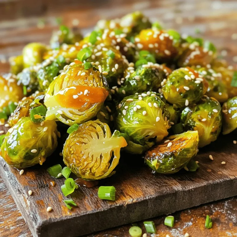 - 1 lb Brussels sprouts, trimmed and halved - 2 tablespoons olive oil - 3 tablespoons honey - 2 tablespoons Sriracha sauce - 1 tablespoon soy sauce - 2 cloves garlic, minced - Salt and pepper to taste - 1 tablespoon sesame seeds (for garnish) - Green onions, chopped (for garnish) Gathering the right ingredients is key. Fresh Brussels sprouts bring a great crunch. Honey adds sweetness, while Sriracha gives a spicy kick. The soy sauce deepens the flavor. Garlic adds depth, making every bite delicious. I like to use olive oil for roasting. It gives the sprouts a nice golden color. - Baking sheet - Mixing bowl - Whisk - Measuring spoons You will need a few tools to make this dish. A baking sheet is essential for roasting. A mixing bowl helps combine the ingredients. A whisk is great for blending the sauce. Measuring spoons ensure you use the right amounts. With these tools, you'll create a tasty dish with ease. For the full recipe, check out the link above! - Preheat oven to 425°F (220°C). - Prepare Brussels sprouts by trimming and halving. First, you need to get your oven hot. Set it to 425°F (220°C). This high heat gives the Brussels sprouts a nice crisp. Next, take your Brussels sprouts. Trim off the ends and cut them in half. This helps them cook evenly and makes them easier to eat. - Toss Brussels sprouts with olive oil, salt, and pepper. - Spread sprouts on a baking sheet and roast for 20-25 minutes. Now, grab a large bowl. Toss your halved Brussels sprouts with olive oil, salt, and pepper. Make sure they are well coated. This will add flavor and help them roast nicely. Next, spread the sprouts on a baking sheet. Place them cut side down for the best results. Roast them in the oven for about 20 to 25 minutes. You want them to turn golden brown and crispy. - In a small bowl, whisk together the sauce ingredients. - Drizzle sauce over roasted Brussels sprouts and return to oven. While those sprouts are roasting, let’s make the sauce! In a small bowl, whisk together honey, Sriracha sauce, soy sauce, and minced garlic. This blend gives a sweet and spicy kick. Once your Brussels sprouts are roasted, take them out of the oven. Drizzle the sauce over the hot sprouts and toss them gently. This ensures every piece is covered. Return the coated sprouts to the oven for another 5 to 7 minutes. This helps the sauce caramelize and stick. For the full recipe, check the complete instructions above. To get evenly cooked Brussels sprouts, cut them in half. Trim the ends and remove any yellow leaves. This helps them cook evenly and stay tender. Roast them at 425°F for 20 to 25 minutes. This high heat gives them a nice crisp. To enhance the flavor, add a pinch of smoked paprika or some fresh thyme. These spices give a lovely depth. You can pair these sprouts with grilled chicken or salmon for a tasty meal. They also work well with rice or quinoa for a vegetarian option. For a pretty plate, arrange the Brussels sprouts in a circle. Drizzle some extra sauce over the top for shine. If you have a crowd, serve about a cup per person. This makes it easy for guests to enjoy the dish at parties or meal prep. For the full recipe, check out our detailed cooking steps. {{image_2}} If you don't have honey, you can use maple syrup or agave nectar. Both add sweetness without losing flavor. If you want a different kick, you can swap Sriracha for another hot sauce. Try chili garlic sauce or even a spicy barbecue sauce for a twist. Brussels sprouts are great with other seasonal veggies. Try adding carrots or butternut squash in the fall. You can also toss in some sweet potatoes for extra flavor. If you want more protein, consider adding cooked chicken or chickpeas. This makes the dish heartier and more filling. You can make Honey Sriracha Brussels sprouts in an air fryer. Just toss the sprouts with oil and sauce, then cook for about 15 minutes. This method gives you crispy results in less time. If you prefer stovetop cooking, sauté the sprouts in a pan. Heat oil, add sprouts, and cook until they are tender. This method is quick and easy, perfect for busy nights. To store leftovers, place the Brussels sprouts in an airtight container. This keeps them fresh and tasty. Cooked Brussels sprouts last about 3 to 5 days in the fridge. Make sure they cool before sealing. For reheating, the oven works best. Preheat it to 350°F (175°C). Spread the sprouts on a baking sheet. Heat for about 10 minutes or until they’re warm. This method keeps them crispy. To avoid sogginess, do not cover them with foil. Yes, this dish is freezer-friendly! To freeze, let the Brussels sprouts cool completely. Place them in a freezer-safe bag. Remove as much air as possible before sealing. When ready to eat, thaw in the fridge overnight. Then, reheat in the oven for best results. Yes, you can easily make this dish vegan. Here are some simple swaps: - Honey: Use maple syrup or agave nectar for sweetness. - Soy Sauce: Ensure it's gluten-free if needed, but it's already vegan. - Olive Oil: This is vegan-friendly, so no need to change. These changes keep the flavor while meeting vegan needs. Honey Sriracha Brussels sprouts go well with many main dishes. Here are some ideas: - Grilled Chicken: The spice complements the savory flavor. - Tofu Stir-Fry: Pair it with tofu for a tasty vegan meal. - Steak: The sweet and spicy notes add great balance. - Rice or Quinoa: Serve them over a bed of grains for a filling meal. These pairings enhance your meal and make it fun! If you love heat, you can easily boost the spice. Try these tips: - Add More Sriracha: Increase the amount in the sauce for extra kick. - Chili Flakes: Sprinkle some on top before roasting. - Fresh Peppers: Toss in sliced jalapeños or red chili peppers. These methods raise the heat without losing flavor. Enjoy experimenting with spice! In this post, we explored how to make Honey Sriracha Brussels Sprouts. We covered the key ingredients, tools, and step-by-step instructions for roasting. You now have tips for perfecting your dish and ideas for variations or additions. These sprouts are flavorful and easy to prepare. Enjoy your cooking journey and share this tasty dish with friends and family!