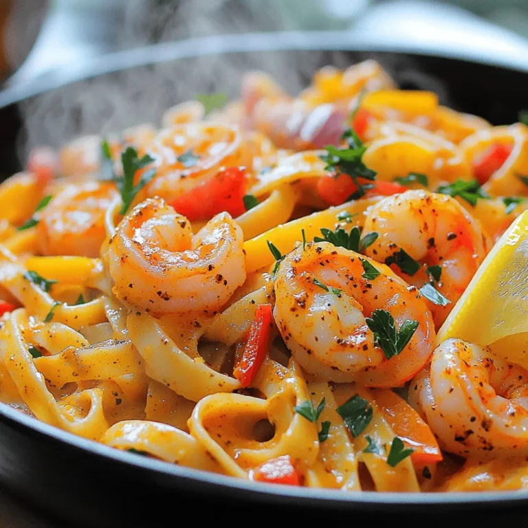 - 8 ounces fettuccine pasta - 1 pound large shrimp, peeled and deveined - 2 tablespoons Cajun seasoning - 2 tablespoons olive oil - 1 medium red bell pepper, sliced - 1 medium yellow onion, sliced - 3 cloves garlic, minced - 1 cup cherry tomatoes, halved - 1 cup heavy cream (or coconut cream) - Salt and pepper to taste - 2 tablespoons fresh parsley, chopped - Juice of 1 lemon Each ingredient plays a key role in making the Spicy Cajun Shrimp Pasta shine. The fettuccine serves as a perfect base, holding the creamy sauce well. The shrimp brings a fresh taste, while the Cajun seasoning adds a bold kick. The red bell pepper and onion add sweetness and crunch. The garlic gives a lovely aroma, while the cherry tomatoes burst with flavor. The creamy sauce, made with heavy cream or coconut cream, ties everything together and makes this dish rich and indulgent. When you combine these ingredients, you create a dish that is not just quick to make but also packed with flavor. If you're looking for the full recipe, check the [Full Recipe]. Each bite offers a delightful mix of spices and freshness that you will love. First, boil a large pot of salted water. Add the fettuccine pasta. Cook it according to the package instructions until it is al dente. This usually takes around 8 to 10 minutes. Once done, drain the pasta and set it aside in a bowl. While the pasta cooks, grab a bowl and toss the shrimp with Cajun seasoning. Make sure every shrimp gets a nice coat. It adds a lot of flavor. Next, heat some olive oil in a large skillet over medium heat. Add the seasoned shrimp to the hot skillet. Sauté them for about 2 to 3 minutes on each side. They should turn pink and opaque when cooked. Now, it’s time to add some color and flavor. Push the cooked shrimp to one side of the skillet. In the same skillet, add sliced bell pepper and onion. Sauté these vegetables until they soften, which takes about 4 to 5 minutes. Then, add minced garlic and halved cherry tomatoes. Cook for another 1 to 2 minutes. Next, pour in the heavy cream or coconut cream. Bring it to a gentle simmer. Mix everything well. Finally, add the drained pasta to the skillet. Toss gently until the pasta is coated in the creamy sauce. Season with salt and pepper to taste. For a touch of freshness, stir in some chopped parsley and a squeeze of lemon juice. This dish is now ready to serve! Don't forget to check out the Full Recipe for precise details. How to avoid overcooking the shrimp To keep shrimp tender, cook them for just 2-3 minutes on each side. They'll turn pink and opaque when done. Overcooked shrimp become tough and rubbery. Keep an eye on them! Timing for adding vegetables Add your vegetables first. Sauté them until they soften, about 4-5 minutes. This gives them a nice texture. Then, push them aside to cook the shrimp. Best ways to garnish your pasta Garnish your pasta with fresh parsley for a pop of color. A sprinkle of lemon zest adds brightness. You can also add a wedge of lemon on the side for a nice touch. Plating techniques for a beautiful serve Use a large bowl for serving. Twirl the pasta into the center for height. Drizzle olive oil on top for shine. A beautiful serve makes every meal special. Adding extra spices for more heat If you love heat, add cayenne or crushed red pepper flakes. A little goes a long way. You can always start with a small amount and adjust to your taste. Using alternative proteins or veggies Try chicken or sausage if you want a change. For a veggie option, lentils or chickpeas make a great substitute. They add protein and flavor without shrimp. Check the Full Recipe for more ideas! {{image_2}} You can make Spicy Cajun Shrimp Pasta lighter. Swap heavy cream for coconut cream. This gives a creamy texture but cuts calories. You can also use Greek yogurt for a tangy twist. For pasta, choose gluten-free options, like brown rice or quinoa pasta. These substitutions keep the dish tasty and healthy. Shrimp isn’t the only option here. You can use chicken or sausage instead. Season them just like the shrimp for great flavor. If you want a vegetarian meal, lentils or chickpeas work well. They add protein and make this dish filling. Want to shake things up? You can add Asian spices like ginger or sesame oil. This gives a unique twist to the dish. Also, try different cheese options. Grate some Parmesan or sprinkle feta on top for added richness. These twists make your meal even more exciting. For the full recipe, check out the detailed instructions above. To keep your Spicy Cajun Shrimp Pasta fresh, store leftovers in an airtight container. Make sure it cools down before sealing. This helps prevent sogginess. It will stay good for up to three days in the fridge. When you reheat, use low heat on the stove or in the microwave. Add a splash of cream or water to keep it moist. Stir often to heat evenly. Yes, you can freeze Spicy Cajun Shrimp Pasta! To prepare, let it cool completely. Then, place it in a freezer-safe container or a zip-top bag. Remove as much air as possible before sealing. Label the bag with the date. It can last up to three months in the freezer. When ready to eat, thaw it overnight in the fridge. Reheat gently on the stove, adding a bit of cream for creaminess. Enjoy your meal anytime! Spicy Cajun Shrimp Pasta lasts about 3 to 4 days in the fridge. To keep it fresh, store it in an airtight container. Make sure it cools down before sealing. Always check for any off smells or changes in texture before eating. If you see mold or it smells bad, throw it away. Yes, you can prep some parts ahead of time. Cook the pasta and shrimp separately, then store them in the fridge. You can chop the vegetables and mix the sauce earlier too. Just reheat everything together when you are ready to eat. This saves time and keeps flavors fresh. This meal pairs well with many sides. You can serve a fresh salad with mixed greens and a light vinaigrette. Garlic bread is also a great choice to soak up the creamy sauce. For a veggie option, consider roasted asparagus or steamed broccoli. These sides add color and balance to your plate. This blog post covered how to make delicious Spicy Cajun Shrimp Pasta. We looked at key ingredients, cooking steps, and even tips for the best results. You can also explore flavorful variations to make the dish your own. Remember to store any leftovers correctly for freshness. With these steps, you'll impress anyone at your table. Enjoy making this tasty meal!