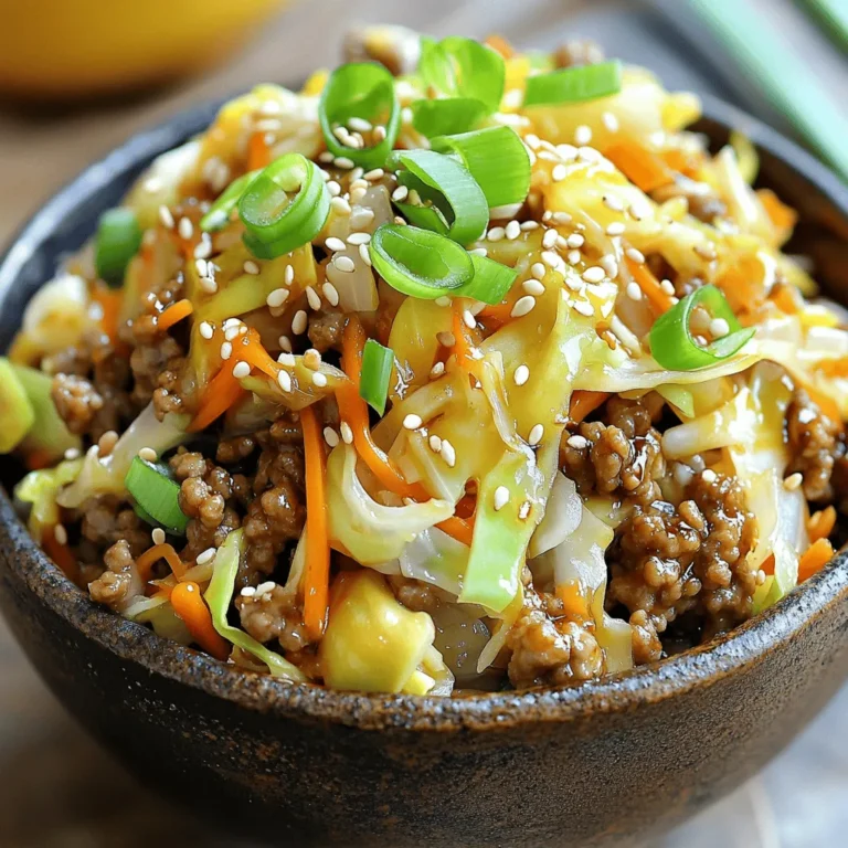 - 1 lb ground turkey or chicken - 4 cups coleslaw mix (shredded cabbage and carrots) - 3 green onions, sliced - 2 cloves garlic, minced For a hearty base, I love using ground turkey or chicken. Both options blend perfectly with the fresh crunch of the coleslaw mix. It gives that authentic egg roll flavor without the wrap. Green onions and garlic add a nice punch to the dish. - 1 tablespoon fresh ginger, grated - 2 tablespoons soy sauce (low sodium) - 1 tablespoon sesame oil - 1 teaspoon rice vinegar To elevate the taste, I add fresh ginger. It gives warmth and depth to the dish. Soy sauce brings that savory umami that makes it feel like comfort food. Sesame oil adds a nutty flavor, while rice vinegar brings a hint of tanginess. - Salt and pepper to taste - Sesame seeds for garnish (optional) Finally, I season with salt and pepper to balance the flavors. Sesame seeds are optional, but they add a lovely crunch and look great on top. For the full recipe, you can check out the details above. First, gather all your ingredients. You need 1 pound of ground turkey or chicken. Measure out 4 cups of coleslaw mix, which is a blend of shredded cabbage and carrots. This adds crunch and color. Next, chop 3 green onions and mince 2 cloves of garlic. Grate 1 tablespoon of fresh ginger for a zesty kick. Now, let's cook! Heat 1 tablespoon of sesame oil in a large skillet over medium heat. Once hot, add the ground turkey or chicken. Break it up with a spatula as it cooks. Cook for about 5 to 7 minutes until it browns completely. After the meat is done, stir in the minced garlic and grated ginger. Cook for an additional minute until you smell their wonderful aroma. Now, add the coleslaw mix and sliced green onions to the skillet. Stir well and let it cook for about 5 to 6 minutes. You want the veggies to be tender but still crisp. It's time to season! Drizzle 2 tablespoons of low-sodium soy sauce and 1 teaspoon of rice vinegar over the mixture. Stir everything together to coat the ingredients evenly. Add salt and pepper to taste. Cook for an extra 2 to 3 minutes to let the flavors meld. When done, remove it from the heat. Let it cool slightly. For a lovely presentation, serve it in bowls. Garnish with extra sliced green onions and a sprinkle of sesame seeds for a nice crunch. Enjoy your Easy Egg Roll in a Bowl hot! For the full recipe, check the earlier section. To make your Easy Egg Roll in a Bowl just right, follow these tips. - Best practices for sautéing: Use medium heat when sautéing. This helps the meat cook evenly. Make sure to stir often to prevent sticking and burning. A non-stick skillet works best for this dish. - How to prevent overcooking vegetables: Add your veggies after the meat is browned. Stir them in for about 5-6 minutes. You want them tender but still crisp. Keep an eye on them. You can easily change the flavor of your Easy Egg Roll in a Bowl. - Adding heat with chili flakes: If you like spice, sprinkle in some chili flakes. Start with a small amount and adjust to your taste. - Using different proteins or veggies: Swap the ground turkey for chicken, beef, or tofu. You can also add bell peppers, snap peas, or mushrooms. Get creative with what you have! Make your meal even better with these ideas. - Complementary side dishes: Serve with rice or steamed dumplings. A side salad with sesame dressing pairs well, too. - Storage and reheating instructions: Store leftovers in an airtight container. They last for up to 3 days in the fridge. Reheat in the microwave or on the stove. Add a splash of soy sauce to refresh the flavors. For the full recipe, check out the earlier section. Enjoy cooking! {{image_2}} If you want a lighter dish, consider substituting ground turkey for tofu. Tofu soaks up flavors well and is a great source of protein. Simply crumble the tofu into the skillet and cook until slightly golden. Using low-carb vegetables is another smart choice. Swap coleslaw mix for zucchini noodles or cauliflower rice. Both options keep the dish crunchy and fresh while cutting carbs. You can give your meal an Asian flair by adding soy sauce or hoisin sauce. These sauces boost flavor and give a nice depth to your dish. Try adding a splash of rice wine vinegar for a kick. Creating a fusion recipe is fun too! Mix in some Italian herbs or spices like oregano. It creates a unique taste that surprises your palate. This twist can make your egg roll in a bowl feel new and exciting. Making this dish in bulk saves time. Cook a double batch and enjoy it for lunch or dinner throughout the week. It stays fresh and tasty in the fridge. Freezing portions is also a great idea. Pack them in airtight containers. When you need a quick meal, just thaw and reheat. It’s easy and convenient, letting you enjoy your favorite meal anytime. For the full recipe, check out the details above. To keep your Easy Egg Roll in a Bowl fresh, store it correctly. First, let it cool. Then, place it in an airtight container. It can last in the fridge for about 3 to 4 days. Make sure to eat it within this time frame for the best taste. If you want to save some for later, freezing is a great option. Divide the dish into single servings and put them in freezer-safe containers. This way, you can enjoy it later without losing flavor. When you're ready to eat, thaw the bowl in the fridge overnight. Reheat it in a skillet or microwave until hot. Check for signs that your dish has gone bad. If you see mold or a strange smell, it’s time to throw it away. If it looks dry or discolored, it’s best to discard it. Store it properly to keep it fresh longer. To serve Easy Egg Roll in a Bowl, I like to use deep bowls. This adds a nice touch. Start by scooping the mixture in. Then, top it with extra sliced green onions and a sprinkle of sesame seeds. This not only looks great but adds extra flavor and crunch. Serve it hot for the best taste. Yes, you can! This recipe is flexible. You can swap ground turkey or chicken for ground beef, pork, or even shrimp. If you use beef or pork, cook them a bit longer to ensure they are done. Check the meat with a thermometer. It should reach 160°F for safety. Shrimp cooks faster, so just a few minutes will do. Making this dish vegetarian or vegan is easy! You can replace the meat with tofu or tempeh. Just cut them into small pieces and cook them the same way. For a vegan option, ensure the soy sauce is plant-based. You can also use coconut aminos for a soy-free version. Add in extra veggies like bell peppers or mushrooms for more taste. You now have a solid guide to making Easy Egg Roll in a Bowl. We covered key ingredients like ground turkey, coleslaw mix, and fresh flavors. You learned step-by-step instructions, helpful tips, and creative variations. Remember, you can customize the dish with different proteins or flavors. It’s easy to make and perfect for meal prep. Keep your leftovers fresh by storing them properly. I hope this recipe inspires you to cook and enjoy a tasty meal!