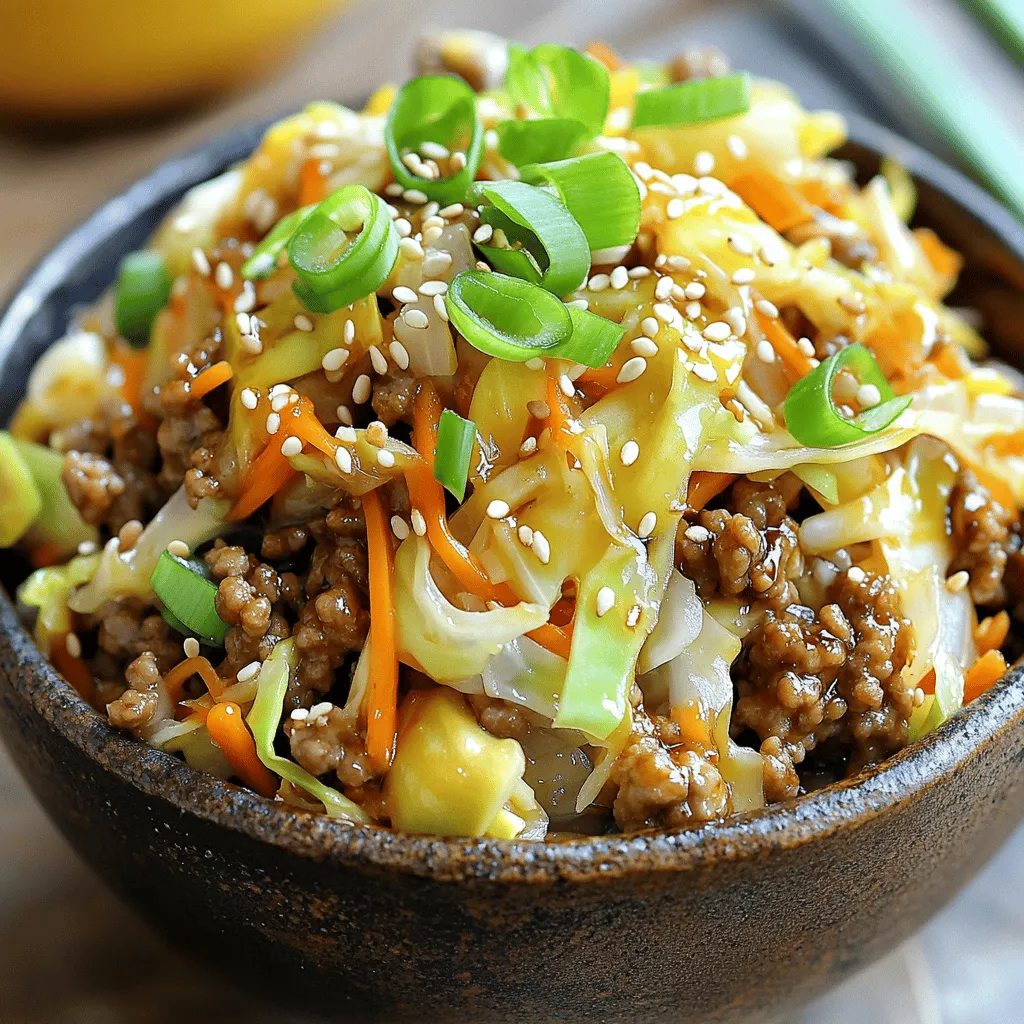 - 1 lb ground turkey or chicken - 4 cups coleslaw mix (shredded cabbage and carrots) - 3 green onions, sliced - 2 cloves garlic, minced For a hearty base, I love using ground turkey or chicken. Both options blend perfectly with the fresh crunch of the coleslaw mix. It gives that authentic egg roll flavor without the wrap. Green onions and garlic add a nice punch to the dish. - 1 tablespoon fresh ginger, grated - 2 tablespoons soy sauce (low sodium) - 1 tablespoon sesame oil - 1 teaspoon rice vinegar To elevate the taste, I add fresh ginger. It gives warmth and depth to the dish. Soy sauce brings that savory umami that makes it feel like comfort food. Sesame oil adds a nutty flavor, while rice vinegar brings a hint of tanginess. - Salt and pepper to taste - Sesame seeds for garnish (optional) Finally, I season with salt and pepper to balance the flavors. Sesame seeds are optional, but they add a lovely crunch and look great on top. For the full recipe, you can check out the details above. First, gather all your ingredients. You need 1 pound of ground turkey or chicken. Measure out 4 cups of coleslaw mix, which is a blend of shredded cabbage and carrots. This adds crunch and color. Next, chop 3 green onions and mince 2 cloves of garlic. Grate 1 tablespoon of fresh ginger for a zesty kick. Now, let's cook! Heat 1 tablespoon of sesame oil in a large skillet over medium heat. Once hot, add the ground turkey or chicken. Break it up with a spatula as it cooks. Cook for about 5 to 7 minutes until it browns completely. After the meat is done, stir in the minced garlic and grated ginger. Cook for an additional minute until you smell their wonderful aroma. Now, add the coleslaw mix and sliced green onions to the skillet. Stir well and let it cook for about 5 to 6 minutes. You want the veggies to be tender but still crisp. It's time to season! Drizzle 2 tablespoons of low-sodium soy sauce and 1 teaspoon of rice vinegar over the mixture. Stir everything together to coat the ingredients evenly. Add salt and pepper to taste. Cook for an extra 2 to 3 minutes to let the flavors meld. When done, remove it from the heat. Let it cool slightly. For a lovely presentation, serve it in bowls. Garnish with extra sliced green onions and a sprinkle of sesame seeds for a nice crunch. Enjoy your Easy Egg Roll in a Bowl hot! For the full recipe, check the earlier section. To make your Easy Egg Roll in a Bowl just right, follow these tips. - Best practices for sautéing: Use medium heat when sautéing. This helps the meat cook evenly. Make sure to stir often to prevent sticking and burning. A non-stick skillet works best for this dish. - How to prevent overcooking vegetables: Add your veggies after the meat is browned. Stir them in for about 5-6 minutes. You want them tender but still crisp. Keep an eye on them. You can easily change the flavor of your Easy Egg Roll in a Bowl. - Adding heat with chili flakes: If you like spice, sprinkle in some chili flakes. Start with a small amount and adjust to your taste. - Using different proteins or veggies: Swap the ground turkey for chicken, beef, or tofu. You can also add bell peppers, snap peas, or mushrooms. Get creative with what you have! Make your meal even better with these ideas. - Complementary side dishes: Serve with rice or steamed dumplings. A side salad with sesame dressing pairs well, too. - Storage and reheating instructions: Store leftovers in an airtight container. They last for up to 3 days in the fridge. Reheat in the microwave or on the stove. Add a splash of soy sauce to refresh the flavors. For the full recipe, check out the earlier section. Enjoy cooking! {{image_2}} If you want a lighter dish, consider substituting ground turkey for tofu. Tofu soaks up flavors well and is a great source of protein. Simply crumble the tofu into the skillet and cook until slightly golden. Using low-carb vegetables is another smart choice. Swap coleslaw mix for zucchini noodles or cauliflower rice. Both options keep the dish crunchy and fresh while cutting carbs. You can give your meal an Asian flair by adding soy sauce or hoisin sauce. These sauces boost flavor and give a nice depth to your dish. Try adding a splash of rice wine vinegar for a kick. Creating a fusion recipe is fun too! Mix in some Italian herbs or spices like oregano. It creates a unique taste that surprises your palate. This twist can make your egg roll in a bowl feel new and exciting. Making this dish in bulk saves time. Cook a double batch and enjoy it for lunch or dinner throughout the week. It stays fresh and tasty in the fridge. Freezing portions is also a great idea. Pack them in airtight containers. When you need a quick meal, just thaw and reheat. It’s easy and convenient, letting you enjoy your favorite meal anytime. For the full recipe, check out the details above. To keep your Easy Egg Roll in a Bowl fresh, store it correctly. First, let it cool. Then, place it in an airtight container. It can last in the fridge for about 3 to 4 days. Make sure to eat it within this time frame for the best taste. If you want to save some for later, freezing is a great option. Divide the dish into single servings and put them in freezer-safe containers. This way, you can enjoy it later without losing flavor. When you're ready to eat, thaw the bowl in the fridge overnight. Reheat it in a skillet or microwave until hot. Check for signs that your dish has gone bad. If you see mold or a strange smell, it’s time to throw it away. If it looks dry or discolored, it’s best to discard it. Store it properly to keep it fresh longer. To serve Easy Egg Roll in a Bowl, I like to use deep bowls. This adds a nice touch. Start by scooping the mixture in. Then, top it with extra sliced green onions and a sprinkle of sesame seeds. This not only looks great but adds extra flavor and crunch. Serve it hot for the best taste. Yes, you can! This recipe is flexible. You can swap ground turkey or chicken for ground beef, pork, or even shrimp. If you use beef or pork, cook them a bit longer to ensure they are done. Check the meat with a thermometer. It should reach 160°F for safety. Shrimp cooks faster, so just a few minutes will do. Making this dish vegetarian or vegan is easy! You can replace the meat with tofu or tempeh. Just cut them into small pieces and cook them the same way. For a vegan option, ensure the soy sauce is plant-based. You can also use coconut aminos for a soy-free version. Add in extra veggies like bell peppers or mushrooms for more taste. You now have a solid guide to making Easy Egg Roll in a Bowl. We covered key ingredients like ground turkey, coleslaw mix, and fresh flavors. You learned step-by-step instructions, helpful tips, and creative variations. Remember, you can customize the dish with different proteins or flavors. It’s easy to make and perfect for meal prep. Keep your leftovers fresh by storing them properly. I hope this recipe inspires you to cook and enjoy a tasty meal!