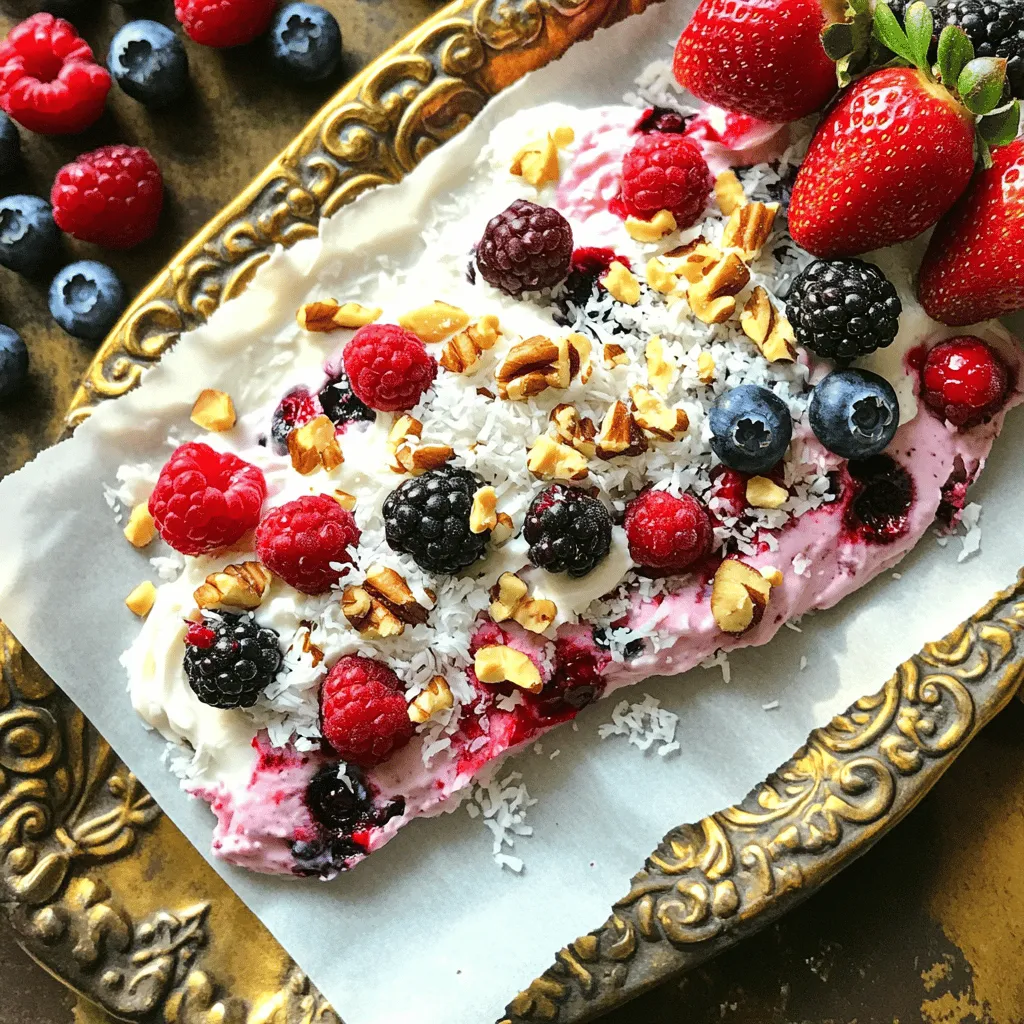 - 2 cups plain Greek yogurt - 2 tablespoons honey or maple syrup - 1 teaspoon vanilla extract - 1 cup mixed berries (strawberries, blueberries, raspberries, and blackberries) Frozen yogurt bark is simple to make. The main ingredients are Greek yogurt, sweeteners, and berries. Greek yogurt gives the bark creaminess and protein. Honey or maple syrup adds a touch of sweetness. Vanilla extract boosts the flavor. The mixed berries provide a burst of freshness. You can use any berries you like for this treat. - 1/4 cup chopped nuts (almonds or walnuts) - 2 tablespoons shredded coconut (unsweetened, optional) You can make your yogurt bark even better with add-ins. Chopped nuts add crunch and healthy fats. Almonds or walnuts work great. Shredded coconut lends a tropical flair. Use unsweetened coconut for a less sweet taste. You can also add a splash of vanilla extract for more flavor. - Serve on a decorative platter - Garnish with fresh berries For a beautiful presentation, serve the bark on a nice platter. You can add fresh berries on top for a pop of color. This treat pairs well with other desserts. Try serving it alongside chocolate or fruit sorbet. You can also enjoy it as a snack or a light dessert. For the complete recipe, check out the [Full Recipe]. Start by mixing the yogurt and sweetener. In a bowl, add 2 cups of plain Greek yogurt. Then, stir in 2 tablespoons of honey or maple syrup. Add 1 teaspoon of vanilla extract for flavor. Mix until it’s smooth and creamy. This yogurt base is the heart of your bark. Next, prepare the baking sheet. Line a baking sheet with parchment paper. This will help you remove the yogurt bark easily once it’s frozen. Make sure the paper covers the entire sheet to prevent sticking. Now it’s time to spread the yogurt mixture. Pour the creamy yogurt onto the lined baking sheet. Use a spatula to spread it evenly. Aim for about 1/2 inch thick. This thickness helps it freeze well. With the yogurt spread, add your toppings. Sprinkle 1 cup of mixed berries over the yogurt layer. Use strawberries, blueberries, raspberries, and blackberries for a colorful mix. Gently press the berries into the yogurt. This keeps them from falling off later. Now, add 1/4 cup of chopped nuts and 2 tablespoons of shredded coconut for extra flavor. Place the baking sheet in the freezer. Freeze the yogurt bark for at least 3-4 hours. You want it to be completely firm before serving. Once frozen, take it out and break it into pieces. You can use a sharp knife or just break it apart with your hands. This gives a rustic look to your bark. Store any leftover pieces in an airtight container in the freezer. Enjoy your frozen yogurt bark anytime! For the complete recipe, check out the [Full Recipe]. To get the best texture, start with thick Greek yogurt. This keeps the bark from becoming too watery. Mix in your sweetener well. If you want a creamier texture, try full-fat yogurt. After mixing, spread the yogurt evenly on the baking sheet. Aim for about half an inch thick. This thickness helps it freeze nicely. For freezing times, leave it in the freezer for at least 3-4 hours. The longer it freezes, the firmer it gets. You can use flavored yogurt to add more taste. Try vanilla, strawberry, or blueberry yogurt. These flavors mix well with the berries. You can also mix toppings for fun. Add different berries like strawberries, blueberries, or even kiwi. For a crunch, sprinkle on nuts like almonds or walnuts. Shredded coconut can add sweetness and texture too. This makes each bite more exciting. Serve the yogurt bark right from the freezer. It tastes best when it’s very cold. Cut it into pieces for easy eating. For a fun twist, use cookie cutters for fun shapes. Serve it on a nice platter, and add a few fresh berries on top. This makes the dish look great and adds color. You can also pair it with a scoop of ice cream for a treat. {{image_2}} Using seasonal berries is a great way to boost flavor. Fresh strawberries, blueberries, and raspberries shine in this treat. When berries are in season, their taste is brighter and sweeter. You can also substitute with other fruits. Try sliced bananas, diced peaches, or even mango. Just make sure to cut them small. This keeps the bark easy to eat and fun to enjoy. If you need dairy-free options, there are great substitutes. Use coconut yogurt or almond yogurt in place of Greek yogurt. These alternatives still offer a creamy texture. You can also switch out sweeteners. Instead of honey, use agave syrup or stevia. Both options work well and keep the bark sweet. For holiday themes, you can get creative! Add festive colors like red and green for Christmas. You could use blueberries and strawberries for a July 4th celebration. Customizing for parties is fun too. You could cut the bark into fun shapes using cookie cutters. This makes your dessert stand out on any table. To keep your frozen yogurt bark fresh, use airtight containers. This prevents ice crystals from forming, which can change the texture. Store your bark in the freezer, and it will last for about two to three weeks. If you want to enjoy it longer, wrap it tightly in plastic wrap before placing it in a container. You can refreeze frozen yogurt bark, but it may lose some texture and flavor. If you must, try to keep the bark in a single layer. This helps maintain its structure. When you refreeze, make sure to use an airtight container again to avoid freezer burn. To safely thaw your frozen yogurt bark, take it out of the freezer and let it sit at room temperature for about 10 to 15 minutes. If you want to enjoy it cold, just break off a piece and eat it right away! To keep the texture nice, avoid using a microwave, as it can make the bark too soft. Enjoy your treat fresh for the best flavor and crunch! Frozen yogurt bark is a fun and tasty treat. It combines yogurt, sweeteners, and toppings. You spread yogurt on a baking sheet, add fruits and nuts, then freeze it. After freezing, you break the yogurt into pieces. This dessert is loved for its cool, creamy texture and fruity flavor. You can find many variations, like using different fruits or adding chocolate chips. Each twist makes it unique and enjoyable. Yes, you can use other sweeteners. Maple syrup is a great choice. You can also try agave nectar or stevia. Each sweetener brings a different taste. Just keep the same amount as honey. If you want to keep it sweet, taste the yogurt mixture before freezing. Adjust the sweetness to your liking. Absolutely! You can make frozen yogurt bark a day or two before you plan to serve it. Just follow the steps, then freeze it. Once it’s solid, store it in an airtight container. This keeps it fresh and tasty. When you are ready to enjoy it, simply break it into pieces. It’s a great dessert to prepare in advance for parties or family gatherings. Frozen yogurt bark is a fun and easy treat to make. You learned about the main ingredients, like Greek yogurt, honey, and mixed berries. You discovered steps to prepare, assemble, and freeze this dessert. I shared tips to enhance flavors and achieve the right texture. Don’t forget the variations for dietary needs or special occasions. This dessert is versatile and can fit any plan. Enjoy your yogurt bark and get creative!