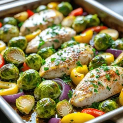 To make this delicious meal, gather these key ingredients: - 4 boneless, skinless chicken breasts - 2 cups Brussels sprouts, halved - 1 red bell pepper, sliced - 1 yellow bell pepper, sliced - 1 red onion, cut into wedges - 3 cloves garlic, minced - 1 tablespoon olive oil These main ingredients give the dish a hearty base. The chicken provides protein, while the veggies add color and nutrition. You can switch things up with these optional ingredients: - ½ teaspoon cayenne pepper (for heat) - Fresh parsley, chopped (for garnish) Feel free to add other veggies, like zucchini or carrots. This lets you tailor the dish to your taste. Seasoning makes a big difference. Use these to boost flavor: - 2 teaspoons smoked paprika - 1 teaspoon dried oregano - 1 teaspoon garlic powder - Salt and pepper to taste These spices create a warm and inviting taste. The smoked paprika adds a nice depth, while garlic and oregano round out the flavor. You can also drizzle a bit of extra olive oil for added richness. For the full recipe, check out the detailed steps in the earlier section. Enjoy your cooking! 1. Start by preheating your oven to 425°F (220°C). This helps the chicken cook evenly. 2. Line a large baking sheet with parchment paper. This makes cleanup easy and quick. 3. In a large bowl, mix the chicken breasts with olive oil, smoked paprika, oregano, garlic powder, cayenne (if you like heat), salt, and pepper. Toss well to coat every piece. 4. In another bowl, combine Brussels sprouts, red and yellow bell peppers, red onion, and minced garlic. Drizzle with a little olive oil and season with salt and pepper. Toss to mix. 5. Spread the seasoned chicken in the center of the baking sheet. Arrange the veggies around the chicken. This ensures even cooking. 6. Roast everything in the oven for 25-30 minutes. Check that the chicken is cooked to 165°F (74°C). The veggies should be tender and caramelized. 7. When done, take the sheet pan out and let it rest for 5 minutes. This helps the juices settle. 8. For a rustic look, serve directly from the pan. You can also plate it. Drizzle some extra olive oil over the veggies for added taste and sheen. 9. Garnish with freshly chopped parsley for a pop of color and freshness. Enjoy your meal! For the full recipe, check the details above. To make sure your chicken cooks just right, start with even pieces. This way, they cook at the same time. Use a meat thermometer to check the center. The chicken should reach 165°F (74°C). If you cook it too long, it can dry out. A good tip is to let the chicken rest after cooking. This helps keep it juicy. Choose fresh veggies for the best taste. I love using Brussels sprouts, bell peppers, and red onions. They roast well and add great color. You can swap in your favorites too! Just make sure to cut them into similar sizes. This helps them cook evenly. Adding garlic gives a nice punch of flavor, too. One common mistake is overcrowding the pan. If you pile on too many veggies, they steam instead of roast. This can make them soggy. Always spread everything in a single layer. Also, remember to season well! A pinch of salt and pepper can elevate the dish. Lastly, don’t skip the resting time after cooking. It makes a big difference! For the full recipe, check out the Zesty Chicken & Veggie Sheet Pan Delight. {{image_2}} You can swap the chicken for other proteins. Try turkey breasts for a leaner option. Salmon works great, too, and adds healthy fats. If you prefer plant-based meals, use tofu or tempeh. Both absorb flavors well and add protein. Mix up the veggies to keep it fun. Carrots, zucchini, and asparagus make tasty choices. You can also add sweet potatoes for a sweet touch. Just keep the cooking time in mind. Some veggies may need a bit longer to roast. Adjust the seasonings to fit your taste. Add lemon juice for a bright kick. Use fresh herbs like thyme or rosemary for a fragrant twist. For a spicy kick, toss in some red pepper flakes. You can create a whole new dish with simple tweaks. Explore more ideas with the Full Recipe to find your perfect combo! To store leftovers, let the dish cool down first. Then, place the chicken and veggies in an airtight container. Make sure to cover it well to keep the flavors fresh. You can keep them in the fridge for up to four days. This makes it easy to have a tasty meal ready for later. When you’re ready to eat, you can reheat the leftovers. The best way is in the oven. Preheat the oven to 350°F (175°C). Place the chicken and veggies on a baking tray. Heat for about 15-20 minutes. This keeps the chicken juicy and the veggies nice. You can also use a microwave. Just cover the dish to keep moisture in. Heat for 2-3 minutes or until warm. If you want to save some for later, freezing is a great option. Let the chicken and veggies cool completely. Place them in a freezer-safe bag or container. Try to remove as much air as you can. This helps prevent freezer burn. You can freeze them for up to three months. When you’re ready, thaw in the fridge overnight before reheating. For detailed steps, check the Full Recipe. Yes, you can use frozen vegetables. They are easy and save time. Just toss them with oil and spices. However, they may release more water when cooking. This can make the dish a bit soggy. To fix this, roast them a bit longer. Aim for a nice caramelization for better flavor. This dish can last up to three days in the fridge. Store it in an airtight container. Make sure it cools down first. It is best to eat it fresh, but it reheats well, too. Just make sure to check that the chicken stays juicy and the veggies are not mushy. Absolutely! You can prep the chicken and veggies a day in advance. Just store them in the fridge. Keep the chicken in one bowl and the veggies in another. This makes it quick to cook when you are ready. Just remember to add the oil and spices before roasting! For the full recipe, check out Zesty Chicken & Veggie Sheet Pan Delight. This sheet pan dinner is easy and fun. We covered the main ingredients and optional ones for flavor. I shared simple steps for prep and cooking. You learned tips for perfect chicken and tasty veggies, along with common mistakes to avoid. We also explored variations and storage options to keep your meals fresh. Remember, you can make this dish your own. Experiment with different proteins and veggies. Enjoy cooking and savor every bite!