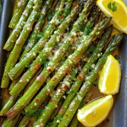 - 1 pound asparagus, trimmed - 3 tablespoons olive oil - 2 cloves garlic, minced - Zest and juice of 1 lemon - 1 teaspoon sea salt - ½ teaspoon black pepper - ¼ teaspoon red pepper flakes (optional) - 2 tablespoons grated Parmesan cheese (optional) - Fresh parsley, chopped for garnish Lemon garlic roasted asparagus is simple and tasty. You need fresh asparagus, bright lemon, and fragrant garlic to make this dish shine. The olive oil adds richness, while salt and pepper boost flavor. Red pepper flakes give a little heat if you want it spicy. For a bit of extra flavor, you can sprinkle grated Parmesan cheese on top. Fresh parsley adds a beautiful pop of color. Use these ingredients, and you will have a lovely side dish ready in no time. - Additional seasoning options (e.g., herbs or spices) - Different cheese types for garnishing Feel free to get creative! You can add herbs like thyme or rosemary for a fresh twist. Try other cheese types like feta or goat cheese for a unique taste. Each change will bring its own charm to this dish, making it fun to try new things. For the full recipe, you can easily find all the steps to create this delightful dish. - Preheat oven to 400°F (200°C). - Prepare a baking sheet with parchment paper. This step makes cleanup easy. - In a large bowl, combine the trimmed asparagus, olive oil, minced garlic, lemon zest, lemon juice, salt, black pepper, and red pepper flakes (if using). - Toss the asparagus with the mixture until evenly coated. This helps every piece soak up the flavor. - Spread the asparagus in a single layer on the prepared baking sheet. Make sure they are not crowded. - Roast in the preheated oven for 15-20 minutes. Check halfway through and toss for even cooking. - If you like, sprinkle grated Parmesan cheese over the asparagus during the last 5 minutes of roasting. - Once done, remove from the oven and garnish with freshly chopped parsley. Serve warm for the best taste. For the full recipe, check the details provided above. To get the best asparagus, start by trimming the ends. The tough ends can ruin a dish. You can snap the stalks where they break naturally. This saves time and effort. Aim for asparagus that is bright green and firm. For tenderness, roast the asparagus at 400°F (200°C). This high heat helps caramelize the natural sugars. Roast for 15 to 20 minutes. Toss halfway through to cook evenly. You want the asparagus to be tender yet still crisp. If you want to switch things up, try different seasonings. Herbs like thyme or rosemary can add a nice touch. You can also use lemon pepper for an extra zing. If you crave more garlic flavor, consider adding garlic powder. You can also roast some garlic cloves alongside the asparagus. This gives a sweet, mellow garlic taste. To make your dish look great, arrange the roasted asparagus on a platter. Drizzle some lemon juice over the top. This adds shine and flavor. Serve with lemon wedges on the side. They look pretty and provide extra zest. Pair this dish with proteins like grilled chicken or fish. They complement the flavors well. For a special touch, serve it alongside quinoa or a fresh salad. This adds color and makes your meal feel festive. {{image_2}} You can make simple changes to this dish. Use less olive oil for a lower fat option. Try just one tablespoon for a lighter taste. You can also skip the Parmesan cheese or use a low-fat version. Nutritional yeast is a great cheese substitute for a tasty, dairy-free option. Seasonal vegetables can add flair to your dish. In spring, add peas or radishes for color and taste. In fall, try carrots or Brussels sprouts to mix in. You can change the flavors with herbs too. In summer, add fresh basil or mint. In winter, consider rosemary for a warm taste. Pair this roasted asparagus with proteins like chicken or fish. It complements a grilled salmon fillet perfectly. You can serve it at many occasions. It’s great for a weeknight dinner or a fancy potluck. Arrange it on a platter and drizzle with extra lemon juice for a wow effect. For the full recipe, check out the details above. To keep your lemon garlic roasted asparagus fresh, put it in the fridge. Use an airtight container for best results. Make sure the asparagus is cool before you seal it. This helps keep moisture in and prevents sogginess. When you want to enjoy leftovers, heat them gently. The best method is to use the oven. Preheat it to 350°F (175°C). Place the asparagus on a baking sheet and warm for about 10 minutes. This keeps the texture crispy. Avoid using a microwave, as it can make the asparagus mushy. You can freeze lemon garlic roasted asparagus, but it’s best fresh. If you need to freeze it, start by cooling the leftovers completely. Then, place them in a freezer-safe bag. Squeeze out excess air before sealing. To thaw, move it to the fridge overnight. Reheat in the oven for a better texture. How long does roasted asparagus last in the fridge? Roasted asparagus lasts about three to five days in the fridge. Store it in an airtight container. This keeps it fresh and tasty. Can I use frozen asparagus for this recipe? Yes, you can use frozen asparagus. However, it may not be as crisp. Thaw it first and drain any water. Then, follow the same steps in the recipe. Can I prepare the asparagus ahead of time? You can prep the asparagus a few hours early. Trim and season it, then cover it and keep it in the fridge. This saves time before cooking. What are the best ways to enjoy leftover asparagus? Leftover asparagus is great in salads, soups, or omelets. You can also reheat it in a pan or the microwave. Just avoid overcooking it again to keep the taste. What are the health benefits of asparagus? Asparagus is rich in vitamins A, C, E, and K. It also has fiber and antioxidants. Eating asparagus can help with digestion and support heart health. Is lemon garlic roasted asparagus a low-carb dish? Yes, lemon garlic roasted asparagus is low in carbs. It is a perfect side for low-carb diets. Enjoy it alongside your favorite proteins for a balanced meal. Roasted asparagus is a simple and tasty dish. We covered key ingredients, preparation, and cooking steps. You learned tips for great flavor and how to present it well. Explore the many variations to fit your taste. Whether serving at dinner or a potluck, this dish shines. Follow storage and reheating tips for the best experience. Enjoy your cooking and the delicious results!