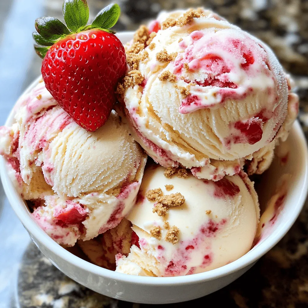 To make the best strawberry cheesecake ice cream, you need some key ingredients. Here's what you will need: - 2 cups fresh strawberries, hulled and sliced - 1 tablespoon sugar - 1 teaspoon lemon juice - 1 cup cream cheese, softened - 1 cup heavy cream - 3/4 cup sweetened condensed milk - 1 teaspoon vanilla extract - 1/2 cup graham cracker crumbs These ingredients come together to create a creamy, rich ice cream with a lovely strawberry flavor. The cream cheese adds that signature cheesecake taste, while the strawberries bring freshness. You can make your ice cream even more special with some fun toppings: - Fresh strawberries, for garnish - A sprinkle of graham cracker crumbs - Whipped cream, if you want extra creaminess - Mint leaves, for a pop of color These toppings not only look great but also add extra flavor and texture. Here’s what you can expect in terms of nutrition for each serving: - Calories: Approximately 300 - Total Fat: 18g - Saturated Fat: 10g - Sugar: 20g - Protein: 4g This ice cream is a treat, so enjoy it in moderation! If you want to lighten it up, consider serving smaller portions. For more details, check the Full Recipe. First, gather your ingredients. You need fresh strawberries, sugar, lemon juice, cream cheese, heavy cream, sweetened condensed milk, vanilla extract, and graham cracker crumbs. Preparing these items makes the process smooth. Start by hulling and slicing the strawberries. This step is key for flavor and texture. Mix the sliced strawberries with sugar and lemon juice in a bowl. Let them sit for about ten minutes. This helps the juices come out. Now, let’s make the ice cream mixture. In a blender, puree the strawberries until smooth. If you want chunks, save some slices for later. In another bowl, beat the softened cream cheese until it’s creamy. Slowly mix in the heavy cream, sweetened condensed milk, and vanilla extract. Make sure everything is smooth and well combined. Then, gently fold in the pureed strawberries. If you saved some slices, add them now. Finally, mix in the graham cracker crumbs. This adds that classic cheesecake flavor. Pour the mixture into an airtight container. Freeze it for at least four to six hours. This helps it set well. When you’re ready to serve, let the ice cream sit for a few minutes at room temperature. This makes scooping easier. Serve it in chilled bowls. Top with a fresh strawberry and a sprinkle of graham cracker crumbs for a lovely finish. For the full recipe, check out the details above. To get that smooth, creamy texture in your strawberry cheesecake ice cream, use cold ingredients. Start with cold cream cheese and heavy cream. Mixing them well is key. Beat the cream cheese until it’s fluffy. Then, add heavy cream slowly while mixing. This helps create air pockets for creaminess. Don't rush this step; it makes a big difference. One mistake many make is not chilling the mixture. Always chill your mix before freezing it. This keeps the ice cream from becoming icy and hard. Another mistake is over-mixing the strawberries. You want chunks for texture. Lastly, don’t skip the graham cracker crumbs. They add that classic cheesecake flavor we love. A quality ice cream maker is your best friend. It helps churn the mixture, creating that smooth texture. If you don’t have one, a large bowl and a whisk work too. You will also need a blender for the strawberries. Use an airtight container for freezing, which keeps the ice cream fresh. These tools make the process easier and more fun! {{image_2}} You can change up the fruit in your cheesecake ice cream. Try using peaches or blueberries. Both fruits add a new twist. You can even mix different fruits together for fun flavors. Just remember to adjust the sugar based on the fruit's sweetness. To make this ice cream dairy-free, swap cream cheese and heavy cream. Use vegan cream cheese and coconut cream instead. This keeps it creamy and rich while being dairy-free. Also, check labels for sweetened condensed milk. You can find plant-based options that work well. Don't stop at strawberry! You can play with flavors. How about adding chocolate or peanut butter? Or mix in mint for a refreshing taste. You can also add spices like cinnamon or nutmeg to make it unique. The options are endless, so let your taste buds guide you! For the full recipe, check out the details above. Storing your homemade strawberry cheesecake ice cream is simple. Use an airtight container to keep it fresh. Make sure the container is clean and dry before adding the ice cream. This helps prevent ice crystals from forming. Press a piece of plastic wrap directly on the surface of the ice cream. This extra layer protects it from air. When stored correctly in the freezer, your strawberry cheesecake ice cream can last about two weeks. After this time, the ice cream may lose its best taste and texture. For the best flavor, try to eat it within a week. You want to enjoy it at its peak! Sometimes homemade ice cream can get too hard. If this happens, don’t worry! Just take it out of the freezer. Let it sit at room temperature for about 5 to 10 minutes. This helps soften it. If it’s still too hard, use a sturdy ice cream scoop. Warm the scoop in warm water for easier serving. Enjoy your creamy scoop of strawberry cheesecake ice cream right away! Yes, you can use frozen strawberries. Just thaw them first. Drain any excess liquid. This helps keep the ice cream from being too watery. Frozen strawberries work well, but fresh ones taste best. They give a vibrant flavor and a lovely texture. You can use coconut cream as a tasty substitute. It gives a rich texture and flavor. You might also try a blend of milk and butter. Mix 3/4 cup of milk with 1/4 cup of melted butter. This mix works well in many recipes. To make a non-dairy version, swap the cream cheese and heavy cream for non-dairy options. Use cashew cream or vegan cream cheese. For the heavy cream, use coconut milk or almond milk. Follow the same steps in the Full Recipe for great results. In this article, I shared how to make strawberry cheesecake ice cream from scratch. We covered the key ingredients, step-by-step instructions, and useful tips and tricks. I also explored tasty variations and storage tips to keep your ice cream fresh. Making this treat is fun and rewarding. With the right steps, you can enjoy smooth, creamy ice cream. Don't forget to experiment with flavors and toppings. Happy making!