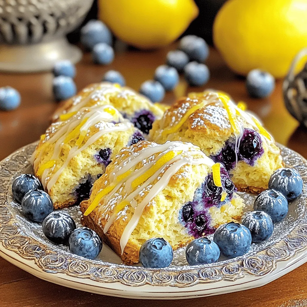 To make delicious Lemon Blueberry Scones, gather these key ingredients: - 2 cups all-purpose flour - 3/4 cup granulated sugar - 1 tablespoon baking powder - 1/2 teaspoon salt - 1/2 cup cold unsalted butter, cubed - 1 cup fresh blueberries - Zest of 1 lemon - 1/2 cup heavy cream - 1 large egg - 1 teaspoon vanilla extract - 1 tablespoon lemon juice - 1/2 cup powdered sugar (for icing) - 2 teaspoons lemon juice (for icing) Each ingredient plays a big role in creating the perfect balance of flavor and texture. The all-purpose flour gives structure. Sugar adds sweetness. Baking powder helps the scones rise. The cold butter is key for flakiness. Fresh blueberries provide bursts of flavor. Lemon zest brightens each bite. Heavy cream and egg ensure a rich, moist scone. Vanilla extract adds warmth. Lemon juice enhances that fresh, zesty taste. Finally, the icing made with powdered sugar and lemon juice gives a sweet finish. For the full recipe, follow the steps outlined in the next section, ensuring you enjoy these tasty scones fresh from the oven! - Preheat the oven to 400°F (200°C) and prepare baking sheet. - Combine dry ingredients in a mixing bowl. Start by preheating your oven. This step helps the scones bake evenly, giving them the perfect rise. Line a baking sheet with parchment paper. This prevents sticking and makes cleanup easy. In a large mixing bowl, add 2 cups of all-purpose flour, 3/4 cup of granulated sugar, 1 tablespoon of baking powder, and 1/2 teaspoon of salt. Whisk these together well. This mix is the base for your scones. - Incorporate butter into dry ingredients until crumbly. - Gently mix in blueberries and lemon zest. Next, take 1/2 cup of cold, cubed unsalted butter. Add it to the dry mix. Use a pastry cutter or your fingers to work the butter into the flour. Stop when it looks like coarse crumbs. This step creates the flaky texture we want. Then, gently fold in 1 cup of fresh blueberries and the zest of 1 lemon. Be careful not to squish the berries. They add a juicy burst of flavor! - Whisk together wet ingredients and combine. - Shape dough and cut into scones. In another bowl, whisk together 1/2 cup of heavy cream, 1 large egg, 1 teaspoon of vanilla extract, and 1 tablespoon of lemon juice. Pour these wet ingredients into the dry mix. Stir gently until just combined. Avoid overmixing; this keeps your scones light and fluffy. Turn the dough onto a lightly floured surface. Knead it gently for about 30 seconds. Then, shape the dough into a circle, about 1 inch thick. Cut it into 8 wedges. You can also use a biscuit cutter for round scones. - Bake until lightly golden and prepare icing. Place the scones on the prepared baking sheet. Bake them for 15 to 20 minutes. They should turn lightly golden on the edges. While they bake, prepare the icing. In a bowl, whisk together 1/2 cup of powdered sugar and 2 teaspoons of lemon juice until smooth. Once the scones cool slightly, drizzle them with the icing. Enjoy your Lemon Blueberry Scones from the Full Recipe! - Use cold butter for flaky texture - Avoid overmixing the dough Using cold butter is key. It helps create that flaky layer in your scones. When the butter melts during baking, it leaves little pockets that make the scones rise. Cut your butter into cubes and chill it beforehand for the best results. Mixing the dough too much can ruin the texture. You want to mix just until everything comes together. Overmixing will make your scones tough. Treat the dough gently and let it rest. - Experiment with additional citrus zest - Consider adding spices like cinnamon Want to boost flavor? Try adding more citrus zest. Lime or orange zest works great with blueberries. It adds a fresh twist and brightens the flavor. You can also sprinkle in some spices. A pinch of cinnamon or nutmeg can add warmth. Just a little goes a long way. Feel free to get creative with what you like! - Serve warm with fresh blueberries - Dust with powdered sugar for added elegance Serving your scones warm makes them extra inviting. Place a few fresh blueberries on the side. It adds color and makes the dish more appealing. Dusting with powdered sugar gives a nice touch. It looks fancy and adds a hint of sweetness. Just a light sprinkle can elevate your dish. Enjoy the beauty of your creation! For the complete guide to making these delicious treats, check out the Full Recipe. {{image_2}} You can make these scones gluten-free. Just substitute regular flour with gluten-free all-purpose flour. This switch keeps the texture light and tender. Be sure to check if the mix includes xanthan gum. If it doesn't, add a teaspoon to help bind the dough. For a vegan version, replace the butter with plant-based butter. Use a dairy-free cream like coconut cream or almond cream. These swaps will keep the scones rich and moist without animal products. You still get that delicious lemon blueberry flavor. Try adding nuts or different berries for extra flavor. Chopped walnuts or pecans add a nice crunch. You can also swap blueberries for raspberries or strawberries. Each option gives a new twist to the classic scone. Don't hesitate to mix and match flavors! To keep your scones fresh, store them in an airtight container. This helps maintain their soft texture. You can place parchment paper between layers to prevent sticking. Keep them at room temperature for up to two days. If you need to store them longer, consider freezing. To freeze your scones, let them cool completely first. Wrap each scone tightly in plastic wrap. Then place them in a freezer bag. This way, they won’t get freezer burn. You can freeze them for up to three months. When you want one, just take it out and reheat. Reheat frozen scones in the oven for the best results. Preheat your oven to 350°F (175°C). Place the scones on a baking sheet and heat for about 10 to 15 minutes. This will help them regain their flaky texture. You can also microwave them for 20-30 seconds, but they may not be as crispy. Enjoy your Lemon Blueberry Scones warm! To make Lemon Blueberry Scones from scratch, gather your ingredients. Combine flour, sugar, baking powder, and salt in a bowl. Next, cut in cold butter until it looks like crumbs. Gently fold in blueberries and lemon zest. In another bowl, whisk heavy cream, egg, vanilla, and lemon juice. Pour this into the dry mix and stir gently. Shape the dough, cut into pieces, and bake. This will give you fluffy, tasty scones. For the complete method, check out the Full Recipe. Scones can turn dense for several reasons. First, overmixing the dough makes them tough. Second, using warm butter or liquid can change the texture. Third, old baking powder may not rise properly. Lastly, adding too much liquid can weigh them down. Always handle the dough gently to keep it light. Yes, you can use frozen blueberries. Just keep them frozen until you add them to the dough. This helps prevent the color from bleeding into the dough. Gently fold them in to avoid breaking. Frozen blueberries work well and save you prep time. You can tell scones are done when they turn light golden on the edges. The tops should feel firm to the touch. If you insert a toothpick, it should come out clean. Keep an eye on them, as baking times can vary by a few minutes. If you need a substitute for heavy cream, you can use whole milk mixed with butter. Combine 3/4 cup of milk with 1/4 cup of melted butter. This mix gives a similar fat content. You can also use coconut cream for a dairy-free option. Make sure to adjust for taste. The best way to serve scones is warm. Place them on a nice plate and drizzle with icing. Add a few fresh blueberries around for color. You can also serve them with clotted cream or butter. Pairing with tea or coffee makes it special. Enjoy them fresh for the best flavor! You now have a clear guide to making delicious lemon blueberry scones. Start with fresh ingredients and follow the steps closely for the best results. Remember to keep that butter cold for flakiness! If you want to try different flavors or make variations, feel free to experiment. Storing or freezing is easy, too. Enjoy baking and share your fresh scones with friends and family. They will love them!