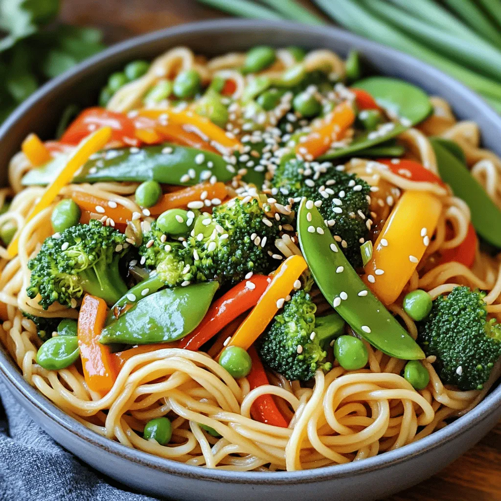 To make a delicious Vegetable Lo Mein, gather these main ingredients: - 8 oz lo mein noodles - 2 tablespoons vegetable oil - 1 cup broccoli florets - 1 bell pepper, thinly sliced (red, yellow, or green) - 1 cup snap peas, trimmed - 1 medium carrot, julienned - 3 green onions, chopped - 3 cloves garlic, minced - 1 tablespoon fresh ginger, grated - 3 tablespoons soy sauce - 1 tablespoon hoisin sauce - 1 teaspoon sesame oil - Salt and pepper to taste - Toasted sesame seeds for garnish These ingredients create a colorful and tasty dish. Each one adds its unique flavor and texture. The lo mein noodles provide a soft base, while the veggies give crunch and color. You can enhance your Vegetable Lo Mein with optional add-ins. These include: - Tofu - Mushrooms - Baby corn - Bok choy Feel free to mix and match these extras based on what you like. Tofu adds protein, while mushrooms add umami flavor. Choose what fits your tastes best! When shopping for fresh vegetables, look for these tips: - Select bright, crisp vegetables. Avoid wilted or brown spots. - Choose firm broccoli and snap peas. This shows they're fresh. - Look for vibrant bell peppers. They should feel heavy for their size. For specialty Asian ingredients, check local Asian markets. They often have a wider selection than regular grocery stores. You can find lo mein noodles, hoisin sauce, and more. Make sure to check the expiration dates for freshness. With these ingredients and tips, you’re ready to cook an amazing Vegetable Lo Mein. For the complete preparation steps, check out the Full Recipe. To make great lo mein, start with the noodles. Bring a large pot of water to a boil. Add the lo mein noodles. Cook according to the package instructions, usually 5 to 7 minutes. Stir the noodles gently to prevent them from sticking. Once cooked, drain the noodles. Toss them with a little vegetable oil to keep them from clumping together. Set them aside for later. Next, let’s sauté the vegetables. Heat a large wok or skillet over medium heat. Add vegetable oil and let it warm up. Start by adding minced garlic and grated ginger. Cook for about 30 seconds. You want to smell that lovely aroma. Then, add the broccoli florets. Sauté them for 2 to 3 minutes until they soften. After that, toss in sliced bell pepper, snap peas, and julienned carrot. Keep stir-frying for another 3 to 4 minutes. The goal is to have vibrant, tender-crisp veggies. Now it’s time to mix everything together. In a small bowl, combine soy sauce, hoisin sauce, and sesame oil. Pour this sauce over the sautéed vegetables. Stir well to coat every piece. Next, add the cooked lo mein noodles to the wok. Toss everything together for about 2 to 3 minutes. You want the noodles to absorb the flavors. Adjust the seasoning with salt and pepper. For more details, check out the Full Recipe. Lo mein noodles are soft and chewy. They differ from other noodles like chow mein. Chow mein noodles are crispy and fried. For the best taste, choose fresh lo mein noodles. They cook faster and taste better. Dried lo mein noodles work too, but they take longer to cook. Always check the package for cooking times. To improve the taste, consider marinating your vegetables. Use soy sauce, ginger, and a splash of sesame oil. Let them sit for a few minutes. This step adds depth to your dish. You can also add garlic while you sauté. Fresh herbs like basil or cilantro can brighten the flavor. A squeeze of lime juice can also enhance the taste. Presentation matters when serving food. Use wide, shallow bowls for your Vegetable Lo Mein. This allows you to show off the colorful veggies. Garnish with chopped green onions and sesame seeds. You can even add a few slices of lime on the side. This adds a nice pop of color and flavor. A sprinkle of fresh herbs can elevate the look even more. For a fun touch, try serving with chopsticks! {{image_2}} You can easily adapt Vegetable Lo Mein for different diets. For vegetarians, this dish is already perfect as it uses only vegetables. For vegans, just ensure your sauces are free from animal products. Many soy sauces are vegan, but always check the label. If you need a gluten-free option, substitute traditional soy sauce with tamari. This change keeps the flavors strong without the gluten. You can also use rice noodles instead of lo mein noodles for a gluten-free base. Vegetable Lo Mein changes across Asian cuisines. In China, it often has more soy sauce and fewer veggies. In contrast, Thai versions may use more fresh herbs and spices. Japanese stir-fry might include a dash of mirin for sweetness. Each region highlights its local flavors, making the dish unique everywhere you go. Experimenting with these variations can introduce new tastes to your table. If you want to make your Vegetable Lo Mein heartier, add protein. Chicken, beef, or shrimp can elevate this dish. Start by cooking the protein in your wok before adding vegetables. This way, the meat gets the flavors from garlic and ginger. Once cooked, toss in your veggies as usual. You can also use tofu for a plant-based protein option, which absorbs the sauce flavors nicely. This allows you to tailor the dish to your taste and dietary needs. Enjoy customizing your own Veggie Paradise Lo Mein! To keep your Vegetable Lo Mein fresh, let it cool first. Then, place it in an airtight container. You can store it in the fridge for up to three days. If you want to keep it longer, freeze it for up to three months. Just make sure to label your container with the date. This helps you track how long it has been stored. When reheating, avoid the microwave if possible. The microwave can make the noodles mushy. Instead, use a skillet or wok. Heat a little oil in the pan and add your leftovers. Stir-fry them on medium heat for about five to seven minutes. This keeps the texture and flavor intact. You can also add a splash of soy sauce for extra taste. Most of the fresh veggies in Vegetable Lo Mein last about a week. Broccoli and bell peppers stay fresh for five to seven days. Garlic and ginger can last longer, about two weeks if stored properly. Soy sauce and hoisin sauce have a long shelf life. They can last several months in your pantry, even longer when opened if stored in the fridge. Always check for any signs of spoilage. Enjoy the freshness of your ingredients! Yes, you can use different noodles. Try egg noodles, rice noodles, or even spaghetti. Each type adds a unique twist to the dish. Just adjust the cooking time based on the noodles you choose. If you lack hoisin sauce, mix soy sauce and peanut butter. This blend gives a similar sweet and savory taste. You can also use plum sauce or teriyaki sauce for a different flavor profile. To keep vegetables crisp, stir-fry them on high heat. Cook them briefly, just until tender-crisp. Use fresh veggies and avoid overcrowding the pan. This helps them cook evenly and stay vibrant. Vegetable Lo Mein can be healthy. It uses lots of fresh vegetables and can be low in fat. Opt for whole grain noodles for extra fiber. Control the sauce quantity to manage sodium levels. Yes, you can prep the veggies and noodles in advance. Store them separately in the fridge. When ready to eat, just stir-fry everything together. This keeps the dish fresh and tasty. For the full recipe, check out the details above. In this post, we explored the essentials for making delicious Vegetable Lo Mein. We detailed key ingredients, valuable grocery tips, and step-by-step cooking directions. You learned how to select fresh veggies and enhance flavors. We also discussed variations and storage practices for leftovers. Now, you have the tools to create a tasty dish that fits your needs. Enjoy experimenting and sharing this flavorful meal with others!
