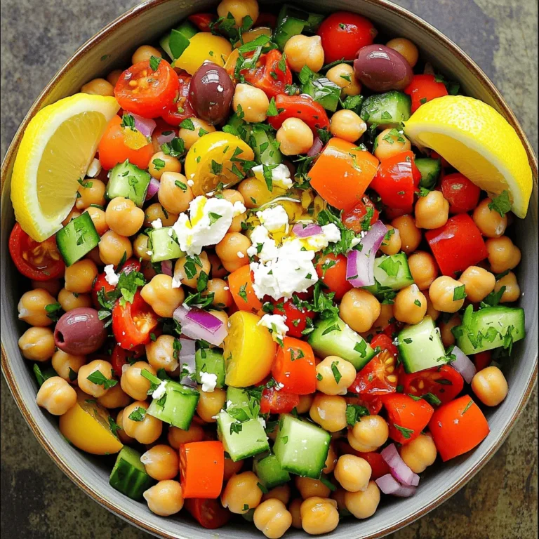 To make a great Mediterranean chickpea salad, you need a few key items: - 1 can (15 oz) chickpeas, rinsed and drained - 1 cup cherry tomatoes, halved - 1 cucumber, diced - 1 bell pepper (red or yellow), diced - 1/2 red onion, finely chopped - 1/2 cup Kalamata olives, pitted and sliced - 1/4 cup fresh parsley, chopped - 3 tablespoons olive oil - 2 tablespoons lemon juice - 1 teaspoon dried oregano - Salt and pepper to taste These ingredients create a fresh and colorful salad. The chickpeas act as a protein base, while the veggies add crunch and flavor. If you want to add more flavor, consider using: - 1/2 cup feta cheese, crumbled - Avocado for creaminess - Fresh mint for a cool twist These optional ingredients make the salad even more delightful. Feta adds a salty touch, while avocado gives it a rich texture. Chickpeas are rich in protein and fiber. They help you feel full longer. Tomatoes provide vitamins A and C, which are good for your skin. Cucumbers keep you hydrated and are low in calories. Bell peppers add vitamin C, which boosts your immune system. Olive oil is healthy fat that can support heart health. Together, these ingredients make this salad not just tasty but also good for you! For the complete recipe, check out the Full Recipe. To make the Mediterranean Chickpea Salad, start by gathering your ingredients. You need a large mixing bowl. First, add the rinsed chickpeas, halved cherry tomatoes, diced cucumber, diced bell pepper, finely chopped red onion, and sliced Kalamata olives into the bowl. If you like cheese, sprinkle crumbled feta on top. In a separate small bowl, mix olive oil, lemon juice, dried oregano, salt, and pepper. Whisk until combined. Pour this dressing over the salad and gently toss everything together. This helps coat all the ingredients. Finally, add the chopped parsley and toss once more. Let the salad sit for about 10 to 15 minutes to let the flavors mix. When mixing, be gentle. You want to keep the tomatoes and cucumbers intact. Tossing too hard can mash them. Start with the dressing. Pour it slowly over the salad. Use a large spoon or spatula to lift and turn the salad. This motion helps mix it well without breaking anything. If you feel it needs more dressing, add a little oil or lemon juice. Taste it before serving. Adjust salt and pepper if needed. Serve this salad in a large bowl for sharing or on individual plates. For a nice touch, garnish with extra parsley sprigs. You can also add a lemon wedge on the side. This adds color and freshness. Pair the salad with pita bread or grilled chicken for a complete meal. It’s perfect for lunch or a light dinner. Enjoy it fresh, and feel free to explore more variations. For the full recipe, check out the earlier section! You can easily change this salad to fit your taste. Add spices like cumin or paprika for warmth. If you like more crunch, toss in some radishes or carrots. You can also switch up the herbs. Try basil or mint instead of parsley. For a protein boost, add grilled chicken or tuna. Want it spicy? Add diced jalapeños. The options are endless, so have fun with it! To make your salad sing, let it rest before serving. This helps the flavors blend. I recommend letting it sit for 10-15 minutes. Also, use fresh ingredients for the best taste. Fresh lemon juice is key; it adds brightness. Drizzle on good quality olive oil, too. It makes a big difference! Taste and adjust salt and pepper to your liking. One common mistake is using dried-out chickpeas. Always rinse and drain your canned chickpeas well. Another mistake is cutting veggies too small. You want nice, chunky bites for texture. Don't skip the resting time, either. If you serve the salad right away, you miss out on the flavor magic. Remember, no one likes a bland salad! For more ideas, check out the Full Recipe for Mediterranean Chickpea Salad. {{image_2}} To make this salad vegan, skip the feta cheese. You can add a bit of avocado for creaminess. Use a vegan dressing, like tahini or a simple lemon-olive oil mix. This keeps the salad fresh and tasty without any dairy. Add grains to make the salad more filling. Quinoa works great here. Cook it according to package instructions and let it cool. Mix it in with the chickpeas and veggies. You can also try bulgur or farro for a different texture. Change the salad with the seasons. In spring, add fresh peas or asparagus. Summer calls for juicy peaches or watermelon. In fall, roasted squash or apples add a nice touch. Winter is perfect for root veggies like carrots or radishes. Always feel free to swap out ingredients based on what you have. This keeps the salad new and exciting. For the full recipe, check out the Mediterranean Chickpea Salad. Store your Mediterranean Chickpea Salad in an airtight container. This keeps the salad fresh. Place it in the fridge right after you make it. If you have leftovers, make sure to cover them well. This prevents any odors from mixing with your salad. Your salad can last 3 to 5 days in the fridge. After that, the veggies may lose their crunch. If you notice any off smells or changes in color, it’s best to toss it out. I do not recommend freezing this salad. Fresh veggies do not freeze well. If you must freeze it, store the chickpeas and dressing separately. When you thaw it, the veggies will be mushy. The taste may also change. Enjoy your Mediterranean Chickpea Salad fresh for the best flavor! For the complete recipe, check out the Full Recipe. You can add many tasty items to your salad. Try diced avocado for creaminess. You might like adding roasted red peppers for a sweet touch. Fresh herbs like mint or dill can boost flavor. For a crunch, consider adding sunflower seeds or pumpkin seeds. If you want protein, diced chicken or tuna works well too. A splash of balsamic vinegar can bring a nice zing. To make your salad more filling, add grains like quinoa or bulgur. These grains are high in fiber and protein. You can also mix in some cooked lentils for extra nutrition. Consider adding hard-boiled eggs or grilled chicken for more protein. Nuts like walnuts or almonds add healthy fats and a nice crunch. Yes, you can prepare this salad in advance. Just keep the dressing separate until you are ready to serve. This helps keep the salad fresh and crunchy. You can store the salad in an airtight container in the fridge for up to three days. The flavors will blend well over time, making it even tastier. For the full recipe, check out Mediterranean Chickpea Salad. In this blog post, we explored making a delicious Mediterranean chickpea salad. We covered the essential and optional ingredients, highlighted their nutritional benefits, and provided step-by-step instructions for preparation. I shared tips to customize your salad, avoid common mistakes, and enhance flavor. We also discussed variations and how to store your salad properly. Overall, this salad is not only tasty but also packed with nutrients. Experiment with different ingredients to find your perfect mix and enjoy!