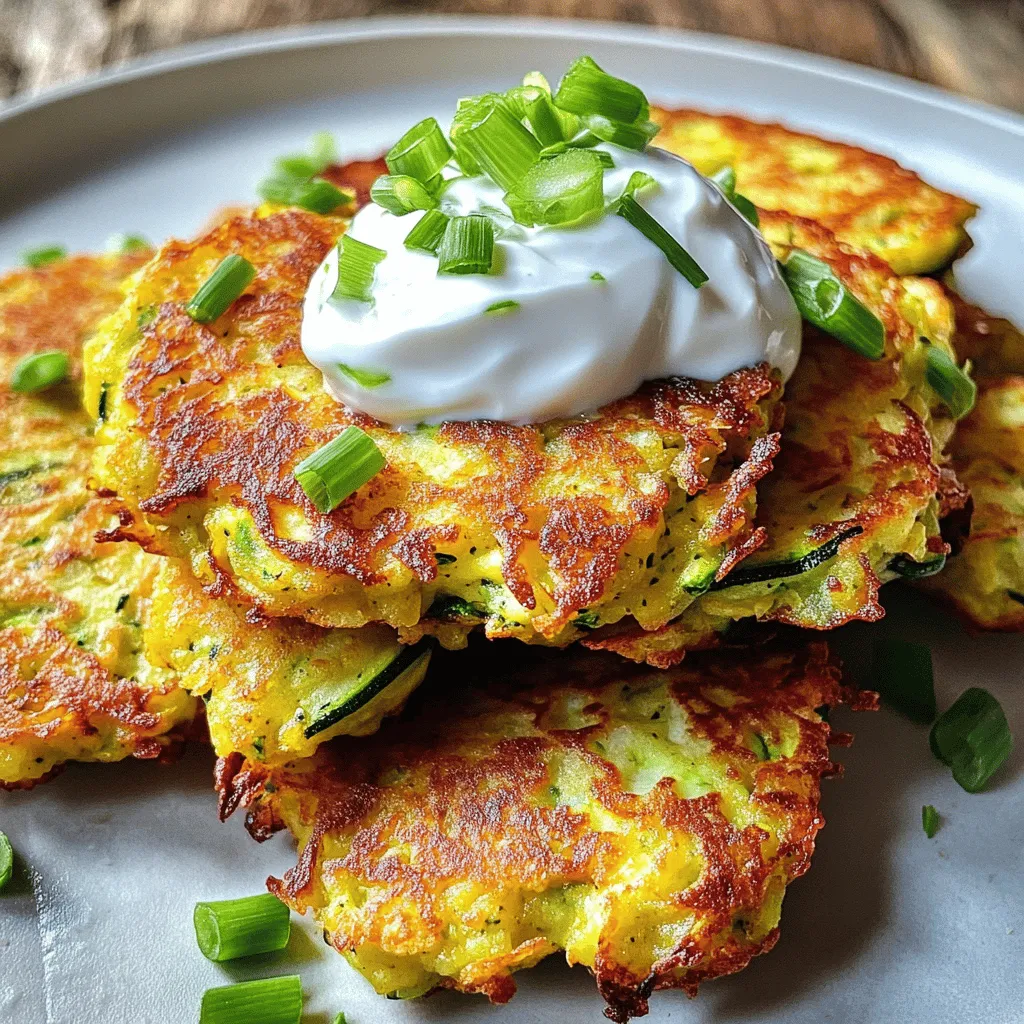 To make delicious zucchini fritters, you need the following items: - 2 medium zucchinis, grated - 1 teaspoon salt - 1/2 cup all-purpose flour - 1/4 cup grated Parmesan cheese - 2 large eggs - 1/4 cup green onions, finely chopped - 1/2 teaspoon garlic powder - 1/2 teaspoon onion powder - 1/4 teaspoon black pepper - 1/4 teaspoon cayenne pepper (optional, for heat) - Olive oil for frying - Greek yogurt or sour cream for serving These ingredients work together to create a crunchy and satisfying treat. The zucchini serves as the main star, providing moisture and flavor. The flour binds the fritters, while Parmesan cheese adds a wonderful cheesy taste. Eggs help hold everything together. Salt draws out moisture from the zucchini, which is key for a crispy fritter. Green onions add a fresh zing. Garlic and onion powders give an extra layer of flavor. You can also add cayenne pepper if you like a bit of heat. For frying, olive oil gives a nice crispiness and flavor. Finally, serve the fritters with a dollop of Greek yogurt or sour cream. This adds creaminess and balances the fritters' crunch. You can find the full recipe for these zesty zucchini fritters in my recipe section. Enjoy making this tasty dish! To make great zucchini fritters, start with grating the zucchini. Use a box grater or food processor. Grate two medium zucchinis until you have enough for your fritters. Next, sprinkle one teaspoon of salt over the grated zucchini. This step is key. The salt pulls out moisture, which helps the fritters stay crispy. Let the zucchini sit for about 10-15 minutes. After waiting, you will see water pooling around the zucchini. Now, take a clean kitchen towel or cheesecloth. Place the grated zucchini in it and squeeze tightly. Remove as much liquid as you can. This ensures your fritters won’t be soggy. In a large mixing bowl, combine the squeezed zucchini with the dry ingredients. Add 1/2 cup of all-purpose flour and 1/4 cup of grated Parmesan cheese. Toss in two large eggs, 1/4 cup of finely chopped green onions, garlic powder, onion powder, black pepper, and cayenne pepper if you like heat. Mix everything until it’s well combined. The mixture should be thick but still easy to scoop. Now, heat a couple of tablespoons of olive oil in a large skillet over medium heat. The oil should shimmer when it’s hot enough. Using a spoon, drop heaping spoonfuls of the zucchini mixture into the pan. Flatten them slightly with the back of the spoon. This helps them cook evenly. Cook the fritters for about 3-4 minutes on each side. They should turn golden brown and crispy. You may need to adjust the heat as you cook. Too high, and they might burn; too low, and they won’t crisp up. Once done, remove the fritters and place them on a paper towel-lined plate. This will help soak up any extra oil. Serve warm with a dollop of Greek yogurt or sour cream for a delicious touch. For the full recipe, check out the details above. To make the best zucchini fritters, start by removing moisture. Grate the zucchini and sprinkle it with salt. Let it sit for 10-15 minutes. This step draws out excess water. Once the time is up, use a clean kitchen towel. Squeeze the towel tightly to remove as much liquid as you can. This makes your fritters crispier. Next, adjust the cooking time for a crunchy texture. Heat your oil over medium heat. Once hot, drop spoonfuls of the mixture into the skillet. Cook them for about 3-4 minutes on each side. Watch for a golden brown color. If they brown too quickly, lower the heat slightly. Zucchini fritters taste great with tasty dips. Greek yogurt or sour cream add a creamy touch. You can also try a spicy sauce for a kick. Pair the fritters with a fresh salad. A simple green salad or a tangy coleslaw complements them well. To make your fritters even better, add herbs or spices. Fresh dill or parsley can brighten the taste. You can also use a pinch of smoked paprika for warmth. Different cheese options can change the flavor too. Feta cheese gives a tangy twist, while cheddar adds sharpness. Explore these options to find your favorite mix. For the full recipe, check the section above. {{image_2}} You can easily adapt zucchini fritters for different diets. For gluten-free options, swap all-purpose flour with almond flour or chickpea flour. Both alternatives work well and keep the fritters tasty. If you want vegan fritters, replace eggs with ground flaxseed mixed with water. This mix binds the ingredients just like eggs do. Try adding different flavors to your fritters. Mediterranean-style fritters shine with a bit of feta cheese. The tangy feta pairs well with the zucchini. For a spicy kick, add chopped jalapeños to the mix. This twist gives your fritters a fun heat that many people enjoy. Using seasonal ingredients can elevate your fritters. Fresh herbs like basil or parsley add a burst of flavor. You can also incorporate grated carrots or sweet corn for extra texture. These additions make the fritters even more delightful and colorful. For the full recipe, check out the Zesty Zucchini Fritters section! To keep your zucchini fritters fresh, store them in the fridge. Place them in an airtight container. They will last up to 3 days. Before storing, let them cool completely. This step helps prevent sogginess. You can also freeze fritters for longer storage. Place them in a single layer on a baking tray. Once frozen, transfer them to a freezer bag. They will stay good for up to 3 months. Just remember to label the bag with the date. Reheating fritters correctly keeps them crisp. The best method is to use an oven. Preheat your oven to 375°F (190°C). Place the fritters on a baking sheet. Heat them for about 10-15 minutes. This method ensures they stay crunchy. You can also use a skillet on medium heat. Add a little oil and cook for about 2-3 minutes on each side. Avoid the microwave if you want to keep them crispy. Microwaving can make them soggy, which we want to avoid. You can tell if zucchini fritters are cooked by looking for a golden brown color. The edges should be crisp, and they should feel firm to the touch. If they look soft or pale, give them a bit more time in the pan. Cooking them for 3-4 minutes on each side helps achieve this perfect golden hue. Yes, you can make the batter ahead of time. Mix all the ingredients and store it in the fridge. It's best to use it within a few hours. The batter may become watery as it sits, so check for moisture before cooking. If it looks too wet, you can add a little more flour before frying. If you don't have zucchini, you can use other vegetables. Grated carrots work well for a sweet flavor. You can also try yellow squash or even finely chopped spinach. Each will bring its own taste and texture. Just remember to remove excess moisture like you do with zucchini. To make a larger batch, simply scale up the ingredients. Double or triple the amounts, depending on how many fritters you need. Keep the ratios the same for best results. If you make too much batter, you can always save it in the fridge for later. Zucchini fritters are easy and fun to make. We started with the key ingredients like grated zucchini, eggs, and flour. Then, I showed you how to prepare, mix, and cook them for the best taste. Remember to use tips for moisture and texture. You can also try variations for different diets and flavors. Storing and reheating fritters allows you to enjoy leftovers. Whether for a snack or a meal, these fritters are a tasty choice that you can easily adapt. Enjoy your cooking!