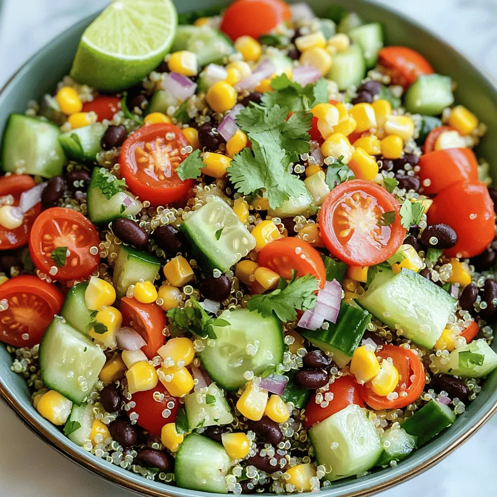 To make a healthy quinoa salad, gather these key ingredients: - 1 cup quinoa, rinsed - 2 cups vegetable broth (or water) - 1 cup cherry tomatoes, halved - 1 cup cucumber, diced - 1 cup black beans, rinsed and drained - ½ cup red bell pepper, diced - ½ cup corn (fresh or frozen, thawed) - ¼ cup red onion, finely chopped - ¼ cup fresh cilantro, chopped These ingredients create a vibrant and colorful salad. Quinoa adds protein and fiber. The beans boost the protein even more. Fresh veggies bring crunch and flavor. Feel free to customize your salad with these optional ingredients: - Avocado, diced - Feta cheese or goat cheese, crumbled - Jalapeños for heat - Chopped nuts or seeds for crunch These add-ins can make your salad even tastier. You can mix and match based on what you love. A good dressing ties the salad together. Here are the simple ingredients you need: - Juice of 1 lime - 3 tablespoons olive oil - 1 teaspoon cumin - Salt and pepper to taste This dressing is bright and zesty. It brings out the flavors of all the fresh ingredients. You can adjust the lime and spice to suit your taste. For the complete recipe, check out the Full Recipe. Enjoy making this healthy quinoa salad! Start by rinsing 1 cup of quinoa under cold water. This step helps to remove the bitter coating. In a medium pot, bring 2 cups of vegetable broth or water to a boil. Once it boils, add the rinsed quinoa. Lower the heat and cover the pot. Cook for about 15 minutes until the quinoa is fluffy and the liquid is gone. Take it off the heat and let it cool. While the quinoa cools, wash and chop your veggies. You will need: - 1 cup cherry tomatoes, halved - 1 cup cucumber, diced - 1 cup black beans, rinsed and drained - ½ cup red bell pepper, diced - ½ cup corn, fresh or frozen - ¼ cup red onion, finely chopped - ¼ cup fresh cilantro, chopped In a large bowl, mix all these fresh veggies together. This adds color and crunch to your salad. Once the quinoa is cool, add it to the bowl with the veggies. In a small bowl, whisk together: - Juice of 1 lime - 3 tablespoons olive oil - 1 teaspoon cumin - Salt and pepper to taste Pour this dressing over the salad mixture. Gently toss everything until well combined. Taste your salad and adjust the seasoning if needed. Let it sit for at least 15 minutes to help the flavors blend. Serve it fresh and enjoy the vibrant taste! You can find the Full Recipe for more details. To cook perfect quinoa, start by rinsing it well. This removes any bitter taste. Use a ratio of two cups of liquid for every one cup of quinoa. You can use vegetable broth or water for cooking. Bring the liquid to a boil, then add the rinsed quinoa. Cover the pot, lower the heat, and let it simmer for about 15 minutes. Once done, fluff it with a fork and let it cool. This method gives you fluffy quinoa every time. To make your quinoa salad pop, use fresh herbs like cilantro or parsley. You can also add spices like cumin or paprika for a warm flavor. A squeeze of lime juice brightens the taste. For a little crunch, toss in some nuts or seeds, like sunflower seeds or sliced almonds. Feel free to mix in different veggies, like avocados or bell peppers, to add color and texture. For serving, place the salad in a large bowl. Garnish it with lime wedges and extra herbs for a fresh look. You can also serve it in individual cups for a fun twist. This makes it easy for guests to enjoy. Pair the salad with grilled chicken, fish, or a hearty soup for a complete meal. For the full recipe, check out the vibrant quinoa fiesta salad. {{image_2}} This salad is already a great choice for vegetarians and vegans. It uses quinoa, beans, and fresh veggies. To make it even better, add more plant-based ingredients. Try adding avocado for creaminess. You can also toss in roasted sweet potatoes for a warm touch. Nuts or seeds add a nice crunch too. Think about using pumpkin seeds or walnuts. Want to boost the protein in your salad? You can add grilled chicken or shrimp if you eat meat. If you want more plant-based protein, try adding tofu or tempeh. These options will keep your salad filling. You can also mix in extra beans like chickpeas. They add flavor and texture. You can change the taste of your salad by adding different ingredients. For a Mediterranean flair, use olives and feta cheese. Drizzle it with a lemon-olive oil dressing. For an Asian twist, add sesame oil and soy sauce. Toss in some edamame and sliced green onions. You can also use fresh herbs like mint or basil for more flavor. For a full recipe that highlights these variations, check out the Vibrant Quinoa Fiesta Salad. To store your quinoa salad, first let it cool. Place it in an airtight container. This keeps it fresh and prevents odors from mixing. You can store it in the fridge for up to four days. When you want to eat it, check the smell and look for any changes. If it looks good, it’s good to go! Meal prepping quinoa salad is simple. Make a big batch using the Full Recipe. Divide the salad into smaller containers. This way, you can grab lunch or dinner quickly. Keep the dressing separate until you’re ready to eat. This keeps the salad fresh and crunchy. Quinoa salad lasts well in the fridge for four days. If you want to keep it longer, you can freeze it. Place it in freezer-safe bags or containers. Remove as much air as you can. You can freeze it for up to three months. When ready to eat, defrost it in the fridge overnight. Then enjoy your tasty, healthy meal! Yes, quinoa is gluten-free. It comes from a seed, not a grain. This makes it safe for those with gluten allergies or celiac disease. Quinoa is a great option for people looking for gluten-free foods. You can enjoy it without worry. Quinoa offers many health benefits. It is high in protein, containing all nine essential amino acids. This makes it a complete protein. It is also rich in fiber, which aids digestion. Quinoa is low in fat, making it heart-healthy. Additionally, it provides vitamins and minerals like magnesium and iron. Including quinoa in your diet can support overall health. Yes, you can make the salad ahead of time. It tastes even better after sitting in the fridge for a while. The flavors blend and become richer. Just store it in an airtight container. You can keep it in the fridge for up to three days. Before serving, give it a quick toss to freshen it up. Quinoa salad pairs well with many dishes. You can serve it alongside grilled chicken or fish for a balanced meal. It also complements soups and stews nicely. If you want a vegetarian option, try it with roasted veggies or hummus. Quinoa salad is versatile and can fit into many meal plans. For a fun twist, serve it as a filling for wraps or pita pockets. In this article, we explored how to create a healthy quinoa salad. We covered main ingredients, optional add-ins, and dressing ideas. I shared step-by-step instructions for cooking quinoa and preparing vegetables. You learned tips for perfect quinoa and fun serving ideas. Additionally, we discussed variations for different diets and storage tips to keep your salad fresh. Quinoa salad is versatile and nutritious. Enjoy making it your way!