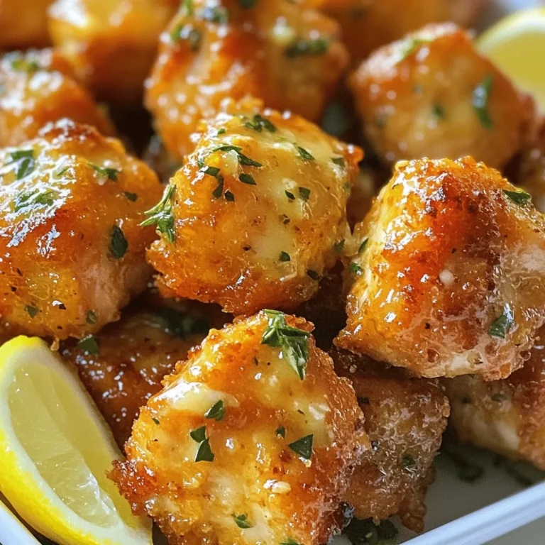 - Chicken breast - Unsalted butter - Garlic - Fresh parsley - Dried thyme - Smoked paprika The main star of this dish is the chicken breast. I love using boneless chicken for easy cooking. It cooks quickly and stays juicy. Unsalted butter adds richness and depth. Garlic brings an amazing flavor that pairs well with chicken. Fresh parsley adds a pop of color and freshness. Dried thyme and smoked paprika give a warm, earthy taste. - Olive oil - Lemon wedges Olive oil helps to cook the chicken evenly and adds flavor. I often use it for sautéing. Lemon wedges are great for serving. They add a zesty touch that brightens every bite. - Salt and pepper - Additional spices or herbs Salt and pepper are must-haves for seasoning. They bring out the flavors of the chicken and butter. You can also add other spices or herbs if you like. This allows you to personalize the dish to your tastes. For the full recipe, check out the link above. Seasoning the chicken Start by cutting your chicken breast into 1-inch cubes. This size helps the chicken cook evenly. Next, grab a bowl. Add the chicken cubes, salt, pepper, and smoked paprika. Mix well so every piece is coated. This seasoning adds great flavor and a lovely color. Prepping garlic and herbs Now, let’s prep our garlic and herbs. You will need six cloves of garlic. Mince them finely so they release their flavor. For the herbs, chop fresh parsley. Save half for later. The other half will go into the garlic butter sauce. Heating the pan Take a large skillet and place it on the stove. Add one tablespoon of olive oil. Heat it over medium-high heat. You want it to shimmer before adding the chicken. This step makes sure the chicken cooks well and gets that nice brown color. Cooking the chicken Once the oil is hot, add your seasoned chicken cubes. Spread them out in a single layer. Cook for about 5 to 6 minutes. Stir occasionally. Look for that golden brown color. Use a meat thermometer if you want to check for doneness. Chicken should reach 165°F (75°C). When done, remove the chicken and set it aside. Making the garlic butter sauce In the same skillet, lower the heat to medium. Add your four tablespoons of unsalted butter. Let it melt slowly. Once melted, toss in the minced garlic and thyme. Sauté for 1 to 2 minutes. Be careful not to burn the garlic. You want it fragrant and golden, not brown. Combining chicken and sauce Now, return the cooked chicken to the skillet. Toss the chicken in the garlic butter sauce. Make sure every piece is well-coated. Cook for another 1 to 2 minutes. This warms the chicken and mixes in all the flavors. Plating and serving instructions Remove the skillet from the heat. Sprinkle the remaining parsley on top for color. Serve the chicken bites hot. Don’t forget the lemon wedges on the side. Squeeze some lemon over the chicken for a zesty kick. Enjoy your delicious garlic butter chicken bites! For the full recipe, check the link. To get that perfect golden-brown chicken, keep a few things in mind. First, make sure you don't crowd the pan. If the chicken pieces are too close, they will steam instead of sear. Cook in batches if needed. Second, let the chicken sit in the pan for a minute before stirring. This helps it develop a nice crust. When sautéing garlic, timing is key. Garlic can burn quickly, so keep an eye on it. After adding the garlic to the melted butter, stir it often. Cook it just until fragrant, about one to two minutes. If it turns brown too fast, lower the heat. Burnt garlic tastes bitter and ruins the dish. Choosing the right chicken breast is crucial for this recipe. Look for fresh, boneless chicken breast with no blemishes. If you want to save time, you can use pre-cut chicken cubes. Just ensure they are of even size for even cooking. If you want to substitute butter or oil, there are options. You can use coconut oil for a different flavor. Ghee is another great choice, as it adds rich taste and is great for high heat. You can also use margarine, but that can change the flavor slightly. Garnishing with fresh parsley makes your dish pop. After serving the chicken, sprinkle chopped parsley on top. This adds color and freshness. You can also add a little zest of lemon peel for extra brightness. Serving with lemon wedges is a great idea. Place the wedges next to the chicken bites. This gives your guests a chance to add a splash of citrus. The lemon juice brightens the flavors and makes the dish more vibrant. {{image_2}} You can change the taste of garlic butter chicken bites by adding herbs and spices. Fresh herbs like basil or oregano can add a lovely twist. Just chop them fine and mix them in. You might also try adding spices like cayenne for heat or cumin for warmth. These small changes can create new flavors and keep your meals exciting. If you need gluten-free options, use gluten-free soy sauce instead of regular soy sauce. This tweak keeps the flavor but meets dietary needs. For those on a low-carb diet, replace the chicken with cauliflower bites. This will give you a tasty, low-carb version of the dish without losing the garlic butter flavor. Garlic butter chicken bites pair well with many sides. Try serving them with rice, salad, or roasted vegetables. You can also turn these bites into a salad or wrap. Just add some fresh greens, cherry tomatoes, and your favorite dressing for a new meal idea. You can find the full recipe to explore more ways to enjoy these tasty bites. To keep your garlic butter chicken bites fresh, use airtight containers. Glass or plastic containers work well. Store the chicken in the fridge. It stays tasty for up to three days. Make sure to let the chicken cool before sealing it. This helps avoid moisture buildup. When you're ready to enjoy the leftovers, heat them gently. The best method is to use a skillet. Add a little olive oil over medium heat. Place the chicken in the pan. Stir often for even heating. This keeps the flavor and texture just right. You can also use a microwave. Heat in short bursts, stirring in between, to warm them up. If you have extra chicken bites, freezing them is a great choice. Place the cooled chicken in a freezer bag. Remove as much air as possible before sealing. They can stay frozen for up to three months. When you want to eat them, thaw in the fridge overnight. After that, reheat them as explained above for the best results. You can find the full recipe to make these delightful chicken bites earlier in the article. You can store garlic butter chicken bites in the refrigerator for about three to four days. Make sure to place them in an airtight container. This keeps them fresh and tasty. If you want to reheat them, just use a skillet or microwave. Yes, you can use frozen chicken for this recipe. Just be sure to thaw it first. The best way to thaw chicken is in the fridge overnight. If you're in a hurry, you can use cold water to speed up the process. Place the chicken in a sealed bag and submerge it in cold water for about an hour. You can serve garlic butter chicken bites with various side dishes. Some great options include: - Steamed broccoli - Roasted potatoes - Rice pilaf - Fresh salad For dips or sauces, consider: - Creamy ranch - Honey mustard - Spicy sriracha mayo Mix and match these sides to make your meal even more delightful. For the full recipe, check out the complete guide above. This blog post detailed how to make delicious garlic butter chicken bites. We covered the key ingredients and optional adds that boost flavor. I provided step-by-step cooking instructions and helpful tips to get perfect results. You learned about variations for different diets and easy storage methods. Remember, the right spices and herbs can change everything. Enjoy these bites at any meal or snack time!