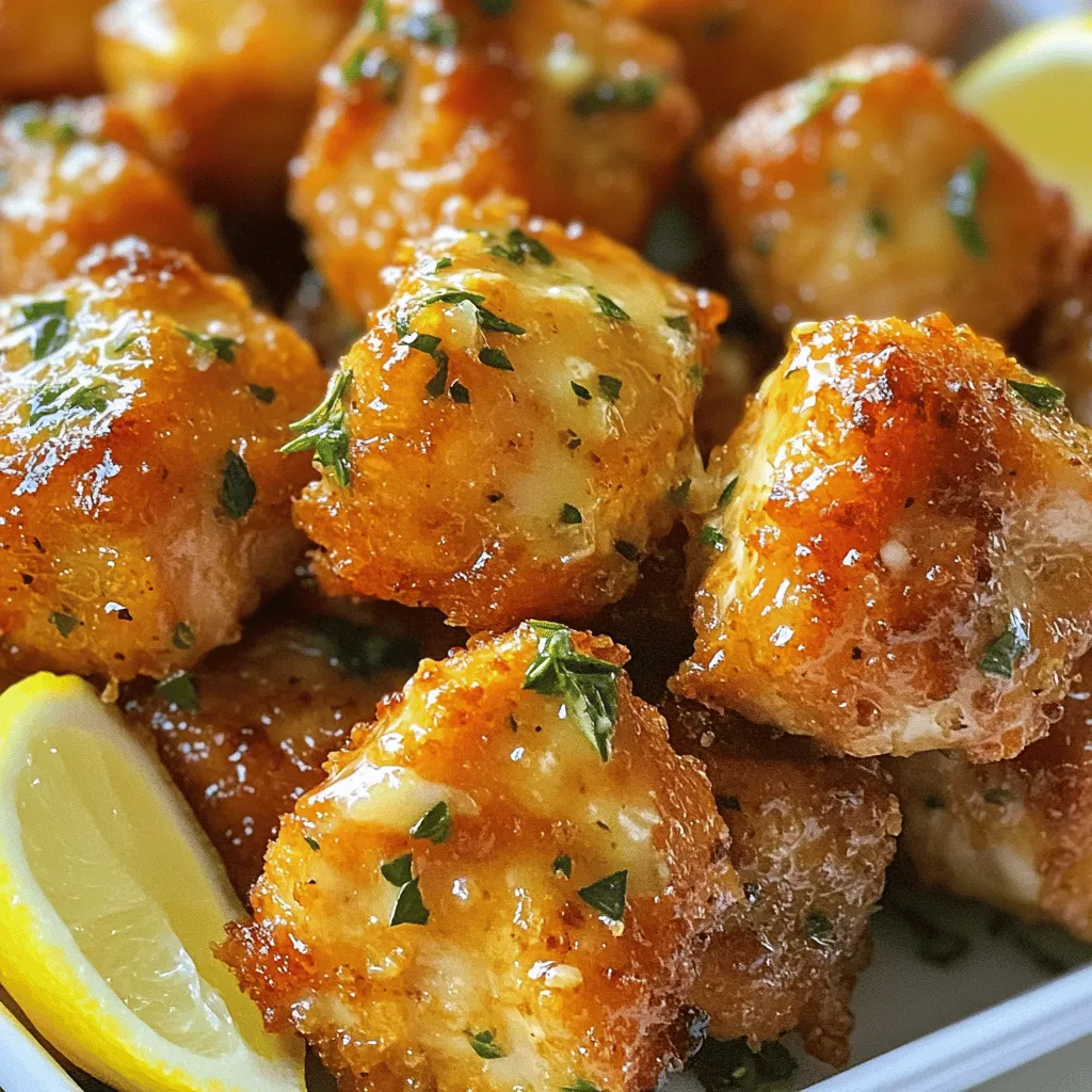 - Chicken breast - Unsalted butter - Garlic - Fresh parsley - Dried thyme - Smoked paprika The main star of this dish is the chicken breast. I love using boneless chicken for easy cooking. It cooks quickly and stays juicy. Unsalted butter adds richness and depth. Garlic brings an amazing flavor that pairs well with chicken. Fresh parsley adds a pop of color and freshness. Dried thyme and smoked paprika give a warm, earthy taste. - Olive oil - Lemon wedges Olive oil helps to cook the chicken evenly and adds flavor. I often use it for sautéing. Lemon wedges are great for serving. They add a zesty touch that brightens every bite. - Salt and pepper - Additional spices or herbs Salt and pepper are must-haves for seasoning. They bring out the flavors of the chicken and butter. You can also add other spices or herbs if you like. This allows you to personalize the dish to your tastes. For the full recipe, check out the link above. Seasoning the chicken Start by cutting your chicken breast into 1-inch cubes. This size helps the chicken cook evenly. Next, grab a bowl. Add the chicken cubes, salt, pepper, and smoked paprika. Mix well so every piece is coated. This seasoning adds great flavor and a lovely color. Prepping garlic and herbs Now, let’s prep our garlic and herbs. You will need six cloves of garlic. Mince them finely so they release their flavor. For the herbs, chop fresh parsley. Save half for later. The other half will go into the garlic butter sauce. Heating the pan Take a large skillet and place it on the stove. Add one tablespoon of olive oil. Heat it over medium-high heat. You want it to shimmer before adding the chicken. This step makes sure the chicken cooks well and gets that nice brown color. Cooking the chicken Once the oil is hot, add your seasoned chicken cubes. Spread them out in a single layer. Cook for about 5 to 6 minutes. Stir occasionally. Look for that golden brown color. Use a meat thermometer if you want to check for doneness. Chicken should reach 165°F (75°C). When done, remove the chicken and set it aside. Making the garlic butter sauce In the same skillet, lower the heat to medium. Add your four tablespoons of unsalted butter. Let it melt slowly. Once melted, toss in the minced garlic and thyme. Sauté for 1 to 2 minutes. Be careful not to burn the garlic. You want it fragrant and golden, not brown. Combining chicken and sauce Now, return the cooked chicken to the skillet. Toss the chicken in the garlic butter sauce. Make sure every piece is well-coated. Cook for another 1 to 2 minutes. This warms the chicken and mixes in all the flavors. Plating and serving instructions Remove the skillet from the heat. Sprinkle the remaining parsley on top for color. Serve the chicken bites hot. Don’t forget the lemon wedges on the side. Squeeze some lemon over the chicken for a zesty kick. Enjoy your delicious garlic butter chicken bites! For the full recipe, check the link. To get that perfect golden-brown chicken, keep a few things in mind. First, make sure you don't crowd the pan. If the chicken pieces are too close, they will steam instead of sear. Cook in batches if needed. Second, let the chicken sit in the pan for a minute before stirring. This helps it develop a nice crust. When sautéing garlic, timing is key. Garlic can burn quickly, so keep an eye on it. After adding the garlic to the melted butter, stir it often. Cook it just until fragrant, about one to two minutes. If it turns brown too fast, lower the heat. Burnt garlic tastes bitter and ruins the dish. Choosing the right chicken breast is crucial for this recipe. Look for fresh, boneless chicken breast with no blemishes. If you want to save time, you can use pre-cut chicken cubes. Just ensure they are of even size for even cooking. If you want to substitute butter or oil, there are options. You can use coconut oil for a different flavor. Ghee is another great choice, as it adds rich taste and is great for high heat. You can also use margarine, but that can change the flavor slightly. Garnishing with fresh parsley makes your dish pop. After serving the chicken, sprinkle chopped parsley on top. This adds color and freshness. You can also add a little zest of lemon peel for extra brightness. Serving with lemon wedges is a great idea. Place the wedges next to the chicken bites. This gives your guests a chance to add a splash of citrus. The lemon juice brightens the flavors and makes the dish more vibrant. {{image_2}} You can change the taste of garlic butter chicken bites by adding herbs and spices. Fresh herbs like basil or oregano can add a lovely twist. Just chop them fine and mix them in. You might also try adding spices like cayenne for heat or cumin for warmth. These small changes can create new flavors and keep your meals exciting. If you need gluten-free options, use gluten-free soy sauce instead of regular soy sauce. This tweak keeps the flavor but meets dietary needs. For those on a low-carb diet, replace the chicken with cauliflower bites. This will give you a tasty, low-carb version of the dish without losing the garlic butter flavor. Garlic butter chicken bites pair well with many sides. Try serving them with rice, salad, or roasted vegetables. You can also turn these bites into a salad or wrap. Just add some fresh greens, cherry tomatoes, and your favorite dressing for a new meal idea. You can find the full recipe to explore more ways to enjoy these tasty bites. To keep your garlic butter chicken bites fresh, use airtight containers. Glass or plastic containers work well. Store the chicken in the fridge. It stays tasty for up to three days. Make sure to let the chicken cool before sealing it. This helps avoid moisture buildup. When you're ready to enjoy the leftovers, heat them gently. The best method is to use a skillet. Add a little olive oil over medium heat. Place the chicken in the pan. Stir often for even heating. This keeps the flavor and texture just right. You can also use a microwave. Heat in short bursts, stirring in between, to warm them up. If you have extra chicken bites, freezing them is a great choice. Place the cooled chicken in a freezer bag. Remove as much air as possible before sealing. They can stay frozen for up to three months. When you want to eat them, thaw in the fridge overnight. After that, reheat them as explained above for the best results. You can find the full recipe to make these delightful chicken bites earlier in the article. You can store garlic butter chicken bites in the refrigerator for about three to four days. Make sure to place them in an airtight container. This keeps them fresh and tasty. If you want to reheat them, just use a skillet or microwave. Yes, you can use frozen chicken for this recipe. Just be sure to thaw it first. The best way to thaw chicken is in the fridge overnight. If you're in a hurry, you can use cold water to speed up the process. Place the chicken in a sealed bag and submerge it in cold water for about an hour. You can serve garlic butter chicken bites with various side dishes. Some great options include: - Steamed broccoli - Roasted potatoes - Rice pilaf - Fresh salad For dips or sauces, consider: - Creamy ranch - Honey mustard - Spicy sriracha mayo Mix and match these sides to make your meal even more delightful. For the full recipe, check out the complete guide above. This blog post detailed how to make delicious garlic butter chicken bites. We covered the key ingredients and optional adds that boost flavor. I provided step-by-step cooking instructions and helpful tips to get perfect results. You learned about variations for different diets and easy storage methods. Remember, the right spices and herbs can change everything. Enjoy these bites at any meal or snack time!