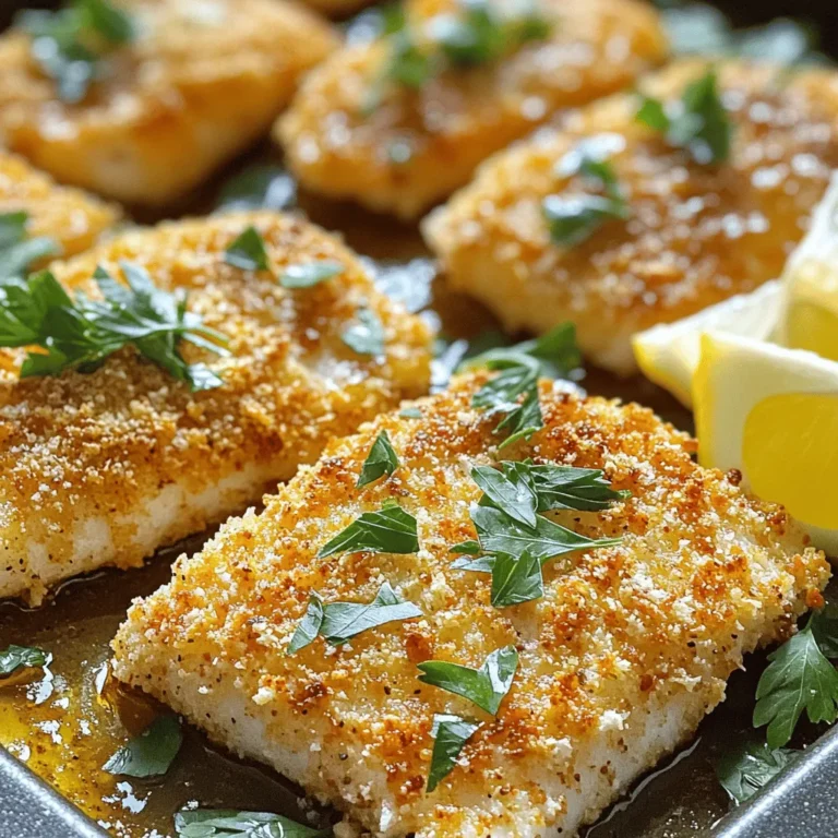 To make baked Parmesan crusted tilapia, you need a few key ingredients. Here’s what you will need: - 4 tilapia fillets - 1 cup grated Parmesan cheese - 1/2 cup breadcrumbs (preferably panko) - 1 teaspoon garlic powder - 1 teaspoon onion powder - 1 teaspoon paprika - Salt and pepper to taste - 2 tablespoons olive oil - 1 tablespoon lemon juice These ingredients create a tasty crust that enhances the tilapia flavor. The Parmesan cheese gives a rich taste, while the breadcrumbs add crunch. Want to add more flavor? Here are some optional ingredients you can use: - Fresh herbs like dill or thyme - A pinch of cayenne pepper for heat - Lemon zest for a bright touch - A splash of white wine for depth These add-ons can make your dish even more exciting. Feel free to mix and match based on what you love. For a complete meal, pair the tilapia with these sides: - Steamed vegetables like broccoli or green beans - A light salad with mixed greens - Garlic bread for a crunchy side These options will balance the meal and add more nutrients. You can find the full recipe for this dish to ensure your dinner is a hit! First, gather all your ingredients. You need tilapia fillets, Parmesan cheese, breadcrumbs, and spices. Lay out the measuring cups and bowls. Preheat your oven to 400°F (200°C). This step ensures that the fish cooks evenly. Line a baking sheet with parchment paper. This makes cleaning up easier. Now, let’s start cooking! In a medium bowl, mix the grated Parmesan cheese with breadcrumbs and spices. I like to add garlic powder, onion powder, and paprika. These flavors make the fish so tasty! In another bowl, coat the tilapia fillets with olive oil and lemon juice. This gives them a nice flavor and helps the crust stick. Next, press each fillet into the cheese mixture. Make sure to coat both sides well. Lay the coated fillets on the baking sheet, leaving space between them. Bake for about 15 to 20 minutes. You’ll know they’re done when the fish flakes easily with a fork. The crust should look golden brown and crisp. To get that perfect crispy crust, use panko breadcrumbs. They create a light, airy texture. Make sure the fish is well-coated with the cheese mixture. If you want extra crunch, you can spray the top lightly with olive oil before baking. This helps the crust brown nicely. Keep an eye on the fish as it cooks. You want it golden, not burnt. For a complete meal, serve your tilapia with steamed vegetables or a light salad. You can find the full recipe for more details. Enjoy your delicious Baked Parmesan Crusted Tilapia! One mistake is not preheating your oven. This can lead to uneven cooking. Make sure your oven is ready before you bake. Another mistake is not coating the fish well. Press the tilapia firmly into the crumb mixture. This helps form a nice crust. Also, avoid overcooking the fish. Tilapia cooks quickly. Bake it for just 15 to 20 minutes. Check for doneness by flaking it with a fork. If it flakes easily, it’s done. Baked Parmesan crusted tilapia tastes great with many sides. I love to serve it with steamed broccoli. The bright green color looks nice on the plate. You can also try a fresh salad with mixed greens. A light vinaigrette adds a nice touch. If you want something heartier, consider roasted potatoes. They add a nice crunch and flavor. You can even serve it with rice or quinoa. These sides balance the meal well. Adjusting the seasoning is easy. If you like more spice, add more paprika or some cayenne. For a milder taste, cut back on the garlic powder. You can also add herbs like thyme or dill for a fresh flavor. Always taste your seasoning mix before coating the fish. This way, you can make changes as needed. Remember, cooking is about what you enjoy. Make it your own! For the full recipe, check out the earlier section. {{image_2}} You can switch up the crust if you want. Try using crushed cornflakes instead of breadcrumbs. They give a nice crunch. You can also add herbs like oregano or thyme for more flavor. For a spicy kick, mix in some cayenne pepper. You can even use different cheeses like cheddar or feta. Each option gives a unique taste to your dish. If you want a faster way to cook, use an air fryer. Preheat it to 400°F (200°C). Cook the tilapia for about 10-12 minutes. You’ll get a great crispy crust without much oil. If you prefer grilling, brush the fillets with oil. Grill them over medium heat for about 5-7 minutes on each side. Both methods keep the fish juicy and flaky. Feel free to add more to your meal. You can top the tilapia with shrimp before baking. This adds a seafood twist. Try mixing in chopped spinach or bell peppers with the crust. They add color and nutrients. You can also serve the tilapia with roasted asparagus or green beans. These choices make your dish even more healthy and flavorful. For the full recipe, check out the details above. After you enjoy your baked Parmesan crusted tilapia, store leftovers in the fridge. Place the fish in an airtight container. It stays fresh for up to three days. Make sure to cool it down before sealing it. This helps keep the crust crispy longer. If you want to keep it longer, consider freezing the tilapia. Wrap each piece tightly in plastic wrap. Then, place them in a freezer bag. This method prevents freezer burn. You can freeze it for up to three months. When you’re ready to eat, just thaw it in the fridge overnight. To reheat, preheat your oven to 350°F (175°C). Place the tilapia on a baking sheet. Cover it loosely with foil to keep it moist. Heat for about 10-15 minutes. Check if it’s warm all the way through. For extra crispiness, remove the foil for the last few minutes. Enjoy your meal again just like the first time! I bake tilapia at 400°F for about 15 to 20 minutes. The fish should flake easily with a fork when done. Keep an eye on it to avoid overcooking. Thin fillets cook faster, while thicker ones may need more time. Always check for a golden crust on top. Yes, you can use frozen tilapia. Just remember to thaw it first. You can do this by placing it in the fridge overnight or using cold water for a quicker thaw. Make sure to pat the fillets dry before coating them. This helps the crust stick better and keeps it crispy. Baked Parmesan Crusted Tilapia pairs well with many sides. Here are some tasty options: - Steamed broccoli - Roasted asparagus - A light salad with lemon vinaigrette - Quinoa or rice for a filling option - Garlic bread for a crunchy bite These sides balance the flavors of the fish and make a complete meal. Feel free to mix and match based on your taste! For the full recipe, check out the earlier section. This blog post shared the best way to make Baked Parmesan Crusted Tilapia. You learned about key ingredients, optional flavors, and perfect sides to pair. I explained how to prepare and cook this dish for crispiness. Also, I offered tips to avoid common mistakes and made suggestions for variations. Remember to store leftovers correctly to enjoy them later. Cooking can be fun and easy. With these tips, you can impress family and friends. Enjoy your tasty meals!