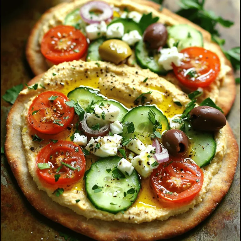 To make the perfect Mediterranean flatbread pizza, gather your ingredients. Each one plays a key role in creating a tasty dish. Here’s what you need: - Whole wheat flatbreads - Hummus (store-bought or homemade) - Fresh vegetables and toppings - Seasonings and garnishes Whole wheat flatbreads serve as the base. They give a nice, hearty flavor. You can find them in most grocery stores. If you prefer, you can also make your own. Hummus is the creamy layer on top. You can use store-bought or make your own. Homemade hummus is simple and fun to make. Just blend chickpeas, tahini, lemon juice, and garlic. Fresh vegetables add color and crunch. Use cherry tomatoes, cucumbers, red onions, and Kalamata olives. These bright veggies bring great taste and nutrition. Seasonings make your flatbread pizza shine. I like to use olive oil, dried oregano, salt, and pepper. Fresh parsley adds a nice touch too. It boosts flavor and looks great on top. With these ingredients, you’re ready to create a delicious Mediterranean flatbread pizza. For the full recipe, check out the [Full Recipe]. First, set your oven to 400°F (200°C). This heat makes the flatbread crispy. While the oven warms up, take a baking sheet. Line it with parchment paper. This keeps the flatbreads from sticking. Place the flatbreads on the sheet. Make sure they are flat and ready for toppings. Start by spreading the hummus. Use a spoon to cover each flatbread. Leave a small edge around the sides. Next, add the toppings. Place halved cherry tomatoes, cucumber slices, and red onion on the hummus. Make sure to spread them evenly. Now, sprinkle sliced Kalamata olives and crumbled feta cheese on top. This adds flavor and texture. Drizzle olive oil over everything. Finish with dried oregano, salt, and pepper. Put the baking sheet in the oven. Bake for 12 to 15 minutes. Look for crispy, golden edges. When done, take it out and let it cool slightly. Garnish with fresh parsley to add color. Use a sharp knife to slice the flatbreads into wedges. Serve them warm to enjoy the flavors. For the full recipe, check out the instructions above. To get a crispy base, start with a hot oven. Preheat your oven to 400°F (200°C). This high temperature helps the flatbread crisp up quickly. Also, use thin flatbreads. Thick flatbreads can turn chewy. A thinner base will bake faster and become crunchy. When choosing toppings, think about color and taste. Cherry tomatoes add sweetness. Cucumbers give a nice crunch. Kalamata olives bring a salty bite. Feta cheese adds creaminess. You can also try roasted red peppers or artichokes for new flavors. Balance is key. Mix soft and crunchy ingredients for a great texture. One big mistake is overloading your flatbread. Too many toppings can make it soggy. Stick to a few tasty options. Also, don't forget seasoning. A sprinkle of salt and pepper can boost flavors. If you skip this step, your pizza may taste flat. Keep it simple and tasty! {{image_2}} You can make this pizza vegetarian by using plant-based toppings. Try artichokes, bell peppers, or spinach. These ingredients add color and flavor. For a vegan version, swap out feta cheese for a dairy-free alternative. Cashew cheese or vegan feta works well. This way, everyone can enjoy the pizza! Want more protein? Adding grilled chicken or shrimp boosts flavor and nutrition. You can also use different cheeses. Goat cheese or mozzarella melts beautifully. They add a creamy texture that complements the veggies. Feel free to get creative and mix cuisines! Try adding pesto sauce for a fresh twist. You can also swap olives with capers for a salty kick. This keeps the dish exciting and unique. Each bite can be a new adventure! If you want the full recipe, check it out [here](#). To keep your Mediterranean flatbread pizza fresh, store it properly. First, let it cool to room temperature. Then, wrap each piece tightly in plastic wrap or foil. You can also place it in an airtight container. This stops air from getting to the pizza. You can store it in the fridge for up to three days. If you want to keep it longer, freeze it. Wrap the pizza well and place it in the freezer. Frozen flatbread pizza can last up to two months. When it's time to enjoy your leftovers, reheating is key. The best way to reheat is in the oven. Preheat your oven to 375°F (190°C). Place the pizza on a baking sheet and cover it with foil. This helps keep it warm and moist. Bake for about 10-15 minutes. If you want a crispy crust, remove the foil for the last few minutes. You can also use an air fryer. Set it to 350°F (175°C) and heat for about 5-7 minutes. This method keeps the pizza crispy and delicious. To make hummus, you need just a few simple ingredients. You will need: - 1 can of chickpeas, drained and rinsed - 1/4 cup tahini - 2 tablespoons olive oil - 1 lemon, juiced - 1 garlic clove, minced - Salt to taste - Water (as needed) Start by blending the chickpeas, tahini, olive oil, lemon juice, and garlic in a food processor. Blend until smooth. If it seems too thick, add water a little at a time. Taste and add salt to your liking. This hummus is creamy and perfect for your flatbread pizza. Yes, you can use store-bought flatbreads! Look for brands that use whole wheat or other healthy grains. Some quality brands include Joseph’s, Stonefire, or even local bakeries. Always check the ingredient list for added sugars or preservatives. Using good flatbreads will enhance your pizza. Mediterranean ingredients are great for your health. They often include fresh veggies, whole grains, and healthy fats. Here are some key benefits: - Olive oil: Rich in healthy fats, it helps lower heart disease risk. - Vegetables: Low in calories and high in vitamins, they boost nutrition. - Feta cheese: A source of protein and calcium, it adds flavor without too many calories. - Olives: Full of antioxidants, they support overall health. Eating these ingredients can lead to better heart health and lower weight. You can find Mediterranean Flatbread Pizza at many restaurants. Look for places that focus on Mediterranean or Middle Eastern cuisine. Some recommendations include: - Pita Jungle: Known for their fresh Mediterranean fare. - Cava: Offers customizable options for flatbreads. - Local pizzerias: Many now offer Mediterranean-style pizzas. You can also check the frozen section of your grocery store for brands like Amy’s or Caulipower. These options can save you time while still being tasty. In this blog, we explored how to make delicious flatbread pizza. We covered the ingredients, from whole wheat flatbreads to fresh veggies. I shared step-by-step instructions for baking and serving these tasty creations. You learned tips for a crispy base and how to perfect flavors. Remember, flatbread pizza is versatile. You can customize it to fit your taste. By following these tips, you’ll enjoy a fun, healthy snack. Now, gather your ingredients and start creating your own tasty flatbread pizzas!