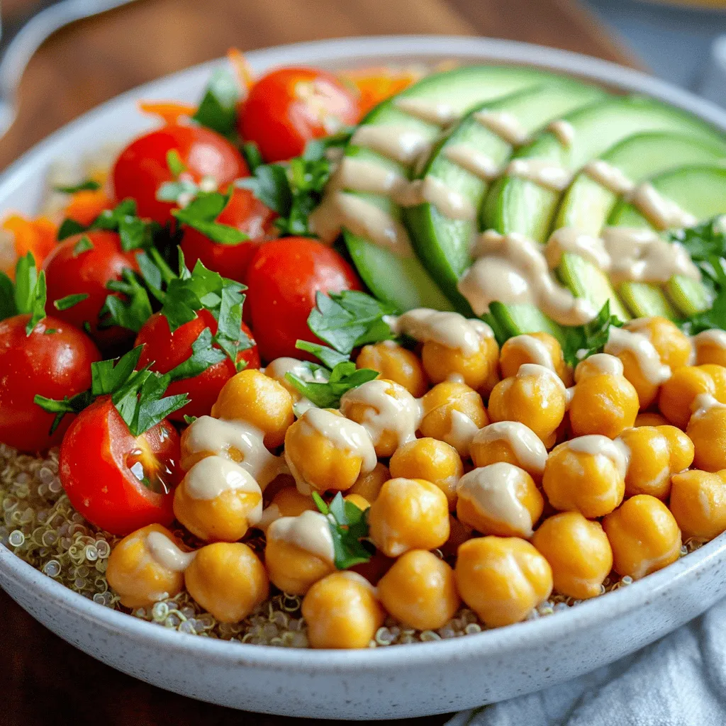 To make a tasty crispy chickpea Buddha bowl, you will need: - 1 can (15 oz) chickpeas, drained and rinsed - 2 tablespoons olive oil - 1 teaspoon smoked paprika - 1 teaspoon garlic powder - 1 teaspoon ground cumin - Salt and pepper to taste - 1 cup quinoa, rinsed - 2 cups vegetable broth (or water) - 1 cup cherry tomatoes, halved - 1 cucumber, diced - 1 cup shredded carrots - 1 avocado, sliced - 1/4 cup tahini - 2 tablespoons lemon juice - Water (to thin tahini) - Fresh parsley, chopped (for garnish) These ingredients come together to create a dish that is not only vibrant but also packed with flavor and nutrients. The chickpeas add protein, while the quinoa offers fiber and healthy carbs. You can customize your bowl with extra ingredients. Some great choices are: - Sliced radishes for crunch - Roasted sweet potatoes for sweetness - Spinach or kale for greens - Feta cheese for creaminess - Seeds like pumpkin or sunflower for crunch These add-ins can boost both taste and nutrition, making your meal even more satisfying. This bowl is a powerhouse of nutrients. Each serving has about: - Calories: 450 - Protein: 15g - Carbohydrates: 60g - Fiber: 12g - Fat: 18g The crispy chickpeas and fresh veggies provide a balance of protein, carbs, and healthy fats. This makes it a great meal for lunch or dinner. For the full recipe, check out the [Full Recipe]. Start by preheating your oven to 400°F (200°C). Take a can of chickpeas, drain them, and rinse well. In a bowl, mix the chickpeas with olive oil, smoked paprika, garlic powder, ground cumin, salt, and pepper. Make sure every chickpea gets coated. This spice blend gives them a nice kick! Spread the chickpeas on a baking sheet lined with parchment paper. Bake them for 25 to 30 minutes. Stir halfway to ensure they cook evenly. They should be golden brown and crispy when done. While the chickpeas bake, it’s time to cook the quinoa. In a saucepan, bring two cups of vegetable broth or water to a boil. Once boiling, add one cup of rinsed quinoa. Lower the heat and cover the pot. Let it simmer for about 15 minutes. The quinoa is done when it has absorbed all the liquid. Fluff it up with a fork and set it aside. Now for the tahini dressing! In a small bowl, mix together the tahini, lemon juice, and a bit of water. You want it to be a pourable consistency. Add a pinch of salt to taste. This dressing ties all the flavors together and adds a creamy finish to the bowl. Grab a large bowl or individual serving bowls to start assembling. Begin with a base of quinoa. Next, add the crispy chickpeas you just made. Then, layer on halved cherry tomatoes, diced cucumber, shredded carrots, and sliced avocado. Lastly, drizzle the tahini dressing over the top. Sprinkle freshly chopped parsley for a nice pop of color. Enjoy your colorful and healthy Crispy Chickpea Buddha Bowl! If you want to see the complete recipe, check out the Full Recipe section for all details! To make your chickpeas perfectly crispy, start by drying them well. After draining, pat them with a clean towel. This helps remove excess moisture. Next, coat them evenly with olive oil and spices. Don’t skip the spices; they add great flavor. Spread them out on the baking sheet in a single layer. If they touch, they won’t crisp up as well. Bake them at 400°F (200°C) for 25 to 30 minutes. Stir halfway to ensure even cooking. Keep an eye on them. You want a nice golden brown color. The tahini dressing is easy to customize. You can add garlic powder for a kick or a pinch of cayenne for heat. If you prefer a sweeter taste, mix in a little maple syrup or honey. For a tangy twist, add more lemon juice or even some apple cider vinegar. You can also swap tahini for almond butter for a different flavor. Thin it out with more water until it reaches the right consistency. Remember to taste as you go! When serving your Buddha bowl, arrange your ingredients for a colorful display. Start with a base of fluffy quinoa. Then, add your crispy chickpeas and fresh veggies. Cherry tomatoes and cucumbers add crunch and color. Shredded carrots bring sweetness and texture. Sliced avocado adds creaminess and healthy fats. Drizzle your tahini dressing on top for a flavorful finish. You can also add nuts or seeds for extra crunch. Try serving with lemon wedges on the side for added zest. Enjoy your meal! For the full recipe, check out my earlier notes. {{image_2}} You can switch up the protein in your Buddha bowl. Tofu works great. Just cube and roast it like the chickpeas. Tempeh is another tasty choice. It has a firm texture and lots of flavor. For a meat option, grilled chicken or shrimp adds a nice touch. These proteins keep the meal filling and help you enjoy each bite. Quinoa is a popular base, but you have choices! Brown rice provides a hearty texture. Farro offers a nutty flavor if you want something unique. Barley is also a great option for fiber and taste. Choose what fits your mood or what you have at home. Make your Buddha bowl fresh with seasonal veggies. In spring, add peas and asparagus for a bright crunch. Summer calls for corn and bell peppers for sweetness. In fall, roasted butternut squash and kale bring warmth. Winter veggies like Brussels sprouts or root veggies add heartiness. You can mix and match based on what’s fresh and local. These variations ensure that your Crispy Chickpea Buddha Bowl stays exciting and full of flavor. For all the details, check out the Full Recipe. To store leftovers, place the crispy chickpeas and veggies in separate airtight containers. This keeps them fresh. Refrigerate everything right away. Use the leftovers within three days for the best taste. To reheat, warm the chickpeas in an oven at 350°F (175°C) for about 10 minutes. This helps them regain their crunch. You can also microwave the quinoa and veggies for about one minute. Stir and check to make sure they're heated through. You can freeze the chickpeas and quinoa for later use. Let them cool first, then place in freezer-safe bags. Squeeze out the air before sealing. Use them within three months for the best flavor. Thaw overnight in the fridge before reheating. Enjoy your meal again! Yes, you can make parts of this recipe ahead of time. Cook the quinoa and chickpeas, and store them in the fridge. You can assemble the bowl just before serving. This makes it easy to enjoy a healthy meal without much hassle. If you don’t have tahini, you can use almond butter or sunflower seed butter. These will give a nice creamy texture. You can also blend up some plain yogurt with a little lemon juice for a tangy twist. To make this Buddha bowl gluten-free, stick to quinoa as your grain. Quinoa is naturally gluten-free. Ensure that any broth you use is also gluten-free. This way, you can enjoy a safe meal that fits your diet. A simple lemon vinaigrette works great with a Buddha bowl. You can mix olive oil, lemon juice, and a pinch of salt. You could also try a creamy avocado dressing if you want something richer. Experiment with flavors to find your favorite! This Buddha bowl is a tasty mix of crispy chickpeas, quinoa, and fresh veggies. You learned how to prepare each part step-by-step, from cooking the chickpeas to making the tahini dressing. I shared tips for getting the perfect crunch and different ways to enjoy it. Try swapping out proteins and grains to fit your tastes. Storing and reheating leftovers is easy, too. Enjoy making your own Buddha bowl, and have fun experimenting with flavors!