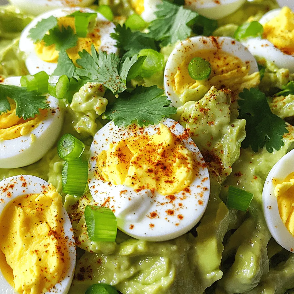 - 4 large eggs - 1 ripe avocado - 2 tablespoons Greek yogurt - 1 tablespoon Dijon mustard - 1 tablespoon freshly squeezed lemon juice - 2 green onions, finely chopped - Salt and pepper to taste - 1/4 teaspoon smoked paprika - Fresh cilantro, for garnish (optional) Using fresh ingredients makes a big difference. Fresh eggs taste better and have a nice texture. Ripe avocados bring a creamy feel. They add healthy fats, too. Fresh green onions give a crisp bite. They enhance flavor in every bite. When you use fresh, you get the best taste and nutrients. - Eggs: They are high in protein. They also contain essential vitamins and minerals. - Avocado: Packed with healthy fats, fiber, and vitamins. It supports heart health. - Greek yogurt: A good source of protein and probiotics. It helps with digestion. - Dijon mustard: Low in calories and adds flavor without extra fat. - Lemon juice: High in vitamin C. It adds freshness and brightness. - Green onions: Low in calories and high in vitamins A and K. - Salt and pepper: Enhance flavor without adding extra calories. - Smoked paprika: Adds a unique flavor and is rich in antioxidants. - Cilantro: Optional but fresh herbs add extra nutrients and flavor. This Avocado Egg Salad combines great taste with health benefits. Check out the Full Recipe to see how easy it is to make! First, take four large eggs and place them in a pot. Cover the eggs with cold water. Turn the heat to medium-high and bring the water to a boil. Once boiling, cover the pot and remove it from the heat. Let the eggs sit for 10-12 minutes. This will make hard-boiled eggs. Afterward, cool the eggs in cold water for easier peeling. While the eggs cool, grab one ripe avocado. Cut it in half and remove the pit. Use a spoon to scoop the green flesh into a mixing bowl. Mash the avocado with a fork. Aim for a smooth but slightly chunky texture. This adds great flavor and creaminess to the salad. Once the eggs are cool, peel and chop them into small pieces. Now, add the chopped eggs to the bowl with the mashed avocado. Next, mix in two tablespoons of Greek yogurt, one tablespoon of Dijon mustard, and one tablespoon of fresh lemon juice. Don't forget to add two finely chopped green onions, salt, pepper, and a touch of smoked paprika. Gently fold all the ingredients together. Make sure everything is well combined. Taste your egg salad and adjust the seasoning if needed. You can serve it right away or refrigerate it for up to 2 hours. For the full recipe, check out the earlier section. To pick a ripe avocado, gently squeeze it. It should feel soft but not mushy. Look for a dark green or black skin. Avoid ones with large dents or brown spots. If you find a firm avocado, you can let it ripen at room temperature. After a few days, it will be ready to use. The key to a great egg salad is texture. I like to mash the avocado until it's smooth but still has some chunks. This adds creaminess and flavor. When you add the eggs, chop them into small pieces. This way, you get a nice balance of avocado and egg in every bite. Mixing gently helps keep some texture, so your salad doesn’t become mushy. If you have leftovers, store them in an airtight container. This keeps the salad fresh and tasty. You can refrigerate it for up to two hours after making it. If you want to save it longer, use lemon juice to prevent browning. This keeps the salad looking and tasting great. Avoid freezing, as it may change the texture. Enjoy it within a couple of days for the best flavor! {{image_2}} You can make this avocado egg salad even better by adding more flavors. Try mixing in some diced tomatoes for a burst of freshness. Chopped bell peppers add a nice crunch. If you like heat, add a pinch of cayenne or a splash of hot sauce. For a fruity twist, fold in some diced mango or pineapple. These extras make your salad exciting and unique. How you serve this salad can change the whole vibe. Enjoy it on whole grain toast for a hearty brunch. You can also scoop it into lettuce leaves for a light lunch. If you're feeling fancy, serve it in an avocado half. For a picnic, pack it in whole wheat wraps. Each option offers a new way to enjoy this tasty dish. You can easily adapt this recipe to fit different diets. For a vegan version, swap the eggs for chickpeas. Mash them with avocado and add the same mix-ins. If you're following a paleo diet, leave out the yogurt and use olive oil instead. This keeps it creamy without dairy. These changes make the salad fit your needs while keeping it delicious. To keep your avocado egg salad fresh, use an airtight container. Make sure it seals tightly. This keeps out air and helps retain flavor. If you plan to eat it later, store it in the fridge right away. Avocado egg salad is best eaten within 2 days. After that, it starts to lose its taste and texture. Always check for any off smells or changes in color. If it looks brown or smells funny, it’s time to toss it. I do not recommend freezing avocado egg salad. The texture of the avocado changes when frozen. It may become mushy when thawed. Instead, refrigerate it for a quick meal. If you follow the [Full Recipe], you can easily whip up a new batch whenever you want! Yes, you can use other types of mayonnaise. Some people prefer light mayo or vegan mayo. Each type will change the taste slightly. You can also try flavored mayo for a unique twist. I often use Greek yogurt in my recipe for a creamy texture. It adds protein and a nice tang as well. You can keep avocado egg salad in the fridge for about two days. After that, the avocado may brown and the flavors might fade. Always cover it well to keep it fresh. If you notice browning, you can mix in a little lemon juice. This helps keep the salad looking nice longer. Avocado egg salad pairs well with many foods. Try it on whole-grain bread, lettuce wraps, or crackers. You can also serve it with fresh veggies like cucumber or bell pepper. For a light meal, enjoy it with a side salad. Check out the Full Recipe for more ideas. This guide covers the key steps to make a delicious avocado egg salad. We discussed important ingredients, their benefits, and easy preparation steps. You learned tips for selecting ripe avocados and perfecting your dish’s texture. Variations allow you to tailor the recipe to your taste and diet. Finally, we shared useful storage tips to keep your salad fresh. Enjoy your cooking adventure and savor this tasty meal any time!