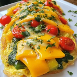 - Eggs and dairy components: Start with 3 large eggs. They give the omelette its structure. Add 2 tablespoons of milk for creaminess. You can use any milk you like. - Recommended vegetables: Choose a mix of colorful veggies. I like using: - 1/4 cup diced bell peppers (red, yellow, and green) - 1/4 cup finely chopped red onion - 1/4 cup halved cherry tomatoes - 1/4 cup chopped spinach These add flavor and a nice crunch. - Optional herbs and seasonings: For extra taste, add salt and pepper to your eggs. You can garnish with fresh herbs like parsley or chives. These add a fresh touch and visual appeal. Using these ingredients, you can create a tasty and healthy meal. Make sure to check the [Full Recipe] for all the details! Whisking the egg mixture Start by cracking three large eggs into a mixing bowl. Add 2 tablespoons of milk for creaminess. Use a whisk to blend until the mix is frothy. Add a pinch of salt and pepper for flavor. This step is key for a fluffy omelette. Sautéing the vegetables Next, heat 1 tablespoon of olive oil or butter in a non-stick skillet over medium heat. Once hot, add 1/4 cup of diced bell peppers and 1/4 cup of red onion. Sauté for about 2-3 minutes until they soften. Then, add 1/4 cup of halved cherry tomatoes and 1/4 cup of chopped spinach. Cook for another 2 minutes until the spinach wilts. The colors and smells will make your kitchen come alive. Cooking the omelette Now, pour the egg mixture into the skillet. Swirl it around so the veggies spread evenly. Cook for about 3-4 minutes. Watch for the edges to lift from the pan. When the eggs are nearly set but still a bit runny on top, sprinkle 1/4 cup of shredded cheddar cheese on one half. Use a spatula to fold the omelette in half, covering the cheese. Cook for another minute to melt the cheese. Finally, slide the omelette onto a plate and garnish with fresh herbs. Importance of using a non-stick skillet Using a non-stick skillet is crucial. It helps the omelette slide out easily without burning. This means less mess and more time to enjoy your meal. Tips for folding the omelette When folding, do it gently. This keeps the filling inside and ensures a nice presentation. Use a spatula to lift the edge and fold it over without breaking it. Practice makes perfect! To make the best veggie omelette, you need to know the right cooking temperatures. I recommend using medium heat. This heat cooks the eggs without burning them. If the heat is too high, the eggs can become tough. If it's too low, they can turn out runny. Common mistakes can ruin your omelette. One mistake is overcooking. Keep an eye on the eggs. They should be set but still a bit soft on top. Another mistake is not using the right pan. A non-stick skillet helps the omelette slide out easily. Make sure to add oil or butter to avoid sticking. Spices can bring your omelette to life. I suggest using black pepper, paprika, or even a pinch of cayenne for some heat. Fresh herbs like parsley or chives add a nice touch, too. Seasoning is key to a great omelette. Don't skip the salt. A little salt enhances the flavors of the eggs and veggies. Taste as you go. You can always add more, but you can't take it out once it's in. For a detailed recipe to get started, check the Full Recipe. {{image_2}} You can easily switch out the cheese in your veggie omelette. Here are some tasty choices: - Feta cheese adds a nice tang. - Goat cheese brings a creamy texture. - Mozzarella melts beautifully and is mild. You can also try different veggies. Here are a few options: - Mushrooms give a savory depth. - Zucchini adds a fresh crunch. - Broccoli is packed with nutrients and flavor. If you want a vegan omelette, try using plant-based egg alternatives. Here are some popular choices: - Chickpea flour makes a fluffy base. - Silken tofu blends well for a creamy texture. For cheese, use non-dairy substitutes like: - Nutritional yeast adds a cheesy flavor. - Cashew cheese gives creaminess without dairy. These swaps keep your omelette delicious and cater to different diets. For the full recipe, check out the Colorful Veggie Delight Omelette. To keep your veggie omelette fresh, you need to store it right. First, let the omelette cool down. This helps prevent moisture build-up. Next, wrap it in plastic wrap or place it in an airtight container. This keeps out air and moisture. You can keep it in the fridge for up to three days. When you're ready to eat, just reheat it in a skillet or microwave until hot. This method helps keep the flavors intact. If you want to save your omelette for later, freezing works well. Start by letting the omelette cool completely. Then, wrap it tightly in plastic wrap. After that, place it in a freezer bag or container. Make sure to remove as much air as possible. You can freeze the omelette for up to one month. When you're ready to eat, thaw it overnight in the fridge. Reheat it gently in a skillet or microwave. This keeps the texture nice and fluffy. For more details, check out the Full Recipe. To stop your omelette from sticking, always use a non-stick skillet. This type of pan helps the omelette slide out easily. Before you pour in the eggs, heat the skillet on medium heat. Add some olive oil or butter and let it warm up. Swirl the fat around to coat the pan. Once it’s hot, add your veggies. Then, pour in the egg mix. This method really helps! Yes, you can prep your omelette in advance! You can chop the veggies and mix the eggs a few hours ahead. Store the veggies and egg mix in separate containers in the fridge. When you are ready to eat, just heat the skillet and cook it fresh. This keeps the flavors bright and tasty. You can tell your omelette is done by checking the edges. They should lift slightly from the pan. The center should still be a bit soft, but not runny. When you fold it over, the cheese should melt inside. If it looks golden brown and puffs up a little, it’s ready to eat. Enjoy your colorful veggie delight! For the full recipe, check out the details above. You can now make a tasty veggie omelette with ease. Start with fresh ingredients and follow the steps provided. Don’t forget the tips for flavor and cooking techniques. Try different veggies and cheese to find your favorite mix. If you plan to save leftovers, remember to store them properly. With practice, you’ll perfect your omelette every time. Enjoy the process and have fun experimenting!