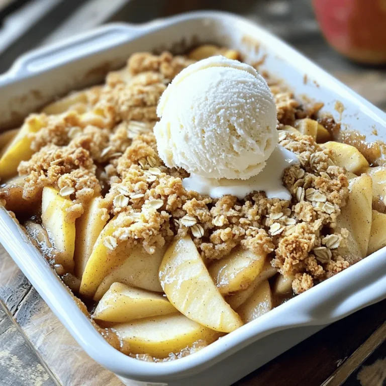 - 4 large apples (Granny Smith or Honeycrisp), peeled and sliced - 1 tablespoon lemon juice - 1 teaspoon ground cinnamon - 1 cup rolled oats - 1 cup brown sugar, packed - 1/2 cup all-purpose flour - 1/2 cup unsalted butter, melted - 1/4 teaspoon salt - 1/2 teaspoon vanilla extract - Optional: Ice cream or whipped cream for serving The apples are the star of this dish. I love using Granny Smith or Honeycrisp apples. They add a nice tartness and hold their shape well during baking. The lemon juice brightens the flavor and keeps the apples from browning. Ground cinnamon gives warmth and spice, making the dish feel cozy. The rolled oats create a crunchy topping. Brown sugar adds sweetness and depth. Unsalted butter enriches the crisp, while salt enhances all the flavors. Vanilla extract adds a lovely aroma that ties everything together. If you need to convert measurements, here are some helpful tips: - 1 cup = 8 fluid ounces - 1 tablespoon = 3 teaspoons - 1/2 cup = 4 fluid ounces - 1 cup of brown sugar weighs about 7 ounces - 1 large apple yields about 1 to 1.5 cups when sliced You can always scale the recipe up or down based on how many people you are serving. This easy apple crisp recipe will delight everyone! For the full recipe, check here. First, gather your ingredients. You need 4 large apples, lemon juice, and ground cinnamon. Next, peel and slice the apples. In a large bowl, toss the apple slices with 1 tablespoon of lemon juice and 1 teaspoon of ground cinnamon. This step adds flavor and keeps the apples fresh. Spread the apple mixture evenly in a greased 9x13 inch baking dish. Now, it’s time to make the crisp topping. In a separate bowl, mix 1 cup of rolled oats, 1 cup of packed brown sugar, and 1/2 cup of all-purpose flour. Pour in 1/2 cup of melted unsalted butter, add 1/4 teaspoon of salt, and 1/2 teaspoon of vanilla extract. Stir until the mixture looks like coarse crumbs. Sprinkle this topping evenly over the apples. Bake in a preheated oven at 350°F (175°C) for 35-40 minutes. Watch for a golden brown top and bubbling apples. When it’s done, take the dish out of the oven. Let it cool for a few minutes. This helps the crisp set up better. Serve warm, and if you like, add a scoop of vanilla ice cream or a dollop of whipped cream on top. This makes each bite even more special. For the full recipe, check the earlier section. Enjoy! To get the best crisp topping, use cold butter. Cut it into small cubes before mixing. This helps create a nice, crumbly texture. Combine oats, brown sugar, flour, and salt in a bowl. Then add the cold butter. Use your fingers to mix until it resembles coarse crumbs. Don’t overmix; you want some lumps for crunch. For the best flavor, I suggest using Granny Smith or Honeycrisp apples. Granny Smith gives a nice tartness that balances the sweet topping. Honeycrisp adds a juicy crunch, making each bite delightful. You can mix these apples for added depth in flavor. Always choose firm apples without bruises for the best results. Serve your apple crisp warm, and add a scoop of vanilla ice cream on top. The cold ice cream melts into the warm crisp, creating a lovely contrast. If you prefer, whipped cream is a great option too. For a bit of spice, sprinkle some cinnamon on top. This makes the dessert feel even more special. Check out the Full Recipe for more details on this delicious treat! {{image_2}} You can make this apple crisp gluten-free. Just swap the all-purpose flour for almond flour or a gluten-free blend. Both options work well. You get the same great taste without the gluten. Mix-ins can add fun flavors and textures to your crisp. Try adding chopped nuts, like walnuts or pecans. They give a nice crunch. You can also mix in dried fruits, such as raisins or cranberries. This adds a sweet twist to each bite. Want to boost the flavor? Add spices like nutmeg or ginger. These spices pair well with apples. You might also try a splash of almond or maple extract. These small changes can make a big difference in taste. Each variation lets you personalize your dessert. To keep your apple crisp fresh, let it cool first. Once cooled, cover it tightly with plastic wrap or foil. You can also use an airtight container. Store it in the fridge for up to 3 days. This helps maintain its flavor and texture. When you want to enjoy your leftovers, preheat your oven to 350°F (175°C). Place the apple crisp in an oven-safe dish. Cover it with foil to prevent it from browning too much. Heat for about 15-20 minutes or until it's warm throughout. This keeps the topping nice and crispy. If you want to save some for later, you can freeze it! First, let the apple crisp cool completely. Cut it into portions and wrap each piece in plastic wrap. Place them in a freezer-safe bag. This way, you can enjoy it for up to 3 months. When ready to eat, thaw in the fridge overnight and reheat as mentioned above. Enjoy this easy apple crisp anytime! For the full recipe, check out the details above. Yes, you can use other fruits! Berries, peaches, or pears work well. Each fruit brings its own flavor. Just slice them and follow the same steps. You can mix fruits for a fun twist too. Try combining apples with blueberries or raspberries! You’ll know it’s done when the top is golden brown. Also, the apples should be bubbly and soft. Check it around 35 minutes into baking. If the top is not golden yet, let it bake a bit longer. Keep an eye on it to avoid burning. If you want to skip butter, use coconut oil or margarine. They both work well in this recipe. You can also use applesauce for a healthier option. This will make it moist and tasty without the butter. Just remember, the flavor may change a bit. For the complete guide, check out the Full Recipe. This blog post covered key ingredients, step-by-step instructions, and helpful tips for making a delicious apple crisp. You learned how to perfect the crisp topping and choose the best apples. I also shared storage advice and answered common questions. Now, you can confidently bake your apple crisp at home. Enjoy sharing this warm treat with friends or family. With practice, you will master this classic dessert and experiment with your own twists. Happy baking!