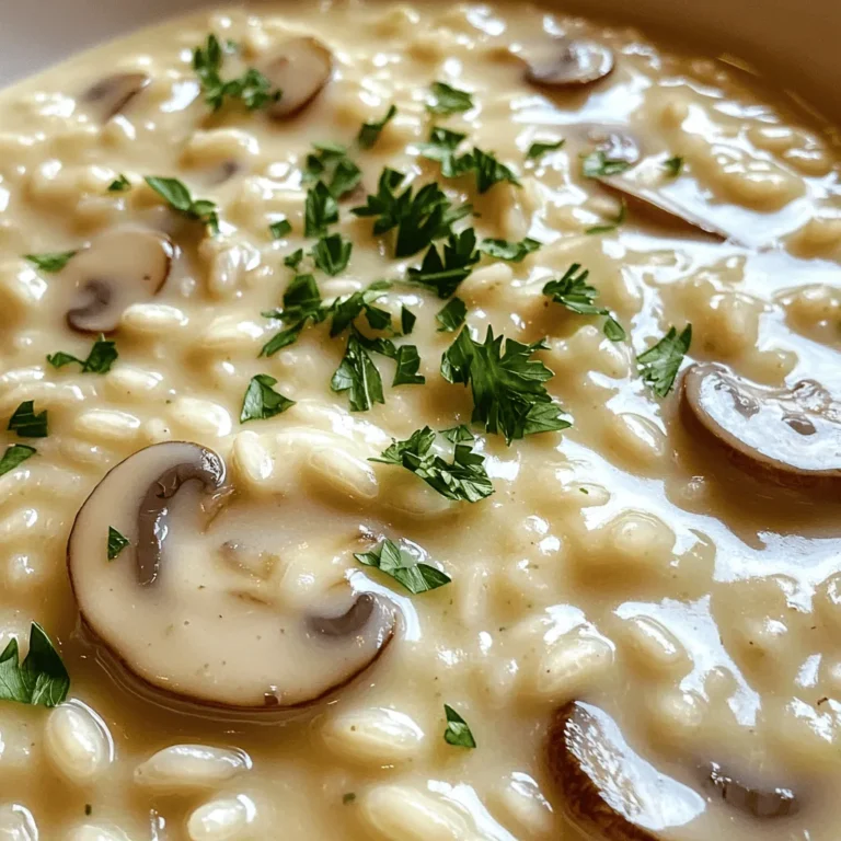 To make creamy mushroom risotto, you'll need these main ingredients: - 1 cup Arborio rice - 4 cups low-sodium vegetable broth - 1 cup mushrooms (cremini or button), sliced - 1 small onion, finely chopped - 2 cloves garlic, minced - 1/2 cup grated Parmesan cheese (or nutritional yeast for a vegan option) - 2 tablespoons butter (or olive oil for vegan option) - 1/2 cup heavy cream (or coconut cream for a dairy-free version) - Salt and pepper to taste - Fresh parsley, chopped (for garnish) These ingredients create a rich and creamy dish that warms the heart. You can add these optional ingredients to boost the flavor of your risotto: - White wine (about 1/2 cup) - Fresh thyme or rosemary - Peas or spinach for color and nutrition - Lemon zest for a citrus twist These additions can take your risotto to the next level and make it even more delicious. If you have specific dietary needs, here are some easy swaps: - Use quinoa instead of Arborio rice for a gluten-free option. - Replace butter with vegan margarine or olive oil for dairy-free cooking. - Try cashew cream instead of heavy cream for a nut-based alternative. These substitutions help you enjoy creamy mushroom risotto while meeting your dietary preferences. For the full recipe, check out the recipe section. To make creamy mushroom risotto, you need to prep a few items first. Gather your ingredients. You will need: - 1 cup Arborio rice - 4 cups low-sodium vegetable broth - 1 cup mushrooms (cremini or button), sliced - 1 small onion, finely chopped - 2 cloves garlic, minced - 1/2 cup grated Parmesan cheese (or nutritional yeast for a vegan option) - 2 tablespoons butter (or olive oil for vegan option) - 1/2 cup heavy cream (or coconut cream for a dairy-free version) - Salt and pepper to taste - Fresh parsley, chopped (for garnish) Next, measure out your ingredients. This step saves time and helps you stay organized. Chop the onion and garlic finely. Slice the mushrooms thinly. Keeping everything ready makes cooking smoother. Start by warming the vegetable broth in a saucepan over low heat. Keeping it warm is key for a creamy risotto. In a large skillet, melt the butter or heat the olive oil over medium heat. Add the chopped onion first. Cook it until it turns soft and clear, about 3-4 minutes. Now, add the minced garlic and sliced mushrooms. Cook for another 5 minutes. You want the mushrooms to be tender. Once cooked, add the Arborio rice. Stir the rice well to coat it with the onion and mushroom mix. Let it cook for about 2 minutes. This helps the rice absorb flavors. It's time for the broth. Add one ladle of warm broth to the skillet. Stir continuously while it cooks. Wait until most of the liquid absorbs before adding more broth. Repeat this step for about 18-20 minutes. The rice should be creamy and just slightly firm. Once the rice reaches the right texture, stir in the heavy cream and grated Parmesan cheese. Season it with salt and pepper to taste. Mix everything well until smooth. Now, remove the skillet from heat and let it sit for a couple of minutes. This helps the flavors meld together. Just before serving, garnish your risotto with chopped fresh parsley. The green parsley adds color and freshness to your creamy mushroom risotto. Enjoy your delicious homemade dish! For the complete cooking guide, check out the Full Recipe. To make the best risotto, you need to cook it slowly. Start by heating your broth in a separate pot. It should be warm, not boiling. This helps the rice cook evenly. When you add broth, do it one ladle at a time. Stir it in and wait until most of the liquid is gone. This method gives risotto its creamy texture. Make sure to keep the heat on medium. Too high heat will burn the rice. Too low will make it take too long to cook. One common mistake is adding too much broth at once. This can make the rice gummy instead of creamy. Another mistake is not stirring enough. Stirring helps release the starch from the rice, which creates creaminess. Don't skip adding salt until the end. This can cause the rice to absorb it unevenly. Lastly, avoid using cold broth. Cold broth shocks the rice and slows down cooking. If you have leftover risotto, store it in an airtight container. It will keep in the fridge for about 3 days. When you want to reheat it, add a splash of broth or water. This helps bring back its creamy texture. Heat it gently on the stove over low heat. Stir often to warm it evenly. You can also use the microwave, but keep an eye on it. Stir in some fresh cheese or herbs when reheating for extra flavor. For the full recipe, check out the [Full Recipe]. {{image_2}} You can easily make a vegan version of creamy mushroom risotto. Start by swapping regular butter for olive oil. Use nutritional yeast instead of Parmesan cheese. This adds a cheesy flavor without dairy. For creaminess, replace heavy cream with coconut cream. It gives a nice, rich texture. To boost nutrition, add proteins or vegetables. You can mix in cooked chickpeas or lentils. These add fiber and protein. Try adding spinach or peas for extra color and nutrients. They cook quickly and blend well. You can even toss in roasted butternut squash for sweetness. Experiment with flavors to create your version. Add herbs like thyme or rosemary for depth. A splash of white wine can add brightness. You could also mix in sun-dried tomatoes for a tangy twist. Try different mushrooms like shiitake for unique tastes. These small changes can make a big difference. Check the full recipe for more ideas. Each serving of creamy mushroom risotto is around 400-450 calories. This dish has a balance of carbs, fat, and protein. The Arborio rice gives it a hearty base. The cheese and cream add richness, while mushrooms provide fiber and vitamins. Depending on your choices, calories may vary a bit. - Mushrooms: They are low in calories and high in nutrients. They boost your immune system and add antioxidants. - Arborio Rice: This rice is high in carbs, which give you energy. It also has some protein and fiber. - Parmesan Cheese: It adds protein and calcium, good for bones. - Butter: It provides healthy fats, but you can swap it for olive oil for a heart-friendly option. - Heavy Cream: It adds creaminess and richness, but you can use coconut cream for a lighter touch. - Use low-fat cheese or nutritional yeast for a vegan twist. - Swap heavy cream for a lighter version like almond milk or coconut cream. - Add veggies like spinach or peas for extra nutrients. - Limit salt by using low-sodium broth. - Control portion sizes to ensure balanced meals. For a full recipe, check out the Creamy Mushroom Risotto recipe above! To make creamy risotto from scratch, follow a few simple steps. First, heat broth in a pot. In a skillet, cook chopped onion in butter until soft. Add mushrooms and garlic, cooking until tender. Stir in Arborio rice, coating it well. Then, add warm broth gradually, stirring often. This helps the rice release its starch. Keep adding broth until the rice is creamy and just tender. Finally, stir in cream and cheese for extra flavor. This method ensures a rich, creamy texture every time. Yes, you can make risotto ahead of time. Cook it fully and let it cool. Store it in the fridge for up to three days. When ready to serve, reheat it on the stove. You might need to add a bit more broth or water. Stir often to regain that creamy texture. This is a great way to save time on busy days. The best rice for risotto is Arborio rice. It has a high starch content, which helps create that creamy texture. Other good options are Carnaroli and Vialone Nano. These types of rice absorb liquid well and stay firm. Avoid using long-grain rice, as it won't give you the same results. Yes, you can make risotto without broth. Use water instead, but it may lack flavor. You can add herbs or spices to enhance the taste. Cooking with wine also adds depth. However, using broth is recommended for the best flavor and creaminess. Creamy mushroom risotto pairs well with many dishes. Serve it with a simple green salad for freshness. Grilled chicken or fish complements the richness nicely. You can also add roasted vegetables for a colorful plate. For a cozy meal, serve with garlic bread or crusty rolls. These options balance the flavors and textures beautifully. You learned how to make creamy mushroom risotto step by step. I shared tips to avoid mistakes and make it perfect. Remember, you can customize it with different flavors and ingredients. This dish is both tasty and healthy if you choose wisely. Enjoy every bite and share it with friends. Happy cooking!