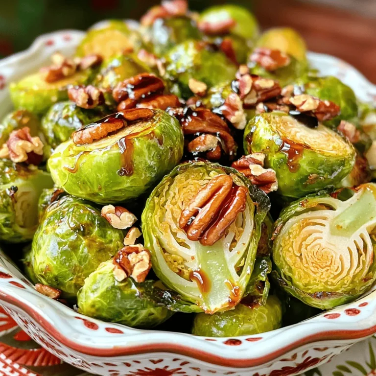- 1 lb Brussels sprouts, trimmed and halved - 2 tablespoons olive oil - 2 tablespoons honey - 1 tablespoon sriracha (adjust to taste) - 1 teaspoon smoked paprika - 1 teaspoon garlic powder - Salt and pepper to taste - 1/4 cup pecans, roughly chopped - 2 tablespoons balsamic glaze (for drizzling) Sweet and spicy roasted Brussels sprouts shine with their mix of flavors. The Brussels sprouts form a tasty base. The olive oil helps them roast well. Honey adds sweetness, and sriracha gives a kick. You can adjust the sriracha to fit your spice level. Seasoning is key. Smoked paprika and garlic powder add depth. Salt and pepper bring out the flavors. The pecans add crunch, making each bite exciting. Finally, a drizzle of balsamic glaze makes everything pop. For the complete recipe, check the Full Recipe section above! - Preheat your oven to 400°F (200°C) and line a baking sheet with parchment paper. - In a large bowl, combine halved Brussels sprouts with olive oil, honey, sriracha, smoked paprika, garlic powder, salt, and pepper. Toss well to coat the sprouts evenly. - Spread Brussels sprouts on the prepared baking sheet in a single layer. Make sure they have space between them. - Roast in the preheated oven for 20-25 minutes, stirring halfway through. Look for golden brown edges and crispy tips. - In the last 5 minutes of roasting, sprinkle chopped pecans over the Brussels sprouts. This adds crunch and flavor. - Drizzle with balsamic glaze just before serving. It adds a sweet and tangy touch that pairs well with the sprouts. For the full recipe, you can refer to the earlier section. Enjoy your delicious sweet and spicy roasted Brussels sprouts! To get that perfect crispiness, start with dry Brussels sprouts. After washing, pat them dry with a clean towel. This helps them roast better. Use a hot oven at 400°F (200°C). Hot air gives them that nice, crispy edge. Space the Brussels sprouts well on the baking tray. If they are too close, they will steam instead of roast. Spread them out in a single layer. This simple trick helps make them crispy all around. You can adjust the sriracha for your spice level. If you want less heat, use only half a tablespoon. You can also mix it with a little extra honey for a sweet kick. This balance makes the dish even better. Try adding other herbs or spices to boost the flavors. A pinch of thyme or rosemary can add a fresh taste. Garlic powder is great, but you might also like onion powder. These little tweaks can create a flavor you love. For the full recipe, check the earlier section! {{image_2}} You can easily swap ingredients in this recipe to fit your taste. Here are two fun ideas: - Maple Syrup Instead of Honey: If you prefer a different sweet flavor, use maple syrup. It adds a rich taste that pairs well with the sprouts. Just use the same amount as honey. - Adding Bacon for a Savory Twist: For a meatier bite, add bacon. Chop it into small pieces and mix it in before roasting. The bacon adds a smoky, savory flavor that contrasts nicely with the sweetness. You can also change how you cook Brussels sprouts for different results. Here are two great methods: - Air Fryer Method: If you're short on time, try the air fryer. Simply toss the sprouts with the same seasonings and place them in the air fryer. Cook at 375°F for about 15 minutes. This method makes them crispy quickly! - Grilling Brussels Sprouts: For a smoky flavor, grill the Brussels sprouts. Toss them in olive oil, then skewer them or use a grill basket. Grill over medium heat for about 10-15 minutes. This gives a delicious char that enhances the sweet and spicy taste. Experiment with these variations to find your favorite way to enjoy sweet and spicy roasted Brussels sprouts! For the full recipe, check out the section above. To store leftover Brussels sprouts, place them in an airtight container. Make sure they cool down first. You can keep them in the fridge for about 3 to 5 days. If they start to smell bad or change color, it’s best to toss them. When reheating, the oven is your best friend. Preheat it to 350°F (175°C). Spread the sprouts on a baking sheet. Heat for about 10 to 15 minutes until warm. This keeps them crispy. You can freeze Brussels sprouts, but they may lose some texture. To freeze them, place them in a freezer-safe bag. They can last about 3 months in the freezer. When ready to eat, thaw them in the fridge before reheating. For the full recipe, check out the instructions above! What is the best way to cut Brussels sprouts? To cut Brussels sprouts, start by trimming the stem end. Remove any yellow leaves. Then, slice them in half from top to bottom. This helps them cook evenly and get crispy. Can I make this recipe vegan-friendly? Yes, you can easily make this recipe vegan. Just swap honey for maple syrup. The flavors will still shine, and it will be sweet and spicy! How can I tell when Brussels sprouts are done? Brussels sprouts are done when they turn golden brown and are crispy on the edges. You can poke them with a fork. If they feel tender inside, they’re ready to eat! What dishes pair well with sweet and spicy roasted Brussels sprouts? These Brussels sprouts go well with many dishes! Try serving them with grilled chicken, quinoa, or even a warm grain salad. They also add great flavor to a holiday meal. For the full recipe, check out Sweet and Spicy Roasted Brussels Sprouts. In this post, we explored how to make roasted Brussels sprouts with a sweet and spicy twist. We covered the main ingredients, step-by-step instructions, and tips for achieving great flavor and texture. Plus, we discussed variations and storage. Remember, with simple changes, like using different sweeteners or cooking methods, you can keep things exciting. Enjoy these Brussels sprouts as a tasty side dish. Happy cooking!