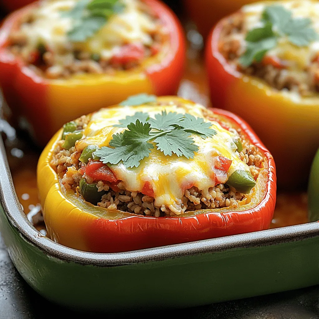 - 4 large bell peppers (any color) - 1 cup cooked brown rice - 1 pound ground chicken - 1 small onion, finely chopped - 2 cloves garlic, minced - 1 can (14 oz) diced tomatoes with green chilies - 1 teaspoon cumin - 1 teaspoon paprika - 1 teaspoon chili powder - 1 cup shredded cheese (cheddar or mozzarella) - Salt and pepper to taste - Fresh cilantro, for garnish When I make Chicken and Rice Stuffed Peppers, I love how colorful the dish looks. The bright bell peppers stand out, and the filling smells amazing. I use a mix of cooked brown rice and ground chicken. Brown rice adds a nice texture and nutty flavor. Ground chicken cooks quickly and is juicy. I also add a small onion and garlic. They bring a sweet and savory taste. The diced tomatoes with green chilies add moisture and spice. You can taste the cumin, paprika, and chili powder in every bite. These spices make the dish warm and inviting. Lastly, I sprinkle cheese on top. It melts into a gooey layer. I like to use cheddar or mozzarella. Both cheeses work well and add creaminess. Fresh cilantro on top gives a pop of green and a burst of flavor. For the full recipe, check out the instructions. Enjoy making this vibrant and tasty meal! - Preheat your oven to 375°F (190°C). - Slice the tops off the bell peppers. Remove seeds and membranes. Stand them up in a baking dish. - In a large skillet, add a splash of olive oil. Sauté the chopped onion and minced garlic for 3-4 minutes. They should soften and smell great. - Add the ground chicken to the skillet. Break it apart with a spatula. Cook it until browned, about 5-7 minutes. - Stir in the cooked brown rice and spices. Add the diced tomatoes with their juices. - Mix well and season with salt and pepper. Let everything cook for 2-3 minutes to blend the flavors. - Remove the skillet from heat. Stir in half of the shredded cheese until it melts and combines nicely. - Spoon the chicken and rice mixture into each pepper. Pack it down gently for a good fit. - Top each pepper with the remaining cheese. This adds a tasty layer. - Cover the baking dish with aluminum foil. Bake for 25 minutes. After that, remove the foil and bake for another 10-15 minutes. The cheese should bubble, and the peppers should be tender. - Once they are done, let them cool for a few minutes. Garnish with fresh cilantro before serving. You can find the full recipe details above. For even cooking, make sure the peppers are uniform in size. This helps them cook at the same rate. Cut the tops off the peppers straight across for easy filling. Remove all seeds and membranes to allow for even heat and flavor. To avoid soggy peppers, don't overcook them before stuffing. Par-cook them for about 10 minutes before filling, then bake them. This keeps them firm and prevents mushiness. To boost flavor, try adding fresh herbs like basil or thyme. A squeeze of lemon juice brightens the dish too. You can also mix in black beans or corn for extra texture and taste. For cheese, consider mixing different types. Feta or pepper jack cheese can add unique flavors. You can also try using cream cheese for a creamy texture. Serve your stuffed peppers with a simple salad or crusty bread. A light vinaigrette pairs well with the rich flavors of the dish. For presentation, arrange the peppers on a large platter. Sprinkle extra cilantro on top to add color. You can also drizzle some balsamic glaze around the plate for an elegant touch. For the full recipe, check out the vibrant Chicken and Rice Stuffed Peppers recipe. {{image_2}} You can mix up the protein in your stuffed peppers. Turkey or beef works well instead of chicken. Both options give a rich taste. If you prefer plant-based meals, try lentils or black beans. These vegetarian choices add great protein and flavor. Brown rice is classic, but don’t stop there! Quinoa is a wholesome choice. It adds a nutty flavor and is a complete protein. Cauliflower rice is a low-carb option that keeps the dish light. You can also use farro or barley for a hearty bite. For added flavor, mix in herbs or spices into the rice. Chopped cilantro or a bit of lemon zest can brighten the dish. Feel free to add different vegetables to your mix. Chopped bell peppers, corn, or spinach can enhance taste and nutrition. If you want some heat, add jalapeños or red pepper flakes. Adjust the spice level to suit your taste buds. These small changes make your dish unique every time. For the full recipe, check out the Vibrant Chicken and Rice Stuffed Peppers. To store your chicken and rice stuffed peppers, follow these tips: - Refrigeration: Place cooled stuffed peppers in an airtight container. They will stay fresh for 3 to 4 days in the fridge. - Freezing: If you want to freeze them, wrap each pepper tightly in plastic wrap, then place in a freezer-safe container. They can last up to 3 months in the freezer. Reheating your stuffed peppers is simple. You can use these methods: - Oven: Preheat your oven to 350°F (175°C). Place the peppers on a baking sheet and cover with foil. Heat for about 20 minutes. - Microwave: Place one pepper on a microwave-safe plate. Heat for 2-3 minutes, checking every minute to avoid overcooking. To keep texture and flavor, avoid reheating multiple times. Enjoy the vibrant flavors each time! For the full recipe, check out the complete instructions. How long do stuffed peppers last in the fridge? Stuffed peppers last for about 3 to 5 days in the fridge. Make sure they are in an airtight container to keep them fresh. Can I make stuffed peppers ahead of time? Yes, you can prepare the stuffed peppers a day ahead. Just fill and store them in the fridge. Bake them when you are ready to eat. What can I substitute for rice in this recipe? You can use quinoa, cauliflower rice, or even couscous as a rice substitute. Each option will give a different taste and texture. Can I use frozen bell peppers? Yes, you can use frozen bell peppers. Just thaw them first and drain any excess water. This helps avoid soggy stuffed peppers. How do I know when the stuffed peppers are done? The stuffed peppers are done when they are tender and the cheese is bubbly. You can also check the filling with a fork. What is the best way to cut bell peppers for stuffing? To cut bell peppers for stuffing, slice off the tops. Remove seeds and membranes, then stand them upright for easy filling. This method keeps them sturdy and ready for the oven. Stuffed peppers are a tasty and versatile dish. We started by listing ingredients and shared step-by-step instructions for cooking. I offered tips on cooking and serving, plus different variations to try. You can enjoy leftovers with easy storage and reheating methods. This dish is fun to make and eat. Experiment with flavors, and share your creations! Happy cooking!