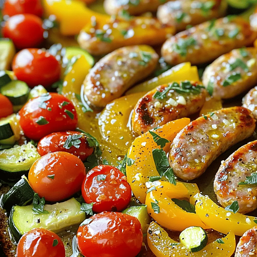 This Sizzling Sausage & Veggie Delight is simple and quick. You can have a tasty meal ready in 40 minutes. This dish serves four people and is perfect for busy nights. - 1 lb chicken or turkey sausage, sliced - 2 bell peppers (one red, one yellow), sliced - 1 medium zucchini, sliced - 1 medium red onion, sliced - 1 cup cherry tomatoes, halved - 3 cloves garlic, minced - 2 tablespoons olive oil - 1 teaspoon dried oregano - 1 teaspoon smoked paprika - Salt and pepper, to taste - Fresh parsley, chopped (for garnish) These ingredients make a colorful and filling dish. The sausage adds protein, while the veggies bring vitamins and minerals. You can easily change the veggies based on what you like or have on hand. You can add other ingredients for more flavor and texture. Here are some ideas: - Sweet potatoes for extra heartiness - Broccoli for additional crunch - Spinach for a boost of greens - Feta cheese for a creamy touch - Lemon zest for brightness Feel free to mix and match to suit your taste. It makes the dish fun and unique every time! For the full recipe, check out the cooking instructions. Start by gathering all your ingredients. You will need: - 1 lb chicken or turkey sausage, sliced - 2 bell peppers (one red, one yellow), sliced - 1 medium zucchini, sliced - 1 medium red onion, sliced - 1 cup cherry tomatoes, halved - 3 cloves garlic, minced - 2 tablespoons olive oil - 1 teaspoon dried oregano - 1 teaspoon smoked paprika - Salt and pepper, to taste - Fresh parsley, chopped (for garnish) Make sure to wash and slice your veggies. Slicing them evenly helps them cook at the same time. Preheat your oven to 425°F (220°C). This step is key for a nice roast. Take a large sheet pan and combine the sliced sausage, bell peppers, zucchini, red onion, and cherry tomatoes. In a small bowl, mix together the olive oil, minced garlic, oregano, smoked paprika, salt, and pepper. This blend adds great flavor. Drizzle this mix over the sausage and veggies. Toss everything well to coat them evenly. Spread the mixture out in a single layer on the sheet pan. This ensures even cooking. Roast in the preheated oven for 25-30 minutes. Halfway through, give everything a stir. This helps with browning and cooking. Once cooked, take the sheet pan out of the oven. Let it cool for a few minutes. This makes it easier to serve. Garnish with freshly chopped parsley for a pop of color. This dish is great on its own or served with rice or bread. Try it tonight for a satisfying meal! For the full recipe, check the earlier section. To get perfectly roasted veggies, cut them into similar sizes. This helps them cook evenly. Use fresh vegetables for the best taste. I always toss them with olive oil and seasonings before roasting. This gives them a great flavor and helps them brown nicely. Don’t overcrowd the pan; give each piece space to roast well. Stir them halfway through cooking for even browning. For seasoning, I love to start with salt and pepper. You can also add herbs like thyme or rosemary for more flavor. Try adding a pinch of red pepper flakes for some heat. A squeeze of lemon juice after roasting brightens the taste. You can change the spices based on what you love. Experiment to find your favorite mix. Cooking times may vary based on your oven. If you use larger pieces of veggies, they need more time. Check for doneness at 25 minutes, but they might need up to 30 minutes. The sausage should be browned, and the veggies should be tender. If you want them crispier, leave them in a few extra minutes. Always keep an eye on them to avoid burning. For full instructions, check the Full Recipe. {{image_2}} You can switch the sausage for other proteins. Turkey and chicken sausage work well. If you prefer, you can use plant-based sausage for a veggie-friendly meal. Chorizo adds a kick, while Italian sausage gives a rich flavor. Each option brings its own unique taste. Feel free to try different meats to find your favorite! The beauty of this dish lies in its versatility. You can swap the veggies based on what you have. Broccoli, carrots, or asparagus work great. Sweet potatoes add earthiness, while mushrooms give a nice umami flavor. Mix and match to create your perfect blend. Seasonal vegetables can add freshness and color to your meal. To boost the flavor, consider adding fresh herbs like thyme or rosemary. A squeeze of lemon juice brightens the dish nicely. You can also sprinkle some crushed red pepper for heat. If you love cheese, feta or Parmesan can add creaminess. Experiment with your favorite spices for a unique twist. Each enhancement can change the dish and make it your own! After your meal, let any leftovers cool first. Place them in an airtight container. This keeps the flavors fresh. Store in the fridge for up to three days. If you want to enjoy them later, freezing is a great option. To reheat, you can use the oven or a microwave. If using the oven, preheat it to 350°F (175°C). Place the leftovers in an oven-safe dish and cover with foil. Heat for about 15-20 minutes. If you’re in a hurry, the microwave works too! Just heat in short bursts, stirring in between, until warm. Want to freeze your dish? It’s simple! Place cooled leftovers in a freezer-safe container. Make sure to leave some space at the top, as food expands when frozen. Label the container with the date. You can freeze it for up to three months. To use, thaw overnight in the fridge before reheating. Enjoy your Sizzling Sausage & Veggie Delight whenever you like! Yes, you can use frozen vegetables. They save time and make cooking easy. Just remember to thaw them first. This helps them cook evenly. The texture may change a bit, but they will still taste great. If you like, you can also roast them straight from frozen. Just add a few extra minutes to the cooking time. You can try many types of sausage. Chicken or turkey sausage works well. You could also use pork sausage or even veggie sausage. Each type will bring a unique flavor to the dish. Just pick your favorite and slice it. Adjust the cooking time if your sausage is thicker or thinner. Yes, this recipe is healthy. It has lean protein and lots of veggies. Each serving gives you vitamins and nutrients. The olive oil adds healthy fats, which are good for your heart. You can also adjust the salt to keep it low. Overall, this meal is balanced and tasty. For the full recipe, check out the Full Recipe section. This blog post shared a complete guide to making a delicious dish. We started with the essential ingredients and optional add-ins. I provided step-by-step instructions for preparing, roasting, and serving. I offered tips for perfect veggies and seasoning options. We discussed variations for proteins and vegetables, plus how to store and reheat leftovers. This recipe is flexible and fun. You can make it your own. Enjoy cooking and experimenting with flavors!
